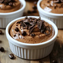To make the Mocha Greek Yogurt Mousse, gather these simple ingredients: - 1 cup plain Greek yogurt - 2 tablespoons cocoa powder - 1 tablespoon instant coffee or espresso powder - 2 tablespoons honey or maple syrup - 1 teaspoon vanilla extract - 1/4 cup chocolate protein powder (optional) - 1/2 cup whipped cream (optional for lightness) - A pinch of sea salt - Dark chocolate shavings (for garnish) - Coffee beans (for garnish, optional) Each ingredient plays a key role. The Greek yogurt gives it creaminess and protein. Cocoa powder offers a rich chocolate flavor. Instant coffee adds a nice kick, while honey or maple syrup sweetens it naturally. Vanilla extract enhances the taste. If you want more protein, add chocolate protein powder. Whipped cream can lighten the texture. A pinch of sea salt brings out the flavors. Finally, dark chocolate shavings and coffee beans make it look fancy. Feel free to tweak the sweetness or add more cocoa if you love chocolate. - In a mixing bowl, combine: - 1 cup plain Greek yogurt - 2 tablespoons cocoa powder - 1 tablespoon instant coffee or espresso powder - 2 tablespoons honey or maple syrup - 1 teaspoon vanilla extract - A pinch of sea salt Mix these dry ingredients well. I like to use a whisk to avoid lumps. It helps to get a smooth base. - If you want added protein, add 1/4 cup chocolate protein powder. Stir until smooth. Ensure everything is well combined. This step is key for a creamy texture. - For lightness, gently fold in 1/2 cup whipped cream. Use a spatula and be careful not to deflate the mixture. This adds a fluffy texture that makes the mousse feel light and airy. - Spoon the mousse into serving dishes or ramekins. Chill in the fridge for about 30 minutes. This gives time for the flavors to meld and the mousse to set. - When ready to serve, take the mousse out of the fridge. It should be firm yet creamy. - Garnish with dark chocolate shavings and, if you like, some coffee beans. This adds a nice touch and enhances the mocha flavor. When you make this mousse, taste is key. Start with the sweeteners you choose. I often use honey or maple syrup. After mixing all the ingredients, take a small taste. If it’s not sweet enough, add a bit more honey or syrup. You want a balance that suits your taste buds. If you want to try something different, consider alternative sweeteners. Stevia or agave syrup can work well too. Just remember, they can be sweeter than honey. You might need less. Always taste test to get it just right. Achieving the perfect mousse texture is important. You want it light and airy. When adding whipped cream, fold it in gently. This keeps the air in the mousse. Use a spatula and cut through the mix. Turn the bowl as you fold. This method gives you that dreamy texture. If you want a lighter mousse but don’t have whipped cream, you can use Greek yogurt alone. Just beat it well to make it fluffy. This keeps the mousse rich while lowering the fat. Always aim for a smooth and creamy texture. {{image_2}} You can change up the flavors in your Mocha Greek Yogurt Mousse easily. Here are two fun ways to do it: - Adding different types of extracts: Try almond or hazelnut extract. These give a nutty taste that pairs well with chocolate. Just add a few drops to your mix. Start with a small amount; you can always add more. - Incorporating fruit purees: Blend in some fruit purees like raspberry or banana. This adds a fruity twist to your dessert. It also gives a nice pop of color. Just fold in the puree after mixing your mousse. Making this mousse fit your diet is simple. Here are some ideas: - Vegan alternatives to Greek yogurt: Use coconut yogurt or almond yogurt instead of Greek yogurt. These options keep the mousse creamy. They also make it dairy-free and vegan-friendly. - Gluten-free options: The original recipe is gluten-free. Just make sure your cocoa powder and any other ingredients are gluten-free. This way, everyone can enjoy this tasty treat. This Mocha Greek Yogurt Mousse is packed with protein. Greek yogurt is your star source here. Each cup of plain Greek yogurt has about 20 grams of protein. This helps build muscle and keeps you full. The optional chocolate protein powder adds even more protein. If you choose to include it, you can add around 25 grams more. This dessert not only tastes great but boosts your diet too. Benefits of Greek yogurt include: - High protein content - Low in sugar - Contains probiotics for gut health Estimating calories per serving, this mousse is around 150-200 calories. The exact number will vary based on your ingredients. If you use whipped cream, it can add extra calories. Without whipped cream, the mousse stays lighter. Compared to traditional mousse, this version is much healthier. Typical mousse can have over 300 calories per serving. This means you get a tasty treat without too much guilt. Enjoy your dessert without worrying about the calorie count! You can store the mousse in the fridge for up to three days. Cover it well to keep it fresh. After three days, the texture may change. Yes, you can skip the protein powder. The mousse will still taste great! It will be lighter but still rich and creamy. Serve it chilled in small dishes or ramekins. You can add dark chocolate shavings on top. A few coffee beans make a nice garnish too. Yes, flavored Greek yogurt can work well. It will add extra taste to your mousse. Just be mindful of the sweetness from the yogurt. Adjust the honey or maple syrup if needed. This article covered how to make a delicious Mocha Greek Yogurt Mousse. You learned about the key ingredients, easy steps to prepare it, and tips for flavor and texture. You can even customize this dessert to fit your diet. In closing, enjoy this tasty treat as a snack or dessert. The mocha flavor offers a great boost. I hope you feel inspired to try this recipe and share it with others!