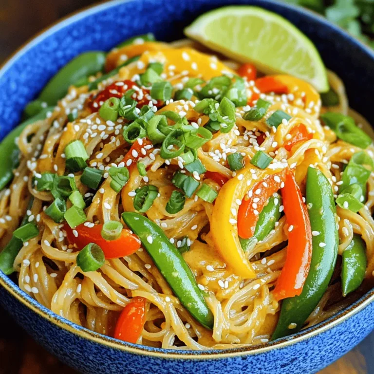To make Spicy Peanut Butter Noodles, gather these simple ingredients: - 8 oz spaghetti or rice noodles - 1/3 cup creamy peanut butter - 3 tablespoons soy sauce (or tamari for gluten-free) - 2 tablespoons sesame oil - 2 tablespoons rice vinegar - 2 tablespoons honey or maple syrup - 1 tablespoon sriracha (adjust to taste) - 1 clove garlic, minced - 1-inch piece ginger, grated (optional) - 1 cup bell peppers, thinly sliced - 1 cup snap peas, trimmed - 1/4 cup chopped green onions, for garnish - 2 tablespoons sesame seeds, for garnish You can make this dish your own. Here are some ideas: - Add cooked chicken, shrimp, or tofu for protein. - Mix in carrots or broccoli for extra veggies. - Swap honey for agave syrup for a vegan option. - Use lime juice instead of rice vinegar for a fresh twist. This recipe is great for many diets. Here are some swaps: - Use gluten-free noodles for a gluten-free meal. - Substitute maple syrup for honey to keep it vegan. - Replace peanut butter with almond or cashew butter if needed. - Omit sriracha for a milder dish or use a milder sauce. First, grab 8 ounces of spaghetti or rice noodles. Boil a pot of water. Add the noodles and cook according to the package instructions. Stir occasionally to prevent sticking. Once they are done, drain the noodles and set them aside. It’s best to keep them warm while you prepare the rest. Next, let’s make the peanut sauce. In a medium bowl, add 1/3 cup of creamy peanut butter. Then, mix in 3 tablespoons of soy sauce. Add 2 tablespoons of sesame oil and 2 tablespoons of rice vinegar. Sweeten with 2 tablespoons of honey or maple syrup. For some heat, include 1 tablespoon of sriracha. Finally, add 1 clove of minced garlic and a 1-inch piece of grated ginger if you like. Whisk everything until smooth. If it’s too thick, add a tablespoon of water. Now, heat a drizzle of sesame oil in a large skillet or wok over medium heat. Add 1 cup of thinly sliced bell peppers and 1 cup of trimmed snap peas. Stir-fry these for about 4-5 minutes. You want them to be tender but still crisp. The colors will brighten your dish! It’s time to bring it all together! Add the warm noodles to the skillet with the vegetables. Pour the peanut sauce over the top. Toss everything gently to coat the noodles and veggies in the sauce. Heat for an extra 2-3 minutes to meld the flavors. Once done, remove from heat, and transfer to a serving dish. Garnish with 1/4 cup of chopped green onions and sprinkle 2 tablespoons of sesame seeds on top for that perfect finish. To change the spice in your noodles, tweak the sriracha. Start with one tablespoon. If you like it hotter, add more little by little. You can also balance heat with honey or maple syrup. This makes the dish sweet and spicy. If the spice is too much, serve with lime wedges. The lime juice helps cool the heat. When cooking your noodles, follow the package instructions. This helps you get them just right. Use a large pot with plenty of water. Add a pinch of salt to the water for flavor. Stir the noodles occasionally to keep them from sticking. Drain them well but keep a little water to help with the sauce later. Garnishing makes your dish pop! Use chopped green onions for color and freshness. Sprinkle sesame seeds on top for a nice crunch. For a pop of color, add a few slices of lime. Drizzle some extra sriracha on top if you want more heat. Serve in individual bowls for a pretty look. {{image_2}} You can add many proteins to these spicy peanut butter noodles. Chicken, shrimp, or tofu work great. Just cook your protein separately and mix it in at the end. For chicken, grill or sauté until cooked. For shrimp, cook until they turn pink. For tofu, cube and fry until golden. These proteins enhance the flavors and make the dish heartier. This recipe is easy to make vegetarian or vegan. Simply use tofu or tempeh instead of meat. Choose maple syrup over honey for a vegan option. You can also add edamame for extra protein. This keeps the meal light while providing all essential nutrients. Get creative with your veggie choices! You can use zucchini, carrots, or broccoli. Just slice them thinly for quick cooking. Add them to the skillet with bell peppers and snap peas. This brings more colors and flavors to your plate. You can also try spinach or kale for a leafy twist. Mixing different vegetables makes the dish fun and unique. I love making extra Spicy Peanut Butter Noodles. After serving, let them cool. Place leftovers in an airtight container. They stay fresh in the fridge for about three to four days. When you're ready to enjoy leftovers, heat them gently. Use a skillet on low heat. Add a splash of water or a bit of extra sesame oil. This helps prevent the noodles from sticking. Stir often until everything is warm. You can freeze Spicy Peanut Butter Noodles if you want to save some for later. Place cooled noodles in a freezer-safe bag or container. Make sure to remove as much air as possible. They can stay in the freezer for up to three months. When you want to eat them again, thaw in the fridge overnight, then reheat. I love using spaghetti or rice noodles for this dish. Spaghetti gives a nice chew, while rice noodles are light and gluten-free. Both work great in soaking up the spicy peanut sauce. You can pick the type you like best! Yes, you can! Use rice noodles and tamari instead of regular soy sauce. Rice noodles are naturally gluten-free, making them a perfect choice. Just check that your peanut butter is also gluten-free. To tone down the heat, reduce the sriracha. Start with one teaspoon and taste as you go. You can also add more peanut butter or honey to balance the spice. Adding extra veggies can help too! Absolutely! Crunchy peanut butter adds a fun texture to the dish. It gives a nice contrast to the smooth sauce. Just remember that it may change the sauce’s consistency a bit, but it’s still delicious! Leftovers can last up to 3 days in the fridge. Store them in an airtight container to keep them fresh. When reheating, add a splash of water to loosen the sauce and heat gently. Enjoy your tasty meal again! This post covered a tasty recipe with many options to customize it. You learned about key ingredients, step-by-step cooking, and helpful tips. I shared ways to adjust spice and how to store your dish. Remember, you can vary proteins and vegetables to fit your taste. Enjoy cooking and experimenting with this dish! Each bite can be different and fun. Keep it simple, and happy cooking!
