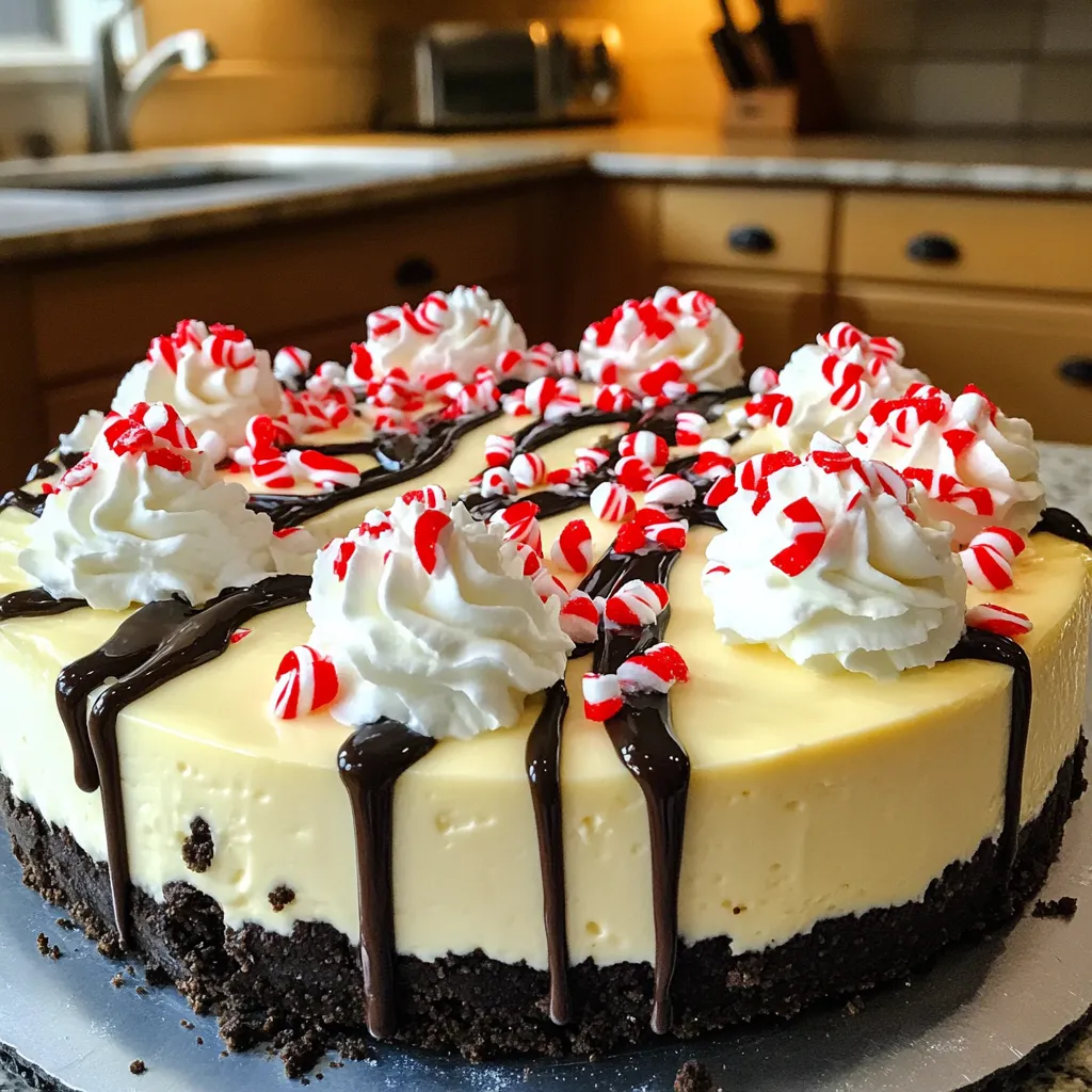 Here is what you need for the No-Bake Peppermint Bark Oreo Cheesecake: - 24 Oreo cookies, crushed - ½ cup unsalted butter, melted - 16 oz cream cheese, softened - ½ cup powdered sugar - 1 tsp vanilla extract - 1 cup heavy whipping cream - ½ cup crushed peppermint candies or candy canes - 1 cup semi-sweet chocolate chips - ½ cup white chocolate chips - Pinch of sea salt Each ingredient plays a key role in making this cheesecake a delight. The Oreo cookies create a rich crust, giving a great chocolate flavor. Unsalted butter helps bind the crust together. Cream cheese makes the filling creamy and smooth. Powdered sugar adds sweetness, while vanilla extract gives a nice aroma. Heavy whipping cream adds fluffiness to the cheesecake. Crushed peppermint candies give it that holiday cheer. The semi-sweet and white chocolate chips add layers of flavor. Finally, sea salt balances the sweetness, making each bite memorable. Gather these ingredients and get ready to create a festive treat! 1. Mix the crushed cookies with melted butter. Take 24 crushed Oreo cookies and ½ cup of melted unsalted butter. Stir them together in a medium bowl until combined. The mixture should look like wet sand. 2. Press the mixture into the pan. Take a 9-inch springform pan and press the mixture firmly into the bottom. Make sure it is even. This helps form a strong base. 3. Chill the crust. Place the pan in the refrigerator for about 15 minutes. This helps the crust to set and become firm. 1. Beat cream cheese with sugar and vanilla. In a large bowl, take 16 oz of softened cream cheese, ½ cup of powdered sugar, and 1 tsp of vanilla extract. Beat them together until smooth and creamy. This will be the base of your cheesecake. 2. Whip heavy cream to stiff peaks. In another bowl, pour in 1 cup of heavy whipping cream. Whip it with a mixer until stiff peaks form. This should take about 3 to 5 minutes. 3. Fold cream into the cheese mixture. Carefully fold the whipped cream into the cream cheese mixture. Use a spatula and mix gently. This keeps the filling light and fluffy. 1. Stir in crushed peppermint. Take ½ cup of crushed peppermint candies or candy canes and stir them into the cheesecake filling. Set some aside for later. 2. Pour filling over crust. Remove the crust from the fridge and pour the cheesecake filling over it. Smooth the top with a spatula for an even layer. 3. Drizzle melted chocolate layers. Melt 1 cup of semi-sweet chocolate chips in a microwave-safe bowl. Do this in 30-second bursts, stirring in between. After cooling slightly, drizzle it over the cheesecake. Repeat with ½ cup of white chocolate chips for a nice marbled look. 4. Add reserved peppermint. Sprinkle the reserved crushed peppermint on top for a festive finish. 5. Chill to set. Cover the cheesecake with plastic wrap and let it set in the fridge for at least 4 hours or overnight for best results. To whip cream well, chill your bowl and beaters. Start on low speed, then increase. This helps form stiff peaks. For a smooth cream cheese mixture, make sure the cream cheese is soft. Beat it with powdered sugar and vanilla until creamy. No lumps should remain. Garnish each slice with a dollop of whipped cream. Add a sprinkle of crushed peppermint on top. Use festive serving dishes to enhance the holiday feel. A red or green plate can make the dessert pop. Do not overmix your ingredients. This can make the cheesecake dense. Mix just until combined. Also, chill your cheesecake long enough. It needs at least four hours to set. For best results, let it chill overnight. {{image_2}} You can change the cookies in the crust. Try using chocolate graham crackers or mint cookies. These options add new tastes and textures. You can also jazz up the cheesecake itself. Mixing in coffee or melted chocolate gives it a rich twist. This can make each bite exciting and unique. For a gluten-free version, swap out the Oreos for gluten-free cookies. Many brands offer tasty options that work well. If you want a vegan cheesecake, use dairy-free cream cheese. You can also replace heavy cream with coconut cream. This keeps the flavor rich and creamy while making it dairy-free. Seasonal flavors can make this cheesecake even more fun. In the fall, use pumpkin spice for a cozy vibe. For winter holidays, try adding eggnog flavor. You can also use gingerbread spices for a festive touch. These twists keep the recipe fresh and exciting every time you make it. To keep your no-bake peppermint bark Oreo cheesecake fresh, store it in the fridge. Place it in an airtight container. This helps prevent the cheesecake from absorbing other odors. If you do not have a container, cover it tightly with plastic wrap. This way, it stays fresh and tasty. You can freeze cheesecake if you want to save some for later. First, make sure it is fully set. Once it's ready, wrap it well in plastic wrap. Then, place it in a freezer-safe container. This keeps it safe from freezer burn. When you want to eat it, take it out and let it thaw in the fridge. This usually takes about 4-6 hours. For quicker thawing, you can leave it at room temperature for about an hour. In the fridge, your cheesecake lasts about 5 days. If you freeze it, it can last up to 2 months. Just remember to check for any signs of freezer burn before you serve it. Enjoy your cheesecake at its best! Yes, you can make this cheesecake ahead of time. It stores well in the fridge. I recommend making it a day before you plan to serve it. This allows the flavors to blend nicely. To store, cover it with plastic wrap or foil. Keep it in an airtight container to keep it fresh. If you want a dairy-free option, use a vegan cream cheese. Brands like Tofutti or Kite Hill work well. You can also try using silken tofu. Blend it until smooth. This gives you a nice creamy texture. The cheesecake needs at least 4 hours to set. For best results, let it chill overnight. This helps it firm up nicely. It makes slicing easier and gives you a better texture. This blog post covered how to make a delicious Oreo cheesecake. We discussed all the ingredients you'll need and guided you through each step. You learned some tips for perfecting the texture and preventing common mistakes. We also explored variations, storage tips, and answered your questions about this treat. With this knowledge, you can create a cheesecake that's both tasty and impressive. Enjoy baking and sharing your creation with family and friends. Happy cheesecake making!