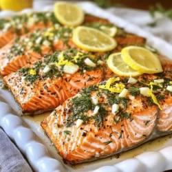 To make this dish, you need a few key items. Here’s what you will gather: - 4 salmon fillets (about 6 ounces each) - 4 cloves garlic, minced - 3 tablespoons fresh parsley, chopped - 2 tablespoons fresh dill, chopped - 1 tablespoon fresh thyme leaves - 1 lemon, zested and juiced - 3 tablespoons olive oil - Salt and black pepper to taste - Lemon slices for garnish These ingredients come together to create a tasty, healthy meal. The salmon is rich in omega-3 fats, making it good for your heart. The herbs and garlic add bright flavors. Fresh herbs make this dish special. The parsley adds a fresh taste. Dill gives a sweet, grassy flavor. Thyme brings earthiness, which balances the dish. Garlic is key for depth and aroma. Using fresh herbs makes a big difference in taste. If you don’t have a specific ingredient, here are some swaps you can try: - Use 1 teaspoon of dried herbs for every tablespoon of fresh herbs. - Swap salmon for trout or cod if you prefer. - Try avocado oil instead of olive oil for a different flavor. - Use lime instead of lemon for a twist on taste. These substitutes will keep your dish flavorful, even if you’re missing an ingredient. Adjust according to what you have at home! First, gather all your ingredients. You will need garlic, parsley, dill, thyme, lemon, olive oil, salt, and pepper. Mince four cloves of garlic finely. Chop three tablespoons of fresh parsley and two tablespoons of fresh dill. Take one tablespoon of fresh thyme leaves and add them to the bowl. Next, zest one lemon and squeeze its juice into the mix. Add three tablespoons of olive oil, along with salt and black pepper to taste. Stir everything together to make a smooth herb paste. Preheat your oven to 400°F (200°C). Line a baking sheet with parchment paper. Place four salmon fillets skin-side down on the sheet. Spread the garlic herb mixture evenly on top of each fillet. Drizzle fresh lemon juice over the salmon, then place lemon slices on top for extra flavor. Bake the salmon in the oven for 12 to 15 minutes. The fish should easily flake with a fork and look opaque. For perfectly flaky salmon, do not overcook it. Keep an eye on the time and check for doneness. A fork should easily separate the fish into flakes. If you have a meat thermometer, aim for an internal temperature of 145°F (63°C). Let the salmon rest for a couple of minutes after baking. This helps the juices settle, making every bite juicy and tender. Enjoy your delicious garlic herb roasted salmon! When picking salmon, look for bright color. Fresh salmon should have shiny skin. The flesh should feel firm and spring back when you press it. Avoid fillets with brown spots or a fishy smell. If possible, buy wild-caught salmon for better flavor. Ask your fishmonger about the best options. Serve your garlic herb roasted salmon with seasonal veggies. Roasted asparagus, green beans, or a light salad work well. Add a side of quinoa or rice for a complete meal. You can also use a fresh lemon wedge to squeeze over the top for more zing. For drinks, pair it with a light white wine or sparkling water. To boost flavor, try marinating your salmon before cooking. A mix of olive oil, lemon juice, and herbs works great. You can also add toppings like sliced almonds or feta cheese for texture. Experiment with different herbs, like basil or cilantro, to change the taste. Each option brings new life to this simple dish. {{image_2}} You can change the herbs for a new taste. Try using basil or oregano. Each herb gives a unique flavor. You can also mix in some chives or cilantro. These herbs add freshness and brightness. If you like a bolder taste, add rosemary or sage. Each option can make your dish special. You can cook this salmon in different ways. Grilling gives a nice smoky flavor. To grill, preheat your grill to medium heat. Place the salmon on a grill mat or foil. Cook for about 6-8 minutes on each side. Baking is simple and keeps the salmon moist. Just follow the oven steps in the recipe. Both ways work well, so choose what you like best. Want to spice things up? Add red pepper flakes or a dash of cayenne pepper. This will give your salmon a kick. For a sweet twist, drizzle honey or maple syrup on top. This adds a nice glaze. You can also mix in a bit of soy sauce for umami flavor. These options let you tailor the dish to your taste. To keep leftover salmon fresh, let it cool down first. Place the salmon in an airtight container. Cover it well to avoid air. Store it in the fridge for up to three days. If you want to keep it longer, consider freezing. When reheating, your goal is to keep the salmon moist. Preheat your oven to 275°F (135°C). Place the salmon on a baking sheet. Cover it with foil to trap steam. Heat for about 15 minutes. Check to make sure it is warm but not overcooked. For freezing, wrap each salmon fillet in plastic wrap. Then, place them in a freezer-safe bag. Squeeze out as much air as you can. Label the bag with the date. You can freeze the salmon for up to three months. To thaw, leave it in the fridge overnight before reheating. It takes about 12-15 minutes to cook salmon at 400°F. Check the fish after 12 minutes. It should easily flake with a fork when done. If you see it turning opaque, it's a good sign. Salmon should reach an internal temperature of 145°F. Use a meat thermometer to check. When it hits this temperature, the fish is safe to eat and will be tender. Yes, you can use dried herbs if fresh ones are not available. Use about one-third of the amount. Dried herbs are stronger in flavor, so adjust to taste. I love serving it with seasonal vegetables or a light salad. Roasted asparagus or a fresh green salad pairs well. You can also add some quinoa or rice for a balanced meal. This article shared how to make garlic herb roasted salmon. We discussed key ingredients, their substitutes, and step-by-step instructions. You learned tips for selecting salmon and flavorful pairings. I also shared storage methods and answered common questions. Cooking salmon can be easy and fun. Use fresh herbs and your favorite seasonings for the best taste. Enjoy your cooking journey and make this dish your own!