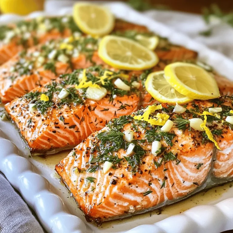 To make this dish, you need a few key items. Here’s what you will gather: - 4 salmon fillets (about 6 ounces each) - 4 cloves garlic, minced - 3 tablespoons fresh parsley, chopped - 2 tablespoons fresh dill, chopped - 1 tablespoon fresh thyme leaves - 1 lemon, zested and juiced - 3 tablespoons olive oil - Salt and black pepper to taste - Lemon slices for garnish These ingredients come together to create a tasty, healthy meal. The salmon is rich in omega-3 fats, making it good for your heart. The herbs and garlic add bright flavors. Fresh herbs make this dish special. The parsley adds a fresh taste. Dill gives a sweet, grassy flavor. Thyme brings earthiness, which balances the dish. Garlic is key for depth and aroma. Using fresh herbs makes a big difference in taste. If you don’t have a specific ingredient, here are some swaps you can try: - Use 1 teaspoon of dried herbs for every tablespoon of fresh herbs. - Swap salmon for trout or cod if you prefer. - Try avocado oil instead of olive oil for a different flavor. - Use lime instead of lemon for a twist on taste. These substitutes will keep your dish flavorful, even if you’re missing an ingredient. Adjust according to what you have at home! First, gather all your ingredients. You will need garlic, parsley, dill, thyme, lemon, olive oil, salt, and pepper. Mince four cloves of garlic finely. Chop three tablespoons of fresh parsley and two tablespoons of fresh dill. Take one tablespoon of fresh thyme leaves and add them to the bowl. Next, zest one lemon and squeeze its juice into the mix. Add three tablespoons of olive oil, along with salt and black pepper to taste. Stir everything together to make a smooth herb paste. Preheat your oven to 400°F (200°C). Line a baking sheet with parchment paper. Place four salmon fillets skin-side down on the sheet. Spread the garlic herb mixture evenly on top of each fillet. Drizzle fresh lemon juice over the salmon, then place lemon slices on top for extra flavor. Bake the salmon in the oven for 12 to 15 minutes. The fish should easily flake with a fork and look opaque. For perfectly flaky salmon, do not overcook it. Keep an eye on the time and check for doneness. A fork should easily separate the fish into flakes. If you have a meat thermometer, aim for an internal temperature of 145°F (63°C). Let the salmon rest for a couple of minutes after baking. This helps the juices settle, making every bite juicy and tender. Enjoy your delicious garlic herb roasted salmon! When picking salmon, look for bright color. Fresh salmon should have shiny skin. The flesh should feel firm and spring back when you press it. Avoid fillets with brown spots or a fishy smell. If possible, buy wild-caught salmon for better flavor. Ask your fishmonger about the best options. Serve your garlic herb roasted salmon with seasonal veggies. Roasted asparagus, green beans, or a light salad work well. Add a side of quinoa or rice for a complete meal. You can also use a fresh lemon wedge to squeeze over the top for more zing. For drinks, pair it with a light white wine or sparkling water. To boost flavor, try marinating your salmon before cooking. A mix of olive oil, lemon juice, and herbs works great. You can also add toppings like sliced almonds or feta cheese for texture. Experiment with different herbs, like basil or cilantro, to change the taste. Each option brings new life to this simple dish. {{image_2}} You can change the herbs for a new taste. Try using basil or oregano. Each herb gives a unique flavor. You can also mix in some chives or cilantro. These herbs add freshness and brightness. If you like a bolder taste, add rosemary or sage. Each option can make your dish special. You can cook this salmon in different ways. Grilling gives a nice smoky flavor. To grill, preheat your grill to medium heat. Place the salmon on a grill mat or foil. Cook for about 6-8 minutes on each side. Baking is simple and keeps the salmon moist. Just follow the oven steps in the recipe. Both ways work well, so choose what you like best. Want to spice things up? Add red pepper flakes or a dash of cayenne pepper. This will give your salmon a kick. For a sweet twist, drizzle honey or maple syrup on top. This adds a nice glaze. You can also mix in a bit of soy sauce for umami flavor. These options let you tailor the dish to your taste. To keep leftover salmon fresh, let it cool down first. Place the salmon in an airtight container. Cover it well to avoid air. Store it in the fridge for up to three days. If you want to keep it longer, consider freezing. When reheating, your goal is to keep the salmon moist. Preheat your oven to 275°F (135°C). Place the salmon on a baking sheet. Cover it with foil to trap steam. Heat for about 15 minutes. Check to make sure it is warm but not overcooked. For freezing, wrap each salmon fillet in plastic wrap. Then, place them in a freezer-safe bag. Squeeze out as much air as you can. Label the bag with the date. You can freeze the salmon for up to three months. To thaw, leave it in the fridge overnight before reheating. It takes about 12-15 minutes to cook salmon at 400°F. Check the fish after 12 minutes. It should easily flake with a fork when done. If you see it turning opaque, it's a good sign. Salmon should reach an internal temperature of 145°F. Use a meat thermometer to check. When it hits this temperature, the fish is safe to eat and will be tender. Yes, you can use dried herbs if fresh ones are not available. Use about one-third of the amount. Dried herbs are stronger in flavor, so adjust to taste. I love serving it with seasonal vegetables or a light salad. Roasted asparagus or a fresh green salad pairs well. You can also add some quinoa or rice for a balanced meal. This article shared how to make garlic herb roasted salmon. We discussed key ingredients, their substitutes, and step-by-step instructions. You learned tips for selecting salmon and flavorful pairings. I also shared storage methods and answered common questions. Cooking salmon can be easy and fun. Use fresh herbs and your favorite seasonings for the best taste. Enjoy your cooking journey and make this dish your own!
