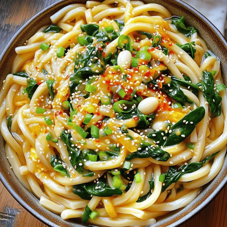 - 400g udon noodles - 4 tablespoons unsalted butter - 6 cloves garlic, minced - 1 teaspoon red pepper flakes (adjust to taste) - 2 tablespoons soy sauce - 1 tablespoon sesame oil - 1 tablespoon chili oil - 2 green onions, finely sliced - 1 cup baby spinach - Salt and pepper to taste - Sesame seeds for garnish Udon noodles are thick and chewy. They soak up flavors well. Unsalted butter gives a rich taste. Minced garlic adds a strong aroma. Red pepper flakes bring heat. Soy sauce adds umami. Sesame oil gives a nutty flavor. Chili oil boosts spice and depth. Green onions add freshness and crunch. Baby spinach adds color and nutrients. Salt and pepper season the dish. For udon noodles, look for fresh or frozen ones. They taste better than dried. I prefer high-quality unsalted butter for a clean flavor. Choose fresh garlic for the best aroma. Use low-sodium soy sauce to control saltiness. For oils, go with pure sesame and chili oil. They enhance flavor greatly. Fresh green onions and baby spinach make a big difference, so buy them from a local market. Start by boiling a big pot of salted water. This helps the noodles cook well. Once it boils, add the udon noodles. Cook them for about 3-5 minutes, as the package says. Stir gently to avoid sticking. After they are soft, drain the noodles and set them aside. In a large skillet, place unsalted butter over medium heat. Watch it melt slowly. Then, add minced garlic and red pepper flakes. Stir this mix for about 1-2 minutes. You want it fragrant but not brown. If the garlic browns, it can taste bitter. Now, it’s time to bring the noodles and sauce together. Add the cooked udon noodles to the skillet. Pour in soy sauce, sesame oil, and chili oil. Toss everything well. You want each noodle to be coated in that tasty garlic butter sauce. This step is key for flavor! Next, add the baby spinach and half of the sliced green onions. Toss again until the spinach wilts. This should take about 1-2 minutes. Taste the noodles. If they need it, sprinkle in salt and pepper. Finally, plate the delicious noodles. Garnish with the rest of the green onions and sesame seeds. This adds a nice crunch and looks great! To cook udon noodles well, follow these tips: - Use a large pot with plenty of water. This helps the noodles cook evenly. - Add salt to the boiling water. It enhances the noodle's flavor. - Cook the noodles for the time listed on the package. Most take 3-5 minutes. - Stir gently while cooking. This prevents them from sticking together. - Drain and rinse the noodles quickly. This stops the cooking process. Adjusting the spice in your dish is easy: - Start with a small amount of red pepper flakes. You can always add more later. - If you want less heat, reduce the chili oil. A little goes a long way. - Taste the dish as you cook. This helps you find the right balance for you. - Adding more butter or spinach can tone down the heat. They help mellow the spice. You can boost the flavor of your udon noodles with these ideas: - Add vegetables like bell peppers or carrots for crunch and color. - Toss in cooked proteins like chicken, shrimp, or tofu for a hearty meal. - Squeeze fresh lime juice on top for a bright, zesty finish. - Experiment with herbs like cilantro or basil for fresh flavor. - A sprinkle of crushed peanuts adds a lovely texture and taste. {{image_2}} You can easily make this dish vegetarian or vegan. For a vegetarian option, just skip the chili oil that has meat-based ingredients. Use a plant-based butter for the vegan version. You can also add tofu for protein. This adds a nice texture and keeps it hearty. If you want more protein, add chicken, tofu, or shrimp. For chicken, use cooked, shredded pieces. Tofu works best when it’s firm. Pan-fry it until golden. Shrimp should be added right before the noodles. Cook until they turn pink and opaque. These proteins add flavor and make the meal filling. Feel free to mix up the sauces. You can use teriyaki sauce for a sweet taste. Sriracha is another great option if you want more heat. You can also try adding miso paste for a umami kick. Each of these options will change the flavor while keeping it delicious. To keep your spicy garlic butter udon noodles fresh, place them in an airtight container. Make sure to cool the noodles to room temperature first. Store them in the fridge for up to three days. This way, they stay tasty and safe to eat later. When you want to enjoy leftovers, reheat them gently. Use a skillet over medium heat. Add a splash of water or extra chili oil to help them warm up. Stir often to prevent sticking. This keeps the noodles flavorful and moist. You can also use a microwave, but cover the noodles to avoid drying them out. If you want to freeze your udon noodles, they can last up to three months. First, let the noodles cool completely. Then, place them in a freezer-safe bag. Remove as much air as possible before sealing. When you're ready to eat, thaw in the fridge overnight. Reheat them in a skillet with a bit of oil for the best taste. Yes, you can use other noodles. Soba or rice noodles work well. Just adjust cooking times. Udon noodles give a chewy bite, which I love. But feel free to explore! To lower the spice, cut back on red pepper flakes. You can leave them out entirely. Adding more butter or spinach can also help cool the heat. A splash of coconut milk adds creaminess without spice. If you don't have sesame oil, use olive oil or avocado oil. These oils add a nice flavor but won't be identical. You can also try nut oils, like walnut oil, for a different twist. Leftovers can last for about three to four days in the fridge. Store them in an airtight container. Reheat in a pan or microwave. Add a bit of water or broth to keep them moist while heating. We've explored the key ingredients, step-by-step cooking, and useful tips for your udon dish. You learned about ingredient quality, attention to detail in cooking, and ways to customize flavors. Remember, you can adjust spice levels and try different versions, like vegetarian options. Store leftovers properly to enjoy later. This guide simplifies making udon, no matter your style. Now, you have all you need to create a delicious meal. Enjoy your cooking journey!
