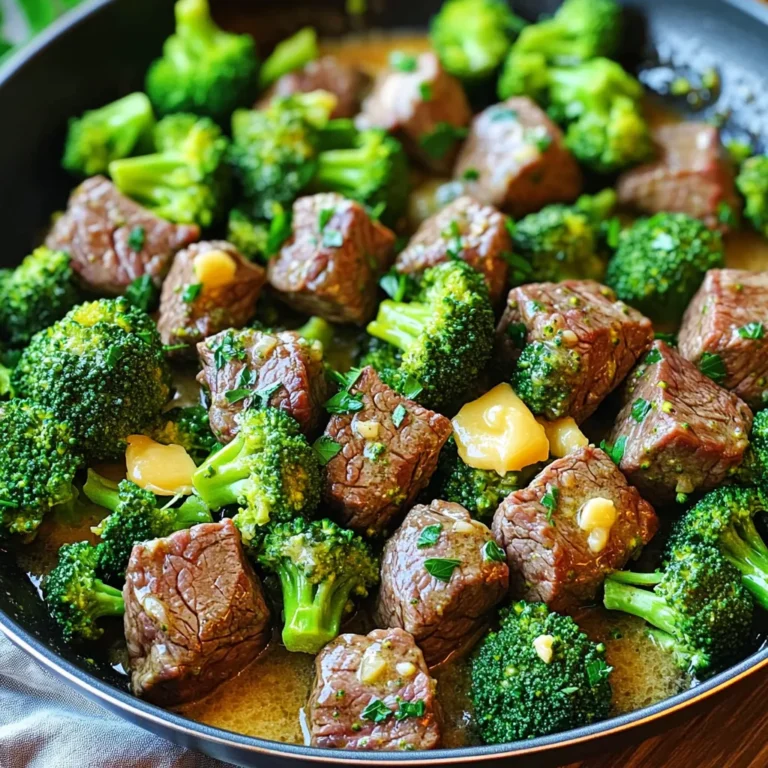 For the Garlic Butter Steak Broccoli Skillet, you need: - 1 lb sirloin steak, cut into bite-sized cubes - 2 tablespoons olive oil - 4 tablespoons unsalted butter - 4 cloves garlic, minced - 2 cups broccoli florets - 1 teaspoon salt (adjust to taste) - 1 teaspoon black pepper - 1 teaspoon smoked paprika - 1 tablespoon fresh parsley, chopped (for garnish) The key seasonings bring bold flavor to this dish. Salt and black pepper create a solid base. Smoked paprika adds just the right touch of warmth and depth. These seasonings enhance the steak and broccoli while keeping the dish simple. Adjust salt to fit your taste. You can always add more later if needed. Garnishes make the dish look nice and add flavor. Fresh parsley is a great choice. It brings a hint of freshness and color. You can also try lemon zest for a bright note. A sprinkle of red pepper flakes adds some heat if you like spice. These small touches can elevate your meal. Start by cutting the sirloin steak into small cubes. This helps it cook fast and evenly. Next, season the cubes with salt, black pepper, and smoked paprika. Mix well and let them sit for a few minutes. This gives the flavors time to soak in. Grab a large skillet and heat one tablespoon of olive oil over medium heat. Once hot, add the broccoli florets. Sauté them for about 4-5 minutes. You want them bright green and tender but not mushy. Once done, remove the broccoli from the skillet and set it aside. In the same skillet, add the other tablespoon of olive oil and turn the heat to medium-high. When the oil is hot, add the seasoned steak cubes in a single layer. Let them sear for 2-3 minutes without stirring. Then, flip the cubes over and cook for another 2-3 minutes. This gives them a nice brown crust. Cook until they reach your preferred doneness. Now, lower the heat to medium. Push the steak to one side of the skillet. On the other side, add the unsalted butter and minced garlic. Sauté the garlic for about 30 seconds until it smells amazing. Then, mix the garlic into the steak. This step adds rich flavor to the dish. Return the cooked broccoli to the skillet. Toss everything together gently so the broccoli gets coated in the garlic butter. This brings all the flavors together. Make sure everything is well combined and heated through. Remove the skillet from heat. Sprinkle fresh parsley over the top for a pop of color. Serve your Garlic Butter Steak Broccoli Skillet right away. Enjoy this simple yet tasty meal with your family or friends! For this dish, I recommend using sirloin steak. Sirloin is tender and flavorful. It cooks well in a skillet and is perfect for quick meals. You can also use ribeye or flank steak if you prefer. Just make sure they are cut into bite-sized cubes. This helps them cook evenly and quickly. Seasoning is key to a great Garlic Butter Steak Broccoli Skillet. I suggest starting with salt, pepper, and smoked paprika. You can adjust these to fit your taste. If you like spice, add a pinch of cayenne pepper. For a milder flavor, skip the paprika. Always taste as you go. This way, you can create the best flavor for you and your family. Sautéing broccoli is simple but important. Use fresh broccoli florets for the best taste. Heat olive oil in the skillet over medium heat. Cook the broccoli for about 4-5 minutes. You want it bright green and tender, but not mushy. Stir it gently to avoid burning. Once done, set it aside before cooking the steak. This keeps the flavors bright and fresh. {{image_2}} You can easily switch up the veggies in this dish. Try using green beans, snap peas, or bell peppers. Cauliflower also works well and adds a nice texture. Just remember to adjust cooking times. For example, green beans need a bit less time than broccoli. Always aim for tender and bright veggies. While sirloin steak is great, you can use other cuts too. Ribeye adds more fat and flavor, while flank steak is leaner and still tasty. You can also use chicken or shrimp for a lighter option. Just adjust cooking times based on your choice of meat. For chicken, make sure it reaches 165°F for safety. Want to jazz it up? Add some soy sauce or Worcestershire sauce for depth. A splash of lemon juice brightens the dish and balances the richness. You can also try different herbs like thyme or rosemary for a fresh twist. A pinch of crushed red pepper can add heat if you enjoy spice. To keep your Garlic Butter Steak Broccoli Skillet fresh, let it cool first. Use an airtight container for storage. This helps keep the flavors strong. You can store it in the fridge for up to three days. Make sure to label the container with the date. This way, you can track how long it’s been stored. When you’re ready to eat, reheating is quick and easy. Place your meal in a skillet over medium heat. Add a splash of water or broth to prevent it from drying out. Heat for about five to seven minutes. Stir occasionally to warm it evenly. You can also use a microwave. Cover it with a damp paper towel. Heat for one to two minutes, checking every 30 seconds. If you want to save some for later, this dish freezes well. Pack it in an airtight container or freezer bag. Be sure to remove as much air as possible. This prevents freezer burn. You can freeze it for up to three months. When you’re ready to eat, thaw it overnight in the fridge. Then reheat as mentioned above. It takes about 25 minutes to make this dish. You’ll spend 10 minutes prepping and 15 minutes cooking. This quick time makes it ideal for busy nights. Yes, you can use frozen broccoli. Just cook it a bit longer to ensure it’s tender. Fresh broccoli gives a better texture, but frozen works in a pinch. You can serve this dish with rice, quinoa, or a simple salad. Mashed potatoes or crusty bread are also great choices. These sides balance the meal nicely. You can prepare the steak and broccoli ahead. Store them in the fridge for up to two days. Reheat everything in a skillet when you're ready to serve. This blog post covered the key steps to making Garlic Butter Steak Broccoli Skillet. We explored the ingredients, preparation, and tips for perfecting each part. You learned about the best steak cuts and how to tweak seasonings. Variations help you customize the dish to your taste. Remember, proper storage and reheating are key to keeping flavors fresh. Enjoy this dish and feel free to experiment with it. Trust me, your taste buds will not be disappointed.
