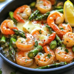 - 1 pound large shrimp, peeled and deveined - 1 bunch asparagus, trimmed and cut into 2-inch pieces - 4 tablespoons unsalted butter - 4 cloves garlic, minced - 1 teaspoon lemon zest - 2 tablespoons fresh lemon juice - 1 teaspoon red pepper flakes - Salt and pepper to taste - Fresh parsley, chopped for garnish - Lemon wedges for serving To make this Garlic Butter Shrimp and Asparagus Skillet, gather your ingredients. Start with one pound of large shrimp. Make sure they are peeled and deveined. Next, grab one bunch of asparagus. Trim it and cut it into 2-inch pieces. You will need four tablespoons of unsalted butter. This adds richness to the dish. For flavor, use four cloves of garlic, minced finely. You will also need one teaspoon of lemon zest. This adds a bright taste. For a fresh kick, use two tablespoons of fresh lemon juice. If you like some heat, add one teaspoon of red pepper flakes. Season the dish with salt and pepper to taste. For a lovely finish, chop fresh parsley to garnish. Finally, have lemon wedges ready for serving. This dish looks great and tastes even better. First, take a large skillet and melt 2 tablespoons of butter over medium heat. Once the butter is melted, add 4 cloves of minced garlic and 1 teaspoon of red pepper flakes. Cook this mixture for about 1 minute until the garlic smells good. Next, increase the heat to medium-high. Add 1 pound of large, peeled, and deveined shrimp to the skillet. Season the shrimp with salt and pepper. Cook for 2 to 3 minutes until they turn pink and opaque. When they are ready, remove the shrimp from the skillet and set them aside. In the same skillet, add the remaining 2 tablespoons of butter. Once it melts, toss in the trimmed and cut asparagus pieces. Season them with salt and pepper too. Sauté the asparagus for about 4 to 5 minutes. You want them to be tender-crisp, which means they should be bright green and still have a bit of crunch. Now, return the cooked shrimp to the skillet with the asparagus. Add 1 teaspoon of lemon zest and 2 tablespoons of fresh lemon juice to the mix. Stir everything together until it is all heated through, which takes about 1 to 2 minutes. This step brings all the flavors together, making every bite delicious. - Choosing the right shrimp: Always opt for large, fresh shrimp. They offer the best flavor and texture. Look for shrimp that are firm and have a slight sea smell. You can use frozen shrimp if fresh is not available, but make sure to thaw them properly before cooking. - Timing for perfect asparagus: Asparagus cooks quickly. You want it tender-crisp, not mushy. Sauté it for about 4-5 minutes until bright green. This keeps its crunch and flavor intact. If you start cooking the asparagus too early, it can become overcooked by the time the shrimp is ready. - Adjusting spice levels with red pepper flakes: Red pepper flakes add a nice kick. If you like it mild, use less. For more heat, add more flakes. Start with 1/2 teaspoon and taste as you go. You can always add more, but it’s hard to take heat out. - Best side dishes to pair with the recipe: Garlic butter shrimp and asparagus go well with rice or quinoa. A light salad also works nicely. You can serve it with crusty bread to soak up the garlic butter. - Creative presentation ideas: For a fun twist, serve the dish in a large bowl with lemon wedges on the side. You can also sprinkle extra parsley on top for color. Using colorful plates can make your meal look more inviting. {{image_2}} You can easily change the veggies or seafood in this dish. If you don't have asparagus, try using broccoli, snap peas, or green beans. These veggies cook well and add great taste. They keep the dish fresh and crisp. For seafood, shrimp is great, but you can swap it for scallops, crab, or even fish fillets. Each choice will bring a new flavor and texture. Just adjust the cooking time for different seafood types. To boost flavor, think about adding fresh herbs like basil, thyme, or dill. These herbs add a nice pop of taste. You can mix them in while cooking or sprinkle them on top before serving. Also, try different citrus flavors. Besides lemon, you could use lime or orange for a twist. Each citrus brings a unique zing that pairs well with shrimp and veggies. Just zest and juice them like you would with lemon. To keep your garlic butter shrimp and asparagus fresh, store leftovers in an airtight container. Place the container in the fridge. This will keep it tasty for up to three days. When you want to reheat, use a skillet on low heat. This helps keep the shrimp tender and the asparagus crisp. Stir gently while heating to keep the flavors intact. If you want to save some for later, freezing is a great option. First, let the dish cool completely. Then, pack it in a freezer-safe container. It can last up to three months in the freezer. When you are ready to eat, thaw it in the fridge overnight. To reheat, use a skillet over medium heat. Add a splash of water or broth to keep it moist. Stir until everything is heated through. Enjoy your meal even after storing! Can I use frozen shrimp for this recipe? Yes, you can use frozen shrimp! Just thaw them first. Rinse them under cold water. Pat them dry before cooking. This helps get rid of extra moisture. It also helps the shrimp cook evenly. How to make this dish dairy-free? To make this dish dairy-free, replace the butter. Use olive oil or a vegan butter substitute. Both options will give you a great flavor. You might miss some creaminess, but the garlic and lemon will still shine. What can I substitute for lemon juice? If you don’t have lemon juice, try lime juice or vinegar. Both will add a nice tang. You can also use citrus zest for flavor. Just keep in mind that the taste will change a bit. This dish of garlic butter shrimp and asparagus is simple and delicious. You learned what ingredients you need and how to cook them step by step. From choosing the right shrimp to tips on storing leftovers, this recipe offers many options. Explore variations to make it your own. Enjoy it fresh or store it for later. Your meals can be quick and tasty with a few easy changes. Happy cooking!