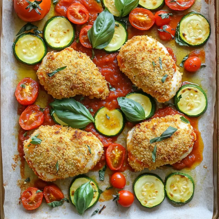 - 4 boneless, skinless chicken breasts - 1 cup breadcrumbs (preferably panko) - 1/2 cup grated Parmesan cheese - Garlic powder, Italian seasoning, salt, and black pepper - 2 large zucchinis, sliced into half-moons - 1 red bell pepper, sliced - 1 cup cherry tomatoes, halved - 1 tablespoon olive oil - 1 cup marinara sauce (for serving) - Fresh basil leaves (for garnish) I love how simple and fresh this recipe is. You need four chicken breasts. They should be boneless and skinless for the best results. Panko breadcrumbs give a great crunch. Mix them with half a cup of grated Parmesan cheese. Add garlic powder, Italian seasoning, salt, and black pepper for flavor. For the veggies, grab two large zucchinis and slice them into half-moons. A red bell pepper adds a nice sweetness and color. Use one cup of cherry tomatoes, halved, to enhance the dish's freshness. Don’t forget the olive oil! Just one tablespoon will help the veggies roast nicely. Finally, you’ll want marinara sauce for serving. A small handful of fresh basil leaves makes for a beautiful garnish. This dish is both colorful and tasty. All the ingredients come together to create a meal that is fun to prepare and delightful to eat. 1. First, preheat your oven to 425°F (220°C). This ensures even cooking. 2. Next, line a large baking sheet with parchment paper. This helps with easy cleanup. 3. In a shallow dish, mix the breadcrumbs, Parmesan cheese, garlic powder, Italian seasoning, salt, and black pepper. This creates a tasty coating. 1. Pat the chicken breasts dry with paper towels. This helps the coating stick well. 2. Dip each chicken breast into the breadcrumb mixture. Press down to coat each piece fully. This gives a nice crunch. 1. Arrange the coated chicken breasts in the center of the baking sheet. 2. In a large bowl, toss the sliced zucchinis, red bell pepper, and cherry tomatoes with olive oil, salt, and pepper. Spread these around the chicken on the sheet pan. The veggies add color and flavor. 3. Bake in the preheated oven for 25-30 minutes. Look for golden brown chicken. The internal temperature should reach 165°F (75°C) for safety. 4. After baking, remove the sheet pan from the oven. Spoon marinara sauce over each chicken breast. Return to the oven for 5 more minutes to warm the sauce. 5. Serve hot, garnished with fresh basil leaves. This adds a nice touch of flavor and color. To make your chicken crispy, use panko breadcrumbs. Panko adds a great crunch. It’s lighter and flakier than regular breadcrumbs. This will make a big difference in texture. For the best coating, dry the chicken breasts first. Pat them with paper towels before dipping. This helps the breadcrumbs stick better. Dip the chicken in the breadcrumb mix, pressing down firmly. Make sure each piece is fully coated. This ensures every bite is crispy. When picking veggies, choose those that roast well. Zucchini, bell peppers, and cherry tomatoes are great choices. They add color and flavor. Try to cut them into even sizes. This helps them cook evenly. Toss the veggies in olive oil and seasoning before baking. Spread them out on the pan. This allows each piece to get that nice roasted flavor. If they’re too crowded, they might steam instead of roast. For side dishes, a simple salad works well. A fresh green salad adds crunch. Garlic bread is also a tasty addition. It pairs nicely with the chicken and sauce. When serving, add marinara sauce on top of the chicken. This adds moisture and flavor. For extra flair, sprinkle fresh basil on top. It brightens up the dish and adds freshness. {{image_2}} For gluten-free options, you can use ground almonds or gluten-free breadcrumbs. These will give you great texture without the gluten. If you want a vegetarian dish, swap the chicken for tofu or eggplant. Tofu absorbs flavors well and gives a nice crunch when baked. Eggplant offers a meaty texture that works great with the other flavors. To boost flavor, try adding spices like paprika or crushed red pepper. These will add warmth and a hint of heat to your dish. You can also consider using other cheeses. Mozzarella is a classic choice, but goat cheese or feta can add a unique twist. Each cheese brings its own flavor profile that can change the whole dish. When it comes to veggies, feel free to mix it up with seasonal choices. Asparagus and carrots make excellent additions in spring. In the fall, consider adding butternut squash or Brussels sprouts. Adding colorful veggies not only makes the dish look great but also adds more nutrients. Don’t hesitate to play with different textures too, like crunchy bell peppers or soft tomatoes. To store leftovers, let the dish cool first. Place the chicken and veggies in an airtight container. This keeps them fresh. Use glass or plastic containers with tight lids. They help prevent spills and odors. You can freeze both cooked and uncooked versions. To freeze cooked chicken, let it cool completely. Wrap it tightly in plastic wrap. Then put it in a freezer bag. For uncooked chicken, coat it with the breadcrumb mix first. Store it in a freezer-safe container. When you're ready to eat, thaw the chicken in the fridge overnight. For quick meals, you can cook it straight from frozen. Just add a few extra minutes to the cooking time. In the fridge, your dish lasts about 3 to 4 days. If you freeze it, the chicken can last up to 3 months. Always check for signs of spoilage. If chicken smells bad or looks off, throw it away. Keeping an eye on your food helps you stay safe and healthy. It takes about 25 to 30 minutes to bake the Crispy Chicken Parmesan. You need to check the chicken's doneness by using a meat thermometer. The internal temperature should reach 165°F (75°C). When the chicken is golden brown, it is ready. Yes, you can prepare this dish ahead of time. You can coat the chicken and cut the veggies in advance. Store them in the fridge for up to a day. When you are ready to bake, just follow the cooking steps. This method saves time on busy days. You can use both store-bought and homemade marinara sauce. If you choose store-bought, look for a brand with fewer additives. Homemade sauce can offer more flavor and freshness. You can easily make it by simmering crushed tomatoes with garlic and herbs. This blog post showed how to create a tasty Crispy Chicken Parmesan dish. We covered all you need, from key ingredients to easy steps. I shared tips for extra crispiness and ways to mix it up for different diets. Storing leftovers properly keeps your meal fresh and safe. With this guide, you can impress others and enjoy a great meal. Keep experimenting with flavors and make this dish your own!