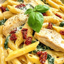 - 2 boneless, skinless chicken breasts, sliced - 8 oz. penne pasta - 1 cup sun-dried tomatoes, chopped (in oil) - 3 cloves garlic, minced - 1 cup heavy cream - 1 cup chicken broth - 1 cup fresh spinach, chopped - 1/2 cup grated Parmesan cheese - 2 tablespoons olive oil - 1 teaspoon Italian seasoning - Salt and pepper to taste - Fresh basil leaves, for garnish This creamy sun-dried tomato chicken pasta serves four. Each serving has about: - Calories: 550 - Protein: 40g - Carbohydrates: 45g - Fat: 25g - Fiber: 3g This dish provides a hearty meal with protein and healthy fats. The sun-dried tomatoes add a burst of flavor and nutrients. - Large pot for boiling pasta - Large skillet for cooking chicken and sauce - Wooden spoon for stirring - Measuring cups for precise ingredients - Knife and cutting board for chopping ingredients These tools will help you cook efficiently and enjoy every step of the process. Start with a large pot. Fill it with water and add salt. Bring the water to a boil. Add 8 oz. of penne pasta. Cook it based on the package instructions. Once done, drain the pasta and set it aside. In a large skillet, heat 2 tablespoons of olive oil over medium-high heat. Slice 2 boneless, skinless chicken breasts. Season the chicken with salt, pepper, and 1 teaspoon of Italian seasoning. Cook the chicken for 5 to 7 minutes. It should turn golden brown. Once cooked through, remove it from the skillet and set it aside. In the same skillet, add 3 cloves of minced garlic and 1 cup of chopped sun-dried tomatoes. Sauté for 1 to 2 minutes. This step brings out the flavors. When the garlic smells good, it’s time for the next step. Now, add 1 cup of chicken broth and 1 cup of heavy cream into the skillet. Stir everything well. Bring the mixture to a gentle simmer. Let it thicken for about 3 to 4 minutes. Then, return the cooked chicken to the skillet. Add in 1 cup of chopped fresh spinach and 1/2 cup of grated Parmesan cheese. Cook for another 2 to 3 minutes. The spinach should wilt, and the sauce will become creamy. Add the drained penne pasta to the skillet. Toss everything gently. Make sure the pasta gets well coated with the creamy sun-dried tomato sauce. This step is key to flavor. Now, taste the dish. Adjust the seasoning with salt and pepper if needed. Serve hot and garnish with fresh basil leaves. This adds a lovely touch! Enjoy your creamy sun-dried tomato chicken pasta! To make a creamy sauce, use heavy cream. This thickens and adds richness. Start with a gentle simmer after adding the cream. Stir often to avoid burning. If the sauce looks too thin, let it simmer longer. You can also add more cheese for extra creaminess. Use boneless, skinless chicken breasts for this dish. Slice them evenly for even cooking. Heat your skillet well before adding the chicken. This helps to brown it nicely. Cook for about 5-7 minutes until golden. Always check that the chicken is cooked through. A meat thermometer should read 165°F (75°C) inside. Fresh herbs can elevate your dish. Use basil as a garnish for a fresh taste. You can also add chopped parsley or thyme to the sauce. Add herbs at the end of cooking for the best flavor. This keeps their bright taste and color. Always taste before serving to adjust flavors. {{image_2}} You can easily swap the chicken with other proteins. Shrimp works great and cooks fast. Use 1 pound of shrimp, peeled and deveined. Sauté it until pink and tender. For a heartier option, try turkey or even tofu. Each choice adds its own flavor and texture. To make this dish vegetarian, skip the chicken. Use 1 can of drained chickpeas instead. They add protein and a nice bite. You can also include extra veggies like bell peppers or zucchini. Sauté them alongside the garlic and sun-dried tomatoes. This way, you keep all the rich flavors while making it plant-based. For a gluten-free meal, use gluten-free pasta. Many great options are available, like rice or quinoa pasta. Cook them just like regular pasta. Always check the package for cooking times, as they can vary. This way, everyone can enjoy the creamy sun-dried tomato chicken pasta without worry. To keep your creamy sun-dried tomato chicken pasta fresh, place leftovers in an airtight container. Make sure it cools down first. Store it in the fridge for up to three days. If you want to keep it longer, freezing is a great option. When you’re ready to enjoy your leftovers, reheat them gently. You can use a microwave or a skillet on low heat. If the sauce looks thick, add a splash of chicken broth or cream. This will help bring back that creamy texture. If you want to freeze your creamy sun-dried tomato chicken pasta, use a freezer-safe container. It can last up to three months. When you’re ready to eat, thaw it overnight in the fridge. Then, reheat as mentioned above. Yes, you can use fresh tomatoes. However, sun-dried tomatoes have a strong flavor. If you choose fresh ones, cook them down to a paste for better taste. This will help mimic the depth of sun-dried tomatoes. I love penne pasta for this dish. Its shape holds the sauce well. You can also use fusilli or farfalle for fun twists. Just choose a pasta that can catch the creamy sauce. To make this dish dairy-free, swap heavy cream with coconut milk or cashew cream. Use nutritional yeast instead of Parmesan cheese for a cheesy flavor. This keeps the dish rich without dairy. Yes, you can prepare the components ahead. Cook the chicken and sauce, then store them. When ready to eat, cook the pasta and combine everything. This saves time and keeps flavors fresh. This blog covered the key steps to make a flavorful dish. We discussed the right ingredients and cooking tools. I shared tips for creamy sauces and juicy chicken. You learned how to customize the recipe with easy swaps. Also, we went over how to store and reheat leftovers effectively. In the end, cooking should be fun and tasty. Enjoy trying these ideas in your kitchen!