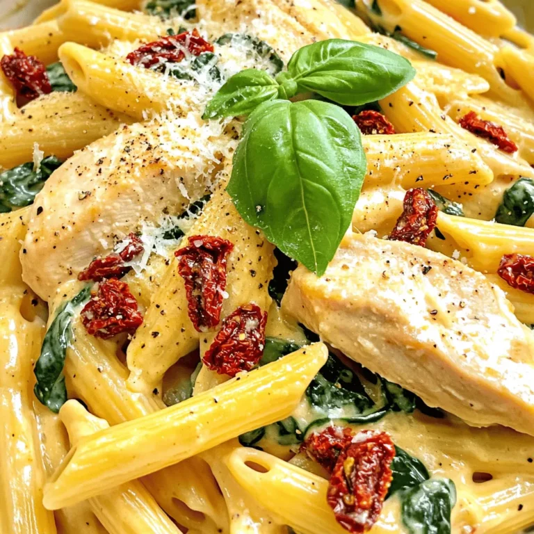 - 2 boneless, skinless chicken breasts, sliced - 8 oz. penne pasta - 1 cup sun-dried tomatoes, chopped (in oil) - 3 cloves garlic, minced - 1 cup heavy cream - 1 cup chicken broth - 1 cup fresh spinach, chopped - 1/2 cup grated Parmesan cheese - 2 tablespoons olive oil - 1 teaspoon Italian seasoning - Salt and pepper to taste - Fresh basil leaves, for garnish This creamy sun-dried tomato chicken pasta serves four. Each serving has about: - Calories: 550 - Protein: 40g - Carbohydrates: 45g - Fat: 25g - Fiber: 3g This dish provides a hearty meal with protein and healthy fats. The sun-dried tomatoes add a burst of flavor and nutrients. - Large pot for boiling pasta - Large skillet for cooking chicken and sauce - Wooden spoon for stirring - Measuring cups for precise ingredients - Knife and cutting board for chopping ingredients These tools will help you cook efficiently and enjoy every step of the process. Start with a large pot. Fill it with water and add salt. Bring the water to a boil. Add 8 oz. of penne pasta. Cook it based on the package instructions. Once done, drain the pasta and set it aside. In a large skillet, heat 2 tablespoons of olive oil over medium-high heat. Slice 2 boneless, skinless chicken breasts. Season the chicken with salt, pepper, and 1 teaspoon of Italian seasoning. Cook the chicken for 5 to 7 minutes. It should turn golden brown. Once cooked through, remove it from the skillet and set it aside. In the same skillet, add 3 cloves of minced garlic and 1 cup of chopped sun-dried tomatoes. Sauté for 1 to 2 minutes. This step brings out the flavors. When the garlic smells good, it’s time for the next step. Now, add 1 cup of chicken broth and 1 cup of heavy cream into the skillet. Stir everything well. Bring the mixture to a gentle simmer. Let it thicken for about 3 to 4 minutes. Then, return the cooked chicken to the skillet. Add in 1 cup of chopped fresh spinach and 1/2 cup of grated Parmesan cheese. Cook for another 2 to 3 minutes. The spinach should wilt, and the sauce will become creamy. Add the drained penne pasta to the skillet. Toss everything gently. Make sure the pasta gets well coated with the creamy sun-dried tomato sauce. This step is key to flavor. Now, taste the dish. Adjust the seasoning with salt and pepper if needed. Serve hot and garnish with fresh basil leaves. This adds a lovely touch! Enjoy your creamy sun-dried tomato chicken pasta! To make a creamy sauce, use heavy cream. This thickens and adds richness. Start with a gentle simmer after adding the cream. Stir often to avoid burning. If the sauce looks too thin, let it simmer longer. You can also add more cheese for extra creaminess. Use boneless, skinless chicken breasts for this dish. Slice them evenly for even cooking. Heat your skillet well before adding the chicken. This helps to brown it nicely. Cook for about 5-7 minutes until golden. Always check that the chicken is cooked through. A meat thermometer should read 165°F (75°C) inside. Fresh herbs can elevate your dish. Use basil as a garnish for a fresh taste. You can also add chopped parsley or thyme to the sauce. Add herbs at the end of cooking for the best flavor. This keeps their bright taste and color. Always taste before serving to adjust flavors. {{image_2}} You can easily swap the chicken with other proteins. Shrimp works great and cooks fast. Use 1 pound of shrimp, peeled and deveined. Sauté it until pink and tender. For a heartier option, try turkey or even tofu. Each choice adds its own flavor and texture. To make this dish vegetarian, skip the chicken. Use 1 can of drained chickpeas instead. They add protein and a nice bite. You can also include extra veggies like bell peppers or zucchini. Sauté them alongside the garlic and sun-dried tomatoes. This way, you keep all the rich flavors while making it plant-based. For a gluten-free meal, use gluten-free pasta. Many great options are available, like rice or quinoa pasta. Cook them just like regular pasta. Always check the package for cooking times, as they can vary. This way, everyone can enjoy the creamy sun-dried tomato chicken pasta without worry. To keep your creamy sun-dried tomato chicken pasta fresh, place leftovers in an airtight container. Make sure it cools down first. Store it in the fridge for up to three days. If you want to keep it longer, freezing is a great option. When you’re ready to enjoy your leftovers, reheat them gently. You can use a microwave or a skillet on low heat. If the sauce looks thick, add a splash of chicken broth or cream. This will help bring back that creamy texture. If you want to freeze your creamy sun-dried tomato chicken pasta, use a freezer-safe container. It can last up to three months. When you’re ready to eat, thaw it overnight in the fridge. Then, reheat as mentioned above. Yes, you can use fresh tomatoes. However, sun-dried tomatoes have a strong flavor. If you choose fresh ones, cook them down to a paste for better taste. This will help mimic the depth of sun-dried tomatoes. I love penne pasta for this dish. Its shape holds the sauce well. You can also use fusilli or farfalle for fun twists. Just choose a pasta that can catch the creamy sauce. To make this dish dairy-free, swap heavy cream with coconut milk or cashew cream. Use nutritional yeast instead of Parmesan cheese for a cheesy flavor. This keeps the dish rich without dairy. Yes, you can prepare the components ahead. Cook the chicken and sauce, then store them. When ready to eat, cook the pasta and combine everything. This saves time and keeps flavors fresh. This blog covered the key steps to make a flavorful dish. We discussed the right ingredients and cooking tools. I shared tips for creamy sauces and juicy chicken. You learned how to customize the recipe with easy swaps. Also, we went over how to store and reheat leftovers effectively. In the end, cooking should be fun and tasty. Enjoy trying these ideas in your kitchen!