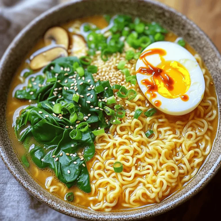 To make a great bowl of Spicy Garlic Ramen, gather these key ingredients: - 4 cups chicken or vegetable broth - 2 packages of instant ramen noodles (discard the seasoning packets) - 4 cloves garlic, minced - 1 tablespoon ginger, grated - 2 tablespoons soy sauce - 1 tablespoon sesame oil - 1 tablespoon sriracha (adjust to taste) - 1 cup baby spinach - 1 cup shiitake mushrooms, sliced - 2 green onions, chopped (for garnish) These ingredients form the base of your ramen. They create a rich, savory broth that packs a punch. You can add even more flavor with these optional ingredients: - 1 tablespoon chili paste or sauce (for extra heat) - 2 soft-boiled eggs (for topping) - Sesame seeds (for garnish) The chili paste adds an extra layer of spice. Soft-boiled eggs offer creaminess, while sesame seeds add crunch. These pantry items help keep your kitchen ready for ramen nights: - Soy sauce - Sriracha - Sesame oil Having these staples ensures you can whip up this dish anytime. You can adjust the heat and flavor to your liking with these ingredients. Start by heating sesame oil in a large pot over medium heat. Add minced garlic and grated ginger. Sauté them for 1-2 minutes until they smell great. Next, pour in 4 cups of chicken or vegetable broth. Bring this mixture to a boil. Stir in 2 tablespoons of soy sauce, 1 tablespoon of sriracha, and chili paste if you want more heat. Reduce the heat and let it simmer for about 5 minutes. This builds a rich flavor base. Now, it’s time to cook the ramen noodles. Add 2 packages of instant ramen noodles to the simmering broth. Cook them according to the package instructions, which usually takes about 3-4 minutes. Stir gently to prevent sticking. The noodles should become tender and soak up the broth's flavor. In the last minute of cooking, add 1 cup of sliced shiitake mushrooms and 1 cup of baby spinach. Stir them in and let them cook until they wilt. This adds color and nutrition. Once everything is cooked, ladle the ramen into bowls. If you like, top each bowl with a soft-boiled egg. Finish by sprinkling chopped green onions and sesame seeds over the top. Enjoy your spicy garlic ramen! To make a great broth, start with good quality chicken or vegetable broth. Heat sesame oil in a pot. Add minced garlic and grated ginger. Sauté them for 1-2 minutes until you smell the aroma. Next, pour in your broth and bring it to a boil. Add soy sauce, sriracha, and chili paste if you want more heat. Let it simmer for 5 minutes. Taste your broth and adjust the flavors. More sriracha makes it spicier. More soy sauce gives it more depth. Cooking ramen noodles is easy. Just follow the package instructions. Usually, it takes around 3-4 minutes. Make sure not to overcook them. You want them tender yet firm. If you cook them too long, they can get mushy. Add the noodles to the broth when it’s almost ready. This way, they soak up all that delicious flavor. Garnishes can make your ramen look special. Use chopped green onions to add color and freshness. A sprinkle of sesame seeds adds a nice crunch. If you like eggs, add soft-boiled eggs on top. They are creamy and rich. You can also toss in some baby spinach for a pop of green. Each topping adds texture and flavor, making your ramen more enjoyable. {{image_2}} You can easily make this dish vegetarian or vegan. Use vegetable broth instead of chicken broth. Sauté garlic and ginger in vegetable oil for the base. Skip the soft-boiled eggs, or use a plant-based egg substitute. Add more vegetables like carrots, bell peppers, or zucchini for great taste and texture. This recipe works well with different proteins. If you like chicken, add cooked, shredded chicken for a hearty meal. For a vegan choice, include cubed tofu. Silken tofu adds creaminess, while firm tofu holds its shape well. Cook the protein in the broth for extra flavor. Adjust the heat to match your taste. If you want it milder, cut back on sriracha or skip the chili paste. Add a dash of sugar to balance the heat. For extra spice, add more sriracha or sliced fresh chilies. You can also try different hot sauces for unique flavors. To store leftover ramen, let it cool down first. Place it in an airtight container. Keep the noodles separate from the broth if you can. This helps them stay firm. Store it in the fridge for up to three days. If you mix it, eat it within two days for best taste. When reheating, add a little water to the broth. Heat it on medium-low heat in a pot. Stir it gently to warm it up evenly. For the noodles, you can microwave them for 30 seconds. Then, mix them into the broth. Taste and add more seasoning if needed. You can freeze the broth and noodles separately. Use freezer-safe bags or containers. Keep the broth for up to three months. For noodles, they are best used within one month. To use, thaw in the fridge overnight. Reheat the broth and noodles together on the stove. Enjoy your meal as if it were fresh! Yes, you can use any ramen noodles you like. Instant noodles work best for quick meals. Fresh ramen noodles give a nice texture and taste. Just don’t use the seasoning packets that come with them. They can overpower your broth flavor. The best toppings make your ramen shine. Here are my favorites: - Soft-boiled eggs add creaminess. - Chopped green onions give a fresh crunch. - Sesame seeds add a nice touch. - You can also add sliced jalapeños for more heat. - Baby corn or bean sprouts add more texture. Feel free to mix and match these toppings to suit your taste. To dial down the heat, reduce the sriracha and chili paste. You can skip the chili paste altogether. Adding more broth or vegetables helps balance the spice too. Consider adding a dollop of sour cream or yogurt. This will cool down the flavors nicely. You now know the essential and optional ingredients for Spicy Garlic Ramen. We covered how to prepare the broth and cook the noodles. You learned tips for perfecting flavor, adjusting spice, and adding toppings. We explored vegetarian options and how to store leftovers. Spicy Garlic Ramen can fit any taste or diet. Adjust the recipe to your needs and enjoy a hearty meal. Dive into making this tasty dish today. Your next bowl of ramen awaits!