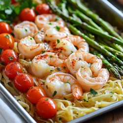 - 1 pound large shrimp, peeled and deveined - 4 tablespoons unsalted butter, melted - 4 cloves garlic, minced - 1 lemon, zested and juiced - 1 teaspoon chili flakes (optional) - ½ teaspoon smoked paprika - 2 cups cherry tomatoes, halved - 1 cup asparagus, trimmed and cut into 2-inch pieces - 8 oz linguine or spaghetti, broken in half - Salt and pepper to taste - Fresh parsley, chopped, for garnish The ingredients in this dish create a burst of flavor. First, you want fresh, large shrimp. They bring a juicy, tender bite that pairs well with garlic. You need unsalted butter, which adds richness and allows you to control salt. Garlic is a must. Minced garlic gives a strong aroma and taste that enhances the dish. A fresh lemon brings bright acidity. You can use both the zest and juice for full flavor. Optional items like chili flakes add heat, while smoked paprika can bring a subtle smokiness. Cherry tomatoes add sweetness and juicy texture. Asparagus adds color and crunch. For the pasta, I recommend linguine or spaghetti. Break the pasta in half for easier mixing. Don’t forget salt and pepper. They help balance the dish. Lastly, fresh parsley makes a lovely garnish, adding color and freshness. With these ingredients, you build layers of flavor. Each bite is a delightful mix of taste and texture, making this dish a true winner. 1. Preheat your oven to 400°F (200°C). This step is key for even cooking. Line a large sheet pan with parchment paper. It makes cleaning up easy later. 2. Mix the garlic butter marinade. In a large bowl, combine the melted butter, minced garlic, lemon zest, lemon juice, chili flakes (if you like heat), smoked paprika, and a good pinch of salt and pepper. Stir it all well to blend the flavors. 3. Marinate the shrimp. Add the large shrimp to the bowl. Toss them in the garlic butter mixture until they are well coated. Let the shrimp sit for about 10 minutes. This helps them soak up all that tasty flavor. 1. Spread the vegetables on the sheet pan. Place the halved cherry tomatoes and trimmed asparagus evenly over the parchment. Drizzle with a bit of olive oil, then add salt and pepper. Toss them around to coat them well. 2. Position the shrimp and pasta. Create a space in the center of the pan for the marinated shrimp. Then, sprinkle the broken linguine around the shrimp and vegetables. This setup allows all the flavors to blend while baking. 1. Bake the dish. Place the sheet pan in your preheated oven. Bake for 12-15 minutes. Check the shrimp; they should turn pink and opaque. The pasta should be al dente. 2. Finishing touches. Once cooked, take the pan out and let it cool for a few minutes. Garnish with freshly chopped parsley. This adds color and freshness to your dish. Marinating shrimp makes a big difference. Letting them sit in the garlic butter mix for about 10 minutes helps them soak up the flavor. If you like some heat, add chili flakes. Adjust the amount to fit your taste. You can also try smoked paprika for a smoky touch. Cooking pasta just right is key. Make sure it is al dente before adding it to the sheet pan. This means it should still have a bit of bite. Using parchment paper is a smart choice. It helps with easy cleanup and keeps the dish from sticking. Presentation can make your dish pop. You can serve it right on the sheet pan for a casual feel. If you want something fancier, plate the shrimp and pasta individually. Drizzle some extra lemon juice on top for a fresh touch. This makes the dish look bright and appetizing. {{image_2}} You can easily swap the shrimp for other seafood. Try scallops, fish, or crab. Each adds a new flavor. Mixing in extra veggies can also boost this dish. Add bell peppers, zucchini, or even broccoli for more nutrients. If you need a gluten-free option, use gluten-free pasta. There are many brands available that taste great. For a lower-calorie dish, reduce the butter. You can use just two tablespoons and still get great flavor. Add fresh herbs like basil or thyme for a unique twist. You can also try spices like lemon pepper or cayenne for extra heat. These small changes can make your dish stand out. After enjoying your Garlic Butter Shrimp Scampi, store any leftovers in a sealed container. This keeps the dish fresh and tasty. You can keep it in the fridge for up to three days. Make sure it cools down before sealing to avoid moisture build-up. If you want to save the dish for later, freezing works well! Place the cooled shrimp scampi in an airtight container or freezer bag. It will stay good in the freezer for about two months. When you're ready to eat, take it out and thaw it in the fridge overnight. To heat, place your thawed dish in a pan over low heat. Stir gently until warmed through. You can also use the microwave for quick reheating. Just be careful not to overcook the shrimp. Enjoy your delicious meal again! How do I know when the shrimp are done cooking? You can tell shrimp are done when they turn pink and opaque. This usually takes about 12-15 minutes in the oven. When done, they will curl slightly. Make sure not to overcook them, as they can become tough. Can I make this recipe ahead of time? Yes, you can prep the garlic butter and marinate the shrimp ahead of time. Just keep them in the fridge. When you're ready to cook, spread the veggies and shrimp on the sheet pan and bake. This makes meal prep easy! What can I use instead of linguine? If you want a change, you can use spaghetti, fettuccine, or even gluten-free pasta. You can also skip the pasta and serve the shrimp and veggies over rice or quinoa for a different twist. What to do if the pasta is overcooked? If your pasta is overcooked, it gets mushy. To fix this, you can try to dry it out in a pan on low heat. Stir it gently. Add a bit of olive oil to help it regain some texture. But, watch it closely so it doesn't burn! Can I use frozen shrimp in this recipe? Yes, you can use frozen shrimp. Just thaw them before marinating. A quick way is to put them in a bowl of cold water for about 15 minutes. Drain and pat dry before using in the recipe. What sides go well with shrimp scampi? Shrimp scampi pairs well with a fresh green salad or garlic bread. You can also serve it with a side of steamed broccoli or a light vegetable medley. These sides add color and balance to your meal. This dish combines fresh shrimp, garlic, and pasta for a simple, tasty meal. We explored ingredients, preparation, baking, and easy tips. You can swap seafood, try gluten-free pasta, or customize flavors. Store leftovers properly for later enjoyment. Cooking at home is fun and rewarding. I hope this recipe inspires you to create your own delicious shrimp scampi. Enjoy every bite!