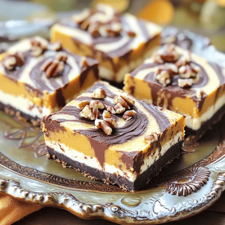 To make these bars, you need some key ingredients: - 1 ½ cups graham cracker crumbs - ½ cup unsalted butter, melted - 2 tablespoons brown sugar - 16 oz cream cheese, softened - 1 cup pumpkin puree - ¾ cup granulated sugar - ½ cup sour cream - 3 large eggs - 2 teaspoons vanilla extract - 1 teaspoon ground cinnamon - ½ teaspoon ground nutmeg - ½ teaspoon salt - 1 cup semi-sweet chocolate chips, melted These ingredients blend to create a rich, creamy texture and a tasty flavor. You can swap some ingredients if needed. For a healthier crust, use almond flour instead of graham cracker crumbs. Coconut oil can replace unsalted butter. If you want less sugar, use a sugar substitute, like stevia. You can also add spices like ginger or cloves to enhance the flavor. For a fun twist, try adding mini marshmallows or caramel swirls. Select fresh, high-quality ingredients. Look for real pumpkin puree, not pumpkin pie filling. Choose full-fat cream cheese for the best texture. When buying chocolate chips, pick semi-sweet for perfect sweetness. Check the expiration dates on all items. Fresh ingredients will make your bars taste amazing. Start by preheating your oven to 350°F (175°C). Grab a 9x13 inch baking pan. Line it with parchment paper, leaving some paper hanging over the sides. This makes it easy to lift the bars out later. In a mixing bowl, mix 1 ½ cups of graham cracker crumbs with ½ cup of melted unsalted butter and 2 tablespoons of brown sugar. Stir until it feels like wet sand. Press this mixture firmly into the bottom of the pan. Bake it for 10 minutes, then take it out and let it cool slightly. In a large bowl, beat 16 oz of softened cream cheese until it’s smooth and creamy. Add 1 cup of pumpkin puree, ¾ cup of granulated sugar, ½ cup of sour cream, and 3 large eggs. Then, mix in 2 teaspoons of vanilla extract, 1 teaspoon of ground cinnamon, ½ teaspoon of ground nutmeg, and ½ teaspoon of salt. Blend everything until it’s well combined and smooth. Set aside 1 cup of the cheesecake batter in a separate bowl. Pour the rest over your cooled crust. Spread it out evenly. Now, melt 1 cup of semi-sweet chocolate chips. Drizzle this melted chocolate over the cheesecake layer. Then, place dollops of the reserved cheesecake batter on top. Use a knife or skewer to gently swirl the chocolate and pumpkin batter together. This creates a beautiful marbled effect. Now you are ready to bake! To get a smooth and creamy cheesecake, start with softened cream cheese. Cold cream cheese makes lumps. Use a hand mixer or stand mixer to beat it until it is silky. Add the pumpkin puree and mix until smooth. This step is key for a creamy texture. Don’t rush; take your time to blend well. To create a stunning swirl, pour the melted chocolate over the cheesecake batter. Use a spoon to dollop the reserved cheesecake batter on top. Take a knife or skewer and gently swirl. Don’t overdo it; a few swirls will create a lovely marble effect. This adds a fun look and taste. Watch your cheesecake closely while it bakes. The edges should puff up slightly, and the center may look soft. It will firm up as it cools. Set a timer for 45 minutes, but check for doneness around 40 minutes. If the top cracks, don’t worry; it will still taste great. Let it cool completely before chilling for best results. {{image_2}} You can change the flavors of your pumpkin chocolate swirl cheesecake bars. Try adding some almond extract for a nutty taste. You can also use peanut butter in place of some cream cheese for a rich twist. If you want a fruity touch, add some orange zest or even a layer of raspberry puree. Mix-ins like chopped walnuts or pecans can enhance the texture and flavor. To make a gluten-free crust, swap the graham cracker crumbs for gluten-free crumbs. You can find these at most grocery stores. Use gluten-free cookies like almond or coconut cookies for a unique flavor. Ensure the butter is also gluten-free, as most butter is, but check labels to be safe. For a vegan version, replace the cream cheese with a vegan cream cheese alternative. Use silken tofu blended until smooth if you prefer. Instead of eggs, you can use flax eggs; simply mix 1 tablespoon of ground flaxseed with 2.5 tablespoons of water for each egg. Substitute the sour cream with coconut yogurt to keep it creamy and rich. To keep your pumpkin chocolate swirl cheesecake bars fresh, store them in the fridge. Place them in an airtight container. This helps them stay moist and tasty. If they are not in a container, cover them well with plastic wrap. Make sure no air can get in. This method keeps flavors strong for days. Freezing is a great option if you want to enjoy these bars later. First, let the bars cool completely. Then, cut them into squares. Wrap each square in plastic wrap. After that, place them in a freezer bag or container. This keeps them safe from freezer burn. You can freeze them for up to three months. To eat, just thaw them in the fridge overnight. These cheesecake bars last about five to seven days in the fridge. For the best taste, serve them cold. You can add a drizzle of melted chocolate on top for extra flavor. Chopped pecans or whipped cream also make great toppings. They add texture and a nice look to your dessert. Enjoy these bars at gatherings or as a sweet treat any day! Yes, you can make these bars a day or two ahead. Just follow the recipe and chill them. They taste even better after sitting in the fridge. This gives the flavors time to blend. Just remember to cover them well to keep them fresh. If you don’t have pumpkin puree, try using sweet potato puree. It has a similar texture and taste. You can also use butternut squash puree. Both options work great in this recipe. Check the edges of the bars. They should look slightly puffed and set. The center might still jiggle a bit. This is normal. If it looks too wobbly, give it a few more minutes in the oven. Just don’t overbake or they will dry out. Absolutely! Chopped pecans or walnuts add a nice crunch. You can sprinkle them on top before baking. You can also drizzle more melted chocolate on top for extra flavor. Just make sure you balance the toppings with the creamy filling. You learned about making delicious Pumpkin Chocolate Swirl Cheesecake Bars. We covered key ingredients, tips for texture, and storage best practices. The steps to create the perfect swirl can elevate your dessert. Don’t forget the variations for spice. You can tailor these bars to your taste or dietary needs. With this knowledge, you’re ready to impress. Enjoy your baking and the happy faces that follow!