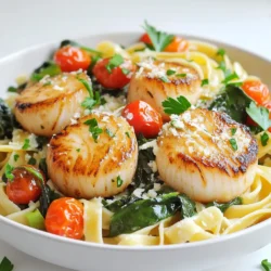 - 1 pound sea scallops, cleaned and patted dry - 8 ounces linguine or spaghetti - 4 tablespoons unsalted butter - 4 cloves garlic, minced - 1 teaspoon red pepper flakes (adjust to taste) - 1 lemon, juiced and zested - 1 cup cherry tomatoes, halved - 2 cups fresh spinach - Fresh parsley, chopped (for garnish) - Salt and pepper to taste - Grated Parmesan cheese (optional for serving) This dish shines with its fresh and simple ingredients. The sea scallops are the star, bringing a sweet and delicate flavor. I love using fresh pasta like linguine or spaghetti. Their texture holds the sauce well. Garlic is key here. It adds warmth and depth to the dish. Red pepper flakes give a nice kick. Adjust them based on your heat preference. Always aim for balance. Butter creates a rich sauce, but I also add olive oil for flavor. Fresh veggies like cherry tomatoes and spinach add brightness. They also provide color and nutrients. Seasoning is vital. Use salt and pepper to enhance all flavors. Don’t forget the lemon juice and zest. They bring freshness and zest to every bite. Garnish with chopped parsley and Parmesan cheese for a finishing touch. The cheese adds creaminess, and parsley offers a pop of color. Each ingredient plays a role in making this dish truly delightful. To cook the pasta, start with a large pot. Fill it with water and add salt. Bring the water to a boil. Once boiling, add your linguine or spaghetti. Cook it according to the package directions. You want the pasta to be al dente, which means it should be firm but not hard. This usually takes about 8 to 10 minutes. When done, reserve half a cup of pasta water. Drain the pasta and set it aside. Now, we need to sear the scallops. In a large skillet, melt 2 tablespoons of butter over medium-high heat. Season the scallops with salt and pepper. Place them in the skillet in a single layer. This is key to getting a nice sear. Cook each side for about 2 to 3 minutes. The scallops should turn golden brown and become opaque. Once done, remove them from the skillet and set them aside. Next, it’s time to make the garlic butter sauce. In the same skillet, lower the heat to medium. Add the remaining 2 tablespoons of butter, minced garlic, and red pepper flakes. Sauté these for 1 to 2 minutes. You want the garlic to smell amazing but not burn. Add the halved cherry tomatoes to the skillet. Cook them for 2 to 3 minutes until they start to soften. Then, stir in the fresh spinach. Cook until the spinach wilts down. Now, combine the pasta and sauce. Add the cooked pasta to the skillet. Pour in the reserved pasta water, lemon juice, and lemon zest. Toss everything together until well mixed and heated through. If the pasta looks dry, add more pasta water. Finally, gently fold in the seared scallops. Allow everything to warm together for about one minute. This helps the flavors blend beautifully. To cook scallops perfectly, start with a hot skillet. Heat the pan until it is very hot. This step helps the scallops sear well. Use two tablespoons of butter for the best taste. Cook scallops for about 2-3 minutes on each side. You want them golden brown and opaque. Avoid moving them too much. This helps form a nice crust. To prevent overcooking, remove the scallops once they are done. They can become rubbery if you cook them too long. Keep an eye on them as they cook. You can boost the flavor with simple seasoning. Use salt and pepper to enhance the scallops. A squeeze of fresh lemon juice adds brightness. This step brings out the natural sweetness of the scallops. When preparing garlic, mince it finely. This way, it releases its full flavor. Add it to the pan just before the scallops. This method prevents the garlic from burning. For a beautiful presentation, serve the dish in shallow bowls. This style looks elegant and allows the colors to shine. Drizzle some lemon juice over the top for extra flavor. Garnish with fresh parsley. It adds a pop of color and freshness. You can also sprinkle grated Parmesan cheese on top, if you like. Pair this dish with a crisp white wine, such as Sauvignon Blanc. A fresh baguette on the side is perfect for soaking up the sauce. {{image_2}} You can switch up the pasta in this dish. If you want a gluten-free option, try rice or corn pasta. Whole wheat pasta adds more fiber and a nutty taste. Both options work well with the garlic butter sauce. Just adjust the cooking time as needed. If you do not have scallops, shrimp makes a great swap. Cook them the same way as scallops for a tasty dish. Chicken is another option. You can use diced chicken breast. Just sauté it until fully cooked before adding it to the sauce. Adding more veggies can enhance this dish. Peas or asparagus add color and crunch. Broccoli or bell peppers can also work well. Cook them with the tomatoes for extra flavor. These additions make the dish more colorful and nutritious. To keep your Garlic Butter Scallops with Pasta fresh, store leftovers properly. First, let the dish cool down. Then, place it in an airtight container. This helps prevent any unwanted odors or moisture. You can refrigerate it for up to three days. If you want to save it longer, freezing is a great option. Just make sure to use a freezer-safe container. When stored this way, it will last for about one month. When you're ready to enjoy your leftovers, reheating is key. Start by placing the dish in a skillet over low heat. This helps keep the scallops tender. Add a splash of water or broth to maintain moisture. Stir gently to avoid breaking the scallops. You can also use the microwave for quick reheating. Just cover the dish with a microwave-safe lid and heat in short bursts. Check often to avoid overcooking. Enjoy your meal while it's warm and flavorful! Yes, you can use frozen scallops. However, fresh scallops taste better. If you use frozen scallops, thaw them first. Place them in the fridge overnight or put them in cold water for quick thawing. After thawing, pat them dry. This helps them sear well. Frozen scallops can also release extra moisture. This may affect how they cook. You will know scallops are done when they turn golden brown. They should be opaque in the center. Cooking them for about 2-3 minutes on each side works well. If they feel firm to the touch, they are ready. Overcooking makes them rubbery. So, keep an eye on the time. Yes, you can make this dish in advance. Cook the pasta and scallops separately. Prepare the garlic butter sauce and store it in the fridge. When you're ready to eat, reheat the sauce and add the scallops and pasta. This way, the dish stays fresh and tasty. If you need a butter substitute, try using olive oil. It adds great flavor, too. You can also use vegan butter. This option is good for dairy-free diets. Coconut oil works as well, but it may change the taste slightly. This post shared how to make a delicious scallop pasta dish. We explored key ingredients, cooking steps, and helpful tips. Remember to sear the scallops for a perfect crust and use fresh veggies for the best taste. You can play with pasta types and add other proteins or vegetables to suit your taste. Store leftovers properly to keep them fresh. With these steps, you'll impress anyone at the table. Enjoy cooking and savoring this dish!