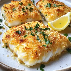 Here’s what you need to make this tasty dish: - 4 cod fillets (6 oz each) - 1 cup panko bread crumbs - 1/2 cup grated Parmesan cheese - 1 teaspoon garlic powder - 1 teaspoon dried oregano - 1/2 teaspoon paprika - 1/2 teaspoon salt - 1/4 teaspoon black pepper - 1/4 cup all-purpose flour - 1 large egg, beaten - 2 tablespoons olive oil You can swap some ingredients if needed. Here are a few ideas: - Cod fillets: Use haddock or tilapia for a different flavor. - Panko bread crumbs: Regular bread crumbs work well too. - Parmesan cheese: Try Pecorino Romano for a sharper taste. - Olive oil: Use avocado oil or melted butter if you prefer. - Egg: A flax egg can work for a vegan option. This meal is not only delicious but also nutritious. Here’s a quick look at what you get per serving: - Calories: Approximately 350 - Protein: 30g - Fat: 20g - Carbohydrates: 15g - Fiber: 1g This dish provides a good balance of protein and healthy fats, making it a smart choice for dinner. Start by preheating your air fryer to 400°F (200°C). This step is key for a crispy crust. A hot air fryer helps cook the cod evenly and quickly. Next, set up your breading station. You need three plates: - One with 1/4 cup of all-purpose flour. - One with 1 large beaten egg. - One with a mix of 1 cup panko bread crumbs, 1/2 cup grated Parmesan cheese, 1 teaspoon garlic powder, 1 teaspoon dried oregano, 1/2 teaspoon paprika, 1/2 teaspoon salt, and 1/4 teaspoon black pepper. Mix the crumbs and spices well. This ensures each piece has great flavor. Now, take your cod fillets and pat them dry with paper towels. This helps the coating stick. First, dredge each fillet in the flour. Shake off any extra flour. Then dip the fillet in the beaten egg. Let the excess egg drip off. Finally, press the fillet into the panko mixture. Make sure both sides are well coated. Place the coated cod fillets in the air fryer basket. Make sure they are in a single layer with space between each piece. Lightly drizzle or spray the tops with 2 tablespoons of olive oil. Air fry the cod for 10 to 12 minutes. The crust should turn golden brown, and the fish should flake easily when done. Once cooked, carefully remove the fillets and let them rest for a minute before serving. To get that amazing crispy crust, follow these steps closely. First, use panko bread crumbs. They give a light and crunchy texture. Combine them with grated Parmesan cheese, garlic powder, oregano, paprika, salt, and pepper. This mix adds flavor and crunch. Make sure to coat the cod fillets well. Press the fillet firmly into the panko mix. This helps the crust stick better. Lastly, drizzle olive oil on top. This oil helps the crust turn golden and crispy. Here are a few mistakes to watch out for. First, don’t skip drying the cod fillets. Wet fish makes it hard for the crust to stick. Next, avoid overcrowding the air fryer basket. Leave space between each fillet. This ensures even cooking and crispiness. Also, don’t skip the oil drizzle. It is key for a crispy finish. Lastly, pay attention to cooking time. Overcooking can dry out the fish. Serve your Parmesan crusted cod with some fresh sides. A wedge of lemon adds brightness and flavor. You can also sprinkle fresh parsley on top for color. Pair the fish with a light salad or mixed greens. This adds crunch and freshness. For a heartier meal, consider adding roasted veggies or a side of rice. This makes your meal balanced and satisfying. The crispy cod will be the star of the plate! {{image_2}} You can change the coating for your cod to match your needs. If you need a gluten-free option, swap the panko for gluten-free breadcrumbs. This keeps the crunch but makes it safe for gluten-free diets. You can also try using crushed cornflakes or almond flour. For cheese lovers, substitute the Parmesan cheese with pecorino or a mix of mozzarella and cheddar. Each choice adds a unique flavor and texture. Adding herbs and spices can boost the taste of your dish. Try mixing in fresh parsley, basil, or thyme into the panko mixture. These herbs add freshness and aroma. If you like heat, add cayenne pepper or red pepper flakes to the mix. For a zesty flavor, squeeze lemon juice over the cod before coating it. This brightens the dish and adds a layer of flavor. If you don’t have an air fryer, you can still enjoy this dish. Baking in the oven works well too. Preheat your oven to 425°F (220°C). Place the coated cod on a baking sheet lined with parchment paper. Bake for 15-20 minutes, or until the crust is golden and the fish flakes easily. Another option is pan-frying. Heat oil in a non-stick skillet over medium heat. Cook each fillet for about 4-5 minutes on each side. This method gives you a crispy crust and tender fish. Each cooking method offers a different texture, so feel free to experiment! To keep your Parmesan crusted cod fresh, store it in an airtight container. Let the cod cool down first. Once cooled, place it in the fridge. Use it within two days for the best taste. If you want to keep it longer, consider freezing it. When you reheat the cod, the goal is to keep it crispy. Preheat your air fryer to 350°F (175°C). Place the cod in the basket and heat for about 5-7 minutes. Check it often to avoid overcooking. This method helps retain the crunchy texture. To freeze, wrap each fillet tightly in plastic wrap. Then place them in a freezer bag. This helps prevent freezer burn. When ready to eat, thaw the cod overnight in the fridge. Avoid thawing at room temperature to keep it safe. After thawing, you can reheat it in the air fryer for a crispy meal. Cook cod in the air fryer for 10-12 minutes at 400°F (200°C). Check for a golden crust and for the fish to flake easily. If your fillet is thicker, you may need a few extra minutes. Always make sure to check doneness to avoid undercooking. Yes, you can use other types of fish like tilapia or haddock. Just keep in mind that cooking times may vary based on the thickness and type of fish. Cod works well because it has a mild flavor and a firm texture. Parmesan crusted cod pairs nicely with mixed greens, light salads, or roasted vegetables. You could also serve it with rice or quinoa for a hearty meal. A wedge of lemon adds a nice touch, enhancing the flavors of the fish. Yes, preheating the air fryer is a good idea. It helps cook the fish evenly and gives you that perfect crispy crust. Just like an oven, starting with a hot air fryer is key to great results. Absolutely! You can mix the panko, cheese, and spices ahead of time. Store it in an airtight container until you are ready to use it. This saves time on busy days and makes cooking even easier. This article covered everything from the ingredients to cooking methods for air fryer Parmesan crusted cod. You learned about different ingredients, tips for the perfect crust, and variations to try. Remember to avoid common mistakes and follow the storage tips to keep leftovers fresh. Enjoy cooking and experimenting with your meals. With these easy instructions, you can impress anyone at the dining table. Happy cooking!
