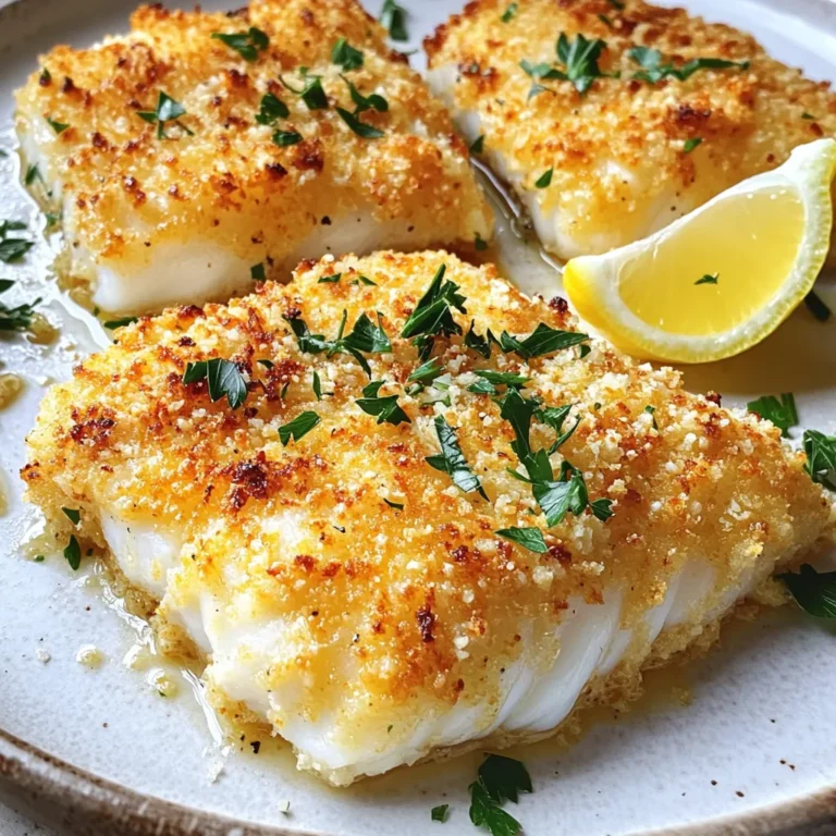 Here’s what you need to make this tasty dish: - 4 cod fillets (6 oz each) - 1 cup panko bread crumbs - 1/2 cup grated Parmesan cheese - 1 teaspoon garlic powder - 1 teaspoon dried oregano - 1/2 teaspoon paprika - 1/2 teaspoon salt - 1/4 teaspoon black pepper - 1/4 cup all-purpose flour - 1 large egg, beaten - 2 tablespoons olive oil You can swap some ingredients if needed. Here are a few ideas: - Cod fillets: Use haddock or tilapia for a different flavor. - Panko bread crumbs: Regular bread crumbs work well too. - Parmesan cheese: Try Pecorino Romano for a sharper taste. - Olive oil: Use avocado oil or melted butter if you prefer. - Egg: A flax egg can work for a vegan option. This meal is not only delicious but also nutritious. Here’s a quick look at what you get per serving: - Calories: Approximately 350 - Protein: 30g - Fat: 20g - Carbohydrates: 15g - Fiber: 1g This dish provides a good balance of protein and healthy fats, making it a smart choice for dinner. Start by preheating your air fryer to 400°F (200°C). This step is key for a crispy crust. A hot air fryer helps cook the cod evenly and quickly. Next, set up your breading station. You need three plates: - One with 1/4 cup of all-purpose flour. - One with 1 large beaten egg. - One with a mix of 1 cup panko bread crumbs, 1/2 cup grated Parmesan cheese, 1 teaspoon garlic powder, 1 teaspoon dried oregano, 1/2 teaspoon paprika, 1/2 teaspoon salt, and 1/4 teaspoon black pepper. Mix the crumbs and spices well. This ensures each piece has great flavor. Now, take your cod fillets and pat them dry with paper towels. This helps the coating stick. First, dredge each fillet in the flour. Shake off any extra flour. Then dip the fillet in the beaten egg. Let the excess egg drip off. Finally, press the fillet into the panko mixture. Make sure both sides are well coated. Place the coated cod fillets in the air fryer basket. Make sure they are in a single layer with space between each piece. Lightly drizzle or spray the tops with 2 tablespoons of olive oil. Air fry the cod for 10 to 12 minutes. The crust should turn golden brown, and the fish should flake easily when done. Once cooked, carefully remove the fillets and let them rest for a minute before serving. To get that amazing crispy crust, follow these steps closely. First, use panko bread crumbs. They give a light and crunchy texture. Combine them with grated Parmesan cheese, garlic powder, oregano, paprika, salt, and pepper. This mix adds flavor and crunch. Make sure to coat the cod fillets well. Press the fillet firmly into the panko mix. This helps the crust stick better. Lastly, drizzle olive oil on top. This oil helps the crust turn golden and crispy. Here are a few mistakes to watch out for. First, don’t skip drying the cod fillets. Wet fish makes it hard for the crust to stick. Next, avoid overcrowding the air fryer basket. Leave space between each fillet. This ensures even cooking and crispiness. Also, don’t skip the oil drizzle. It is key for a crispy finish. Lastly, pay attention to cooking time. Overcooking can dry out the fish. Serve your Parmesan crusted cod with some fresh sides. A wedge of lemon adds brightness and flavor. You can also sprinkle fresh parsley on top for color. Pair the fish with a light salad or mixed greens. This adds crunch and freshness. For a heartier meal, consider adding roasted veggies or a side of rice. This makes your meal balanced and satisfying. The crispy cod will be the star of the plate! {{image_2}} You can change the coating for your cod to match your needs. If you need a gluten-free option, swap the panko for gluten-free breadcrumbs. This keeps the crunch but makes it safe for gluten-free diets. You can also try using crushed cornflakes or almond flour. For cheese lovers, substitute the Parmesan cheese with pecorino or a mix of mozzarella and cheddar. Each choice adds a unique flavor and texture. Adding herbs and spices can boost the taste of your dish. Try mixing in fresh parsley, basil, or thyme into the panko mixture. These herbs add freshness and aroma. If you like heat, add cayenne pepper or red pepper flakes to the mix. For a zesty flavor, squeeze lemon juice over the cod before coating it. This brightens the dish and adds a layer of flavor. If you don’t have an air fryer, you can still enjoy this dish. Baking in the oven works well too. Preheat your oven to 425°F (220°C). Place the coated cod on a baking sheet lined with parchment paper. Bake for 15-20 minutes, or until the crust is golden and the fish flakes easily. Another option is pan-frying. Heat oil in a non-stick skillet over medium heat. Cook each fillet for about 4-5 minutes on each side. This method gives you a crispy crust and tender fish. Each cooking method offers a different texture, so feel free to experiment! To keep your Parmesan crusted cod fresh, store it in an airtight container. Let the cod cool down first. Once cooled, place it in the fridge. Use it within two days for the best taste. If you want to keep it longer, consider freezing it. When you reheat the cod, the goal is to keep it crispy. Preheat your air fryer to 350°F (175°C). Place the cod in the basket and heat for about 5-7 minutes. Check it often to avoid overcooking. This method helps retain the crunchy texture. To freeze, wrap each fillet tightly in plastic wrap. Then place them in a freezer bag. This helps prevent freezer burn. When ready to eat, thaw the cod overnight in the fridge. Avoid thawing at room temperature to keep it safe. After thawing, you can reheat it in the air fryer for a crispy meal. Cook cod in the air fryer for 10-12 minutes at 400°F (200°C). Check for a golden crust and for the fish to flake easily. If your fillet is thicker, you may need a few extra minutes. Always make sure to check doneness to avoid undercooking. Yes, you can use other types of fish like tilapia or haddock. Just keep in mind that cooking times may vary based on the thickness and type of fish. Cod works well because it has a mild flavor and a firm texture. Parmesan crusted cod pairs nicely with mixed greens, light salads, or roasted vegetables. You could also serve it with rice or quinoa for a hearty meal. A wedge of lemon adds a nice touch, enhancing the flavors of the fish. Yes, preheating the air fryer is a good idea. It helps cook the fish evenly and gives you that perfect crispy crust. Just like an oven, starting with a hot air fryer is key to great results. Absolutely! You can mix the panko, cheese, and spices ahead of time. Store it in an airtight container until you are ready to use it. This saves time on busy days and makes cooking even easier. This article covered everything from the ingredients to cooking methods for air fryer Parmesan crusted cod. You learned about different ingredients, tips for the perfect crust, and variations to try. Remember to avoid common mistakes and follow the storage tips to keep leftovers fresh. Enjoy cooking and experimenting with your meals. With these easy instructions, you can impress anyone at the dining table. Happy cooking!