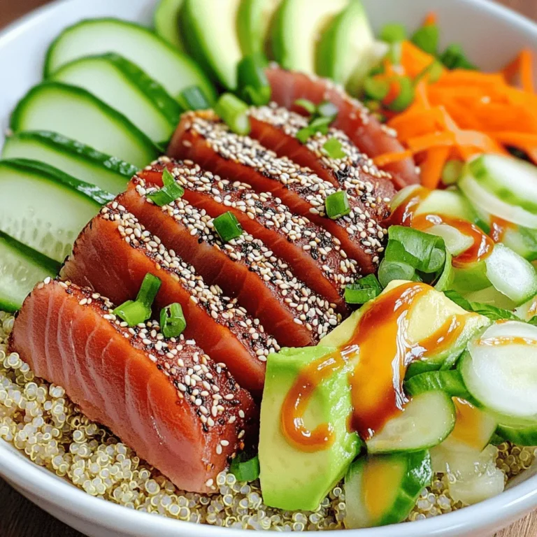 - 2 fresh ahi tuna steaks (about 150g each) - 2 tablespoons sesame seeds (white and black mixed) - 1 tablespoon soy sauce - 1 tablespoon sesame oil - 1 ripe avocado, sliced - 1 cup cooked quinoa - 1 small cucumber, thinly sliced - 1 carrot, julienned - 2 green onions, finely chopped - 1 tablespoon pickled ginger (for garnish) - Sea salt and black pepper to taste - Optional: Sriracha sauce for a spicy kick To make Minute Sesame Crusted Tuna Bowls, you need fresh ahi tuna. The quality of the fish matters a lot. I recommend looking for bright, red tuna steaks. Next, sesame seeds add a nice crunch and flavor. I suggest mixing white and black seeds for a pop of color. You will also need some fresh vegetables. Avocado gives a creamy texture. Cucumber adds a refreshing crunch. Carrots brighten the dish with color. Green onions add a mild onion taste. Cooked quinoa is your base. It’s healthy and filling. For seasoning, soy sauce brings umami. Sesame oil adds nutty notes. Don’t forget salt and pepper to taste! If you like heat, add Sriracha sauce for a spicy kick. Gather these ingredients, and you are ready to create a delicious meal! First, I dry the ahi tuna steaks with paper towels. This helps remove moisture. Moisture can prevent a good crust from forming. Next, I season both sides with sea salt and black pepper. This step adds flavor to the tuna. Now, I take a shallow dish and spread out the sesame seeds. I press the tuna steaks into the seeds, coating all sides evenly. This gives the tuna a crunchy and nutty crust. In a skillet, I heat sesame oil over medium-high heat. I let the oil get hot before adding the tuna steaks. I sear the tuna for about 1-2 minutes on each side. This gives a nice sear while keeping the inside rare. If you want it cooked more, just add a little time. Once done, I remove the tuna from the skillet. I let it rest for a minute. Resting helps the juices keep in the fish. After that, I slice the tuna into thin strips. I start by adding cooked quinoa to the bottom of my bowl. This acts as a tasty base. Next, I layer on sliced avocado, thin cucumber slices, and julienned carrot. These vegetables add color and crunch. Finally, I place the sliced tuna on top of the veggies. I drizzle some soy sauce over the bowl. For a pop of flavor, I garnish with pickled ginger and chopped green onions. If you like some heat, add a drizzle of Sriracha. Enjoy your meal! To make sure your tuna is cooked just right, timing is key. For a rare finish, sear each side for about 1-2 minutes. If you like it more done, add an extra minute per side. You want to see a nice crust on the outside while keeping the inside soft. After cooking, always let the tuna rest for one minute. This step is crucial. It helps the juices stay inside, making each bite tender and full of flavor. To boost the taste of your tuna bowls, think about adding extra seasonings. A dash of garlic powder or a sprinkle of chili flakes can really wake up the dish. You can also try a splash of lime juice for a fresh twist. For the bowls, mix and match flavors. Pair your tuna with creamy avocado and crisp cucumber. Add some crunchy carrots for texture. If you like heat, drizzle Sriracha on top. This combo of fresh veggies and rich tuna makes each bite exciting. Enjoy experimenting! {{image_2}} You can swap the tuna for other proteins. Salmon is a great choice. It has a rich flavor and works well with sesame. To prepare, follow the same steps as with tuna. Just remember, salmon cooks a bit longer. For a vegan option, try using tofu. Firm tofu holds up well in this dish. Press it to remove extra water, then coat it with sesame seeds. Sear it in the same way. This gives you a tasty and protein-packed meal. You can change the vegetables based on the season. Fresh bell peppers, radishes, or snap peas can add crunch. Use what you love or what you have on hand. Other toppings can enhance your bowl. Try adding seaweed salad, edamame, or even mango for a sweet twist. These small changes can elevate the dish. Experiment with different combinations to find your favorite mix! To store your Minute Sesame Crusted Tuna Bowls, follow these steps: - Cool the Bowls: Let the meal cool to room temperature. - Use Airtight Containers: Place the assembled bowls in airtight containers. This keeps the food fresh and prevents odors. - Separate Ingredients: If possible, store the tuna, quinoa, and veggies separately. This helps keep the textures right. - Refrigerate Promptly: Place the containers in the fridge within two hours of cooking. Tips for Keeping Ingredients Fresh: - Wrap the avocado in plastic wrap to slow browning. - Keep the pickled ginger in its own container to prevent flavor mixing. - Consume the leftovers within two days for best taste and safety. To reheat your tuna bowls and enjoy them again, follow these methods: - Microwave: Place the quinoa and veggies in a microwave-safe bowl. Heat for about 30 seconds to 1 minute. Stir halfway through to ensure even heating. - Skillet: Add a tiny bit of sesame oil to a skillet. Warm the quinoa and veggies over low heat. This helps maintain their flavor and texture. Best Practices for Maintaining Flavor and Texture: - Avoid reheating the tuna in the microwave. It can overcook and lose its nice texture. - If you must reheat the tuna, do it in a skillet for 30 seconds. This keeps it juicy. - Add fresh green onions or a drizzle of soy sauce after reheating to boost flavor. To know if your tuna is cooked right, check the center. Perfectly cooked tuna should be bright pink in the middle. If the center looks gray or brown, it is overcooked. A rare finish has a cool, soft center. If you like it more done, cook it a bit longer. Remember, the tuna will continue to cook a little after you take it off the heat. Yes, you can prep some parts ahead. Cook the quinoa and slice the veggies a day before. Store them in the fridge to keep them fresh. You can also coat the tuna in sesame seeds and keep it covered until you are ready to cook. This helps save time, especially on busy nights. Just remember to sear the tuna right before serving for the best taste. Some great sides to pair with your sesame-crusted tuna bowls include: - Steamed edamame - Roasted broccoli - Seaweed salad - Miso soup - A light cucumber salad For drinks, try green tea or a light, crisp white wine. These options will enhance the flavors of your meal and make it even more satisfying. This blog post guides you through making a tasty sesame-crusted tuna bowl. You learned about the key ingredients, steps to prepare and cook tuna, and how to serve it with veggies and quinoa. I shared tips for perfect cooking and ways to customize your dish. Try different proteins and veggies to suit your taste. Storing leftovers correctly ensures your meal stays fresh. With this knowledge, you can create a healthy, delicious meal that fits your time and preferences. Enjoy your cooking adventure!