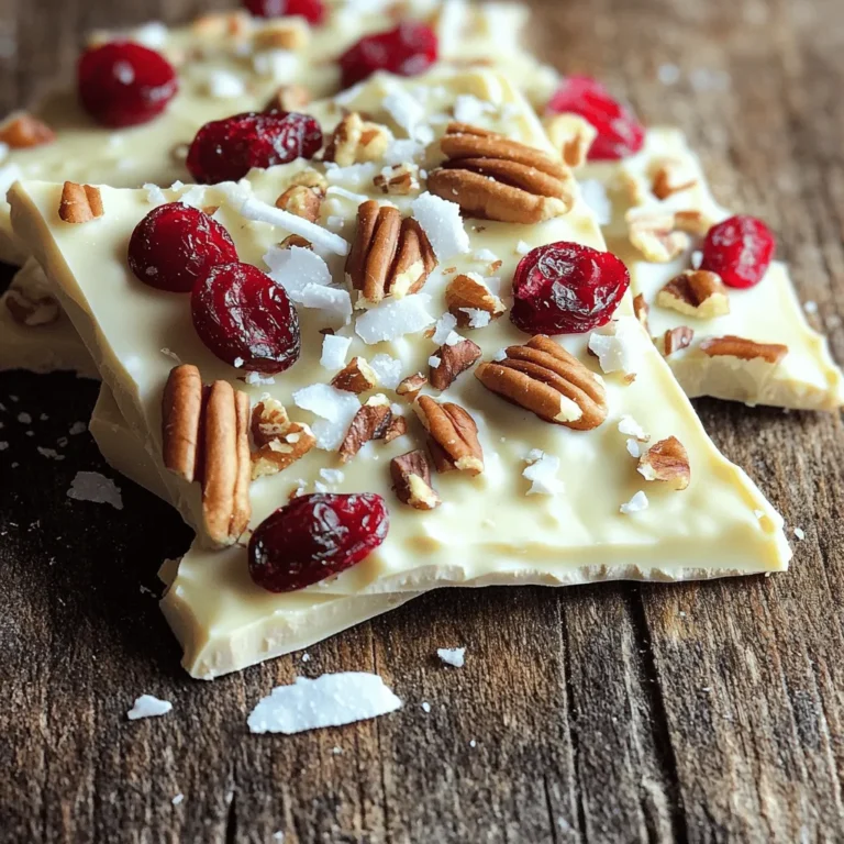 To make this tasty no-bake treat, you will need: - 12 oz white chocolate chips - 1 cup dried cranberries - 1/2 cup chopped pecans (or your favorite nut) - 1/2 teaspoon sea salt - 1 teaspoon vanilla extract - Optional: 1/4 cup coconut flakes Feel free to add some coconut flakes. They give a nice touch to the bark. You can also use other nuts if you like. Some good choices are almonds or walnuts. If you want a different taste, you can swap white chocolate chips for milk chocolate chips. Dark chocolate works too, if you prefer a richer flavor. For nuts, feel free to pick sunflower seeds or pumpkin seeds for a nut-free option. If you don’t have dried cranberries, try dried cherries or raisins instead. To start, grab a baking sheet that is about 9x13 inches. Line it with parchment paper. Make sure the paper hangs over the sides. This will help you lift out the bark later. A well-prepared sheet ensures easy removal and neat pieces. Next, take a microwave-safe bowl and add the 12 oz of white chocolate chips. Heat them in the microwave in 30-second bursts. Stir the chocolate after each burst. This method helps it melt evenly and prevents burning. It usually takes about 1.5 to 2 minutes to get smooth chocolate. When it’s ready, it should be thick and glossy. Once the chocolate is melted, stir in 1 teaspoon of vanilla extract. Mix well to add flavor. Now, fold in the 1 cup of dried cranberries and 1/2 cup of chopped pecans. If you like coconut, you can add 1/4 cup of coconut flakes too. Make sure everything is coated in chocolate. Next, pour the mixture onto the lined baking sheet. Use a spatula to spread it out evenly. Aim for a thickness of about 1/4 inch. Once spread, place the sheet in the fridge for 1 to 2 hours. This helps the bark set firmly. After it hardens, lift it out by the parchment paper. Break the bark into bite-sized pieces. Enjoy your tasty treat! To get that silky texture, melt the chocolate slowly. Place the white chocolate chips in a microwave-safe bowl. Heat them in short bursts of 30 seconds. Stir after each round. This method helps avoid burning. The chocolate should be creamy and smooth when done. If you see lumps, keep stirring. The heat will help them melt away. Make this bark your own by adding fun extras. You can mix in dried fruits, nuts, or seeds. Try adding dark chocolate chips for a rich taste. If you love coconut, toss in some flakes. For a spicy kick, sprinkle a dash of cinnamon. Be creative! Your taste buds will thank you. Store your bark in an airtight container. This keeps it fresh and tasty. Place a piece of parchment paper between layers to prevent sticking. The refrigerator is the best spot, keeping it firm. If you want to save it for later, you can freeze it. Just wrap it well to avoid freezer burn. Enjoy your delicious treat anytime! {{image_2}} You can make your No-Bake White Chocolate Cranberry Bark even tastier. Try adding more flavors! Here are some ideas: - Orange Zest: Add 1 teaspoon of fresh orange zest for a zesty kick. - Mint Extract: Use 1/2 teaspoon of mint extract for a refreshing touch. - Spices: A pinch of cinnamon or nutmeg will warm up the flavor. These simple changes will give your bark a new twist. You can mix and match to find your favorite! If you want to skip the nuts, that's fine! You can still enjoy this treat. Here are some nut-free options: - Sunflower Seeds: Use 1/2 cup of roasted sunflower seeds instead of nuts. - Pumpkin Seeds: Swap in 1/2 cup of pumpkin seeds for a crunchy bite. - Oats: Add 1/2 cup of quick oats for a chewy texture. These options keep your bark safe for those with nut allergies while keeping it crunchy and fun! Make your bark festive for holidays or special events. Here are some fun ideas: - Red and Green Sprinkles: Add festive sprinkles on top for a colorful look. - White Chocolate Drizzle: Drizzle melted dark chocolate on top for contrast. - Seasonal Fruits: Use dried cherries or apricots for a holiday twist. These suggestions make your bark perfect for sharing at gatherings. Friends and family will love the extra flair! To keep your no-bake white chocolate cranberry bark fresh, store it well. Place the bark in an airtight container. This helps avoid moisture and keeps it tasty. You can layer pieces with parchment paper. This prevents them from sticking together. Keep the container in the fridge for best results. When stored correctly, your bark lasts about two weeks. After this time, it may lose its flavor and texture. If you notice any signs of spoilage, like a strange smell or color, throw it away. Always check before you munch on your treats! Want to save your bark for later? You can freeze it! Wrap pieces tightly in plastic wrap. Then, place them in a freezer-safe bag or container. The bark can last up to three months in the freezer. When ready to eat, thaw it in the fridge overnight. This keeps it fresh and ready to enjoy! It takes about 1 to 2 hours for the bark to set. You want the chocolate to be firm. If you check it after an hour, it might still be soft. Just give it more time in the fridge. Patience makes for the best bark! Yes, you can use white melting chocolate. Just remember to melt it carefully. Use the same microwave method. Stir it often to keep it smooth. The taste and texture should still be great. It might be a bit different, but still yummy! You can add many different things instead of cranberries. Try dried cherries or raisins for a sweet twist. Chopped apricots or even mini marshmallows work too. Feel free to get creative with your mix-ins. Just make sure they are dried or won't add too much moisture. This blog post covered the key steps for making delicious bark. We explored main and optional ingredients, how to prepare your baking sheet, and melt white chocolate. I shared tips for smooth chocolate, customizing add-ins, and the best storage methods. We also discussed variations like flavor enhancements and holiday themes. In conclusion, with these steps and tips, you can create your own tasty bark. Have fun mixing flavors and enjoy the process!