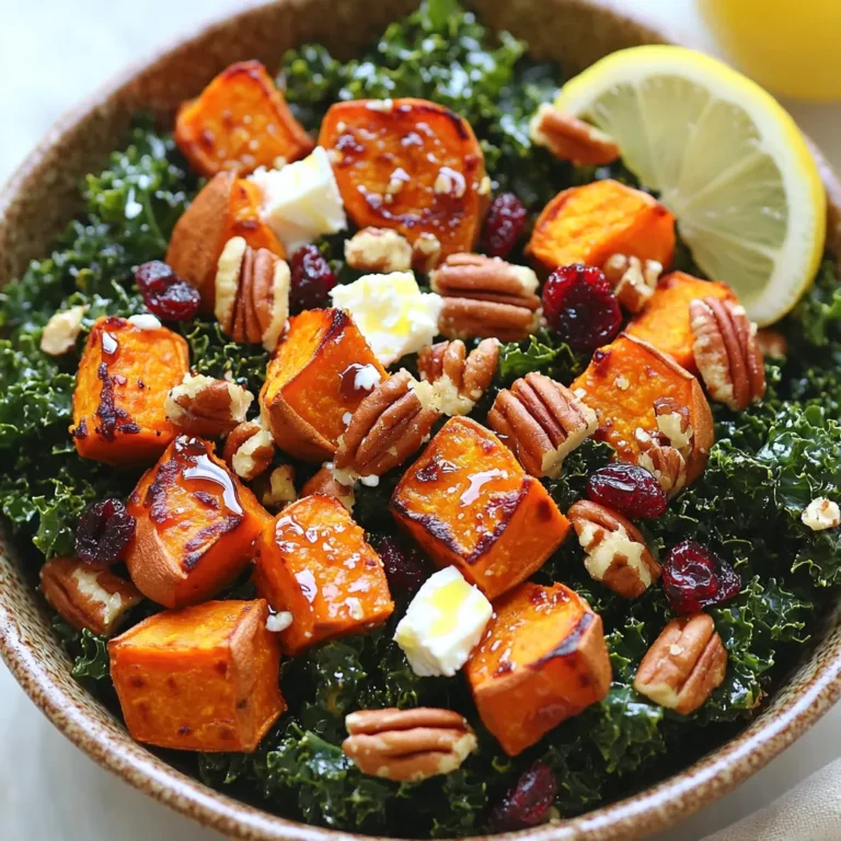 - 2 medium sweet potatoes, peeled and cubed - 4 cups kale, stems removed and chopped - 1/2 cup pecans, roughly chopped - 1/4 cup dried cranberries - 1/4 cup feta cheese (optional) - 3 tablespoons olive oil - 1 tablespoon maple syrup - 1 tablespoon apple cider vinegar - 1 teaspoon Dijon mustard - Salt and pepper to taste I love using fresh and vibrant ingredients in this salad. Sweet potatoes give it a natural sweetness. Kale adds a nice crunch and lots of nutrients. Pecans bring in a rich, nutty flavor. Dried cranberries give that sweet-tart twist we all enjoy. - Calories per serving: About 250 - Macronutrient breakdown: - Carbs: 35g - Protein: 6g - Fats: 12g Sweet potatoes are packed with vitamins A and C. They help support your immune system. Kale is high in fiber and loaded with antioxidants. This dish not only tastes great but also fuels your body. Eating this salad helps you feel full and satisfied. First, gather all your ingredients. You need: - 2 medium sweet potatoes, peeled and cubed - 4 cups kale, stems removed and chopped - 1/2 cup pecans, roughly chopped - 1/4 cup dried cranberries - 1/4 cup feta cheese (optional) - 3 tablespoons olive oil - 1 tablespoon maple syrup - 1 tablespoon apple cider vinegar - 1 teaspoon Dijon mustard - Salt and pepper to taste Next, wash the sweet potatoes and kale. Make sure to dry them well. Preheat your oven to 400°F (200°C). Spread the cubed sweet potatoes on a baking sheet. Drizzle 1 tablespoon of olive oil over them. Add a pinch of salt. Toss the potatoes to coat them well. Roast in the oven for 20-25 minutes. Stir them halfway through for even cooking. They should be tender and caramelized when done. While the sweet potatoes roast, prepare the kale. In a large bowl, drizzle the remaining olive oil over the chopped kale. Sprinkle a pinch of salt on top. Now, massage the kale with your hands for about 2-3 minutes. This makes the kale tender and helps it absorb the flavors. In a small bowl, whisk together the maple syrup, apple cider vinegar, Dijon mustard, and a bit of salt and pepper. Mix until combined. You want a balanced flavor here. If the dressing seems too thick, add a splash of water to thin it out. After the sweet potatoes have cooled for a few minutes, add them to the bowl with the kale. Then, toss in the pecans, cranberries, and feta cheese if you're using it. Drizzle the dressing over the salad. Toss everything together gently. Make sure all the ingredients are evenly mixed. Taste the salad and adjust the seasonings as needed. You might want more salt, pepper, or even a bit more maple syrup for sweetness. Enjoy your vibrant Sweet Potato Kale Salad with Pecans! For the best look, serve this salad in a large bowl. You can also use individual plates. This makes it fun and easy for everyone to enjoy. To make it pop, add garnishes. A few whole pecans on top always look nice. A sprinkle of feta adds color and texture. You can also include a lemon wedge for a bright touch. Prep this salad ahead for busy days. You can roast sweet potatoes and store them in the fridge. They will stay fresh for up to three days. Kale can also be prepped early. Wash, chop, and massage it a day before. Keep it in a sealed container to keep it crisp. Dress the salad just before serving for the best taste. Want a vegan version? Just leave out the feta cheese. The salad will still taste amazing without it. Feel free to swap ingredients for new flavors. Use walnuts instead of pecans for a change. You can add dried fruits like apricots or raisins for sweetness. Each twist makes the salad unique! {{image_2}} To keep your sweet potato kale salad fresh, place it in an airtight container. Glass containers work great, as they don't absorb odors. If you use plastic, choose BPA-free options. Make sure to cool the salad to room temperature before sealing. This helps prevent moisture build-up. Store the salad in the fridge for up to three days. For the best taste, eat the salad within the first day. The longer it sits, the more the kale wilts. Use a paper towel in the container to absorb excess moisture. This keeps the salad crisp and fresh. Can this salad be frozen? No, I don’t recommend freezing this salad. The texture of the kale changes after freezing. It can become mushy when thawed. Best practices for freezing components separately include freezing sweet potatoes and pecans. Roast and cool the sweet potatoes first. Place them in a freezer bag, squeezing out air. For the pecans, store them in a separate bag. This way, you can mix fresh salad ingredients later. When you’re ready to eat, just thaw and combine with fresh kale and dressing. Yes, you can make this salad ahead of time. I recommend storing it in the fridge for up to three days. Keep the dressing separate until you’re ready to serve. This way, the kale stays fresh and crunchy. You can mix everything just before serving for the best taste. If you want to swap pecans, try walnuts or almonds. Both add a nice crunch. For nut allergies, sunflower seeds or pumpkin seeds work great too. Just check the label for any dietary needs. This way, everyone can enjoy the salad. Yes, this salad is gluten-free. All the ingredients, like sweet potatoes and kale, are safe. However, always check your dressing ingredients. Some brands may add gluten. When in doubt, make your own dressing to ensure it’s gluten-free. You can boost the protein in this salad easily. Add grilled chicken or chickpeas for a hearty touch. If you want a meat-free option, try black beans or lentils. These options make the salad filling and tasty. - Check out my hearty quinoa salad with roasted veggies for a filling meal. - Try a refreshing cucumber and avocado salad for a light side dish. - Explore seasonal recipes like sweet potato soup for cozy nights. - Learn how to roast vegetables for maximum flavor and crispness. - Read tips on massaging greens, making them tender and tasty. - Find a guide on how to cook grains perfectly for salads. - Discover the amazing nutrients in kale and sweet potatoes. - Read articles on how to boost your diet with leafy greens. - Find resources on the benefits of a plant-based diet. This salad combines sweet potatoes, kale, and nuts for a tasty dish. You learned how to roast sweet potatoes, massage kale, and make a simple dressing. These steps create a delicious and healthy salad that you can enjoy anytime. With tips on meal prep and storage, this salad fits easily into your routine. Feel free to customize with your favorite ingredients. Now it’s time to enjoy your creation and share it with others. Eating well has never been so easy and fun!