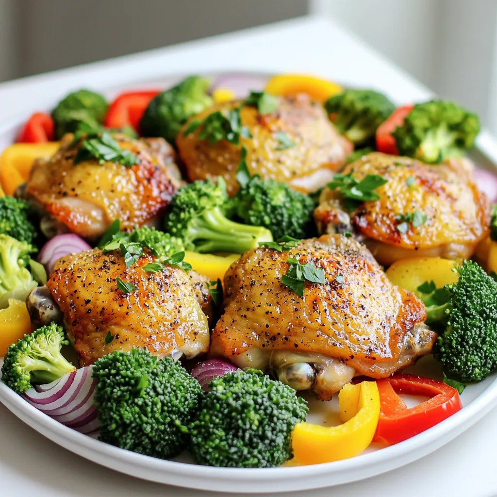 To make this dish, gather the following items: - 4 boneless, skinless chicken thighs - 2 tablespoons olive oil - 2 tablespoons lemon juice - 1 tablespoon lemon zest - 1 tablespoon black pepper - 1 teaspoon garlic powder - 1 teaspoon onion powder - 1 teaspoon dried oregano - Salt to taste - 2 cups broccoli florets - 1 red bell pepper, sliced - 1 yellow bell pepper, sliced - 1 red onion, cut into wedges - Fresh parsley, chopped (for garnish) You can swap some ingredients if needed. For chicken, use chicken breast or tofu for a plant-based option. Instead of broccoli, try asparagus or green beans. If you don’t have fresh lemon, use lime juice instead. You can also mix spices based on your taste. Fresh ingredients make a big difference in flavor. Fresh chicken tastes better and cooks well. Fresh vegetables stay crisp and vibrant. When you use fresh herbs, like parsley, they add a burst of taste. Always choose the best quality you can find. This choice makes your meal healthier and more delicious. Start by grabbing a large bowl. Add 2 tablespoons of olive oil. Then, squeeze in 2 tablespoons of fresh lemon juice. Next, add 1 tablespoon of lemon zest for extra zing. Toss in 1 tablespoon of black pepper, 1 teaspoon of garlic powder, 1 teaspoon of onion powder, and 1 teaspoon of dried oregano. Sprinkle in salt to taste. Mix this well until all the ingredients blend. This marinade will keep your chicken juicy and flavorful. Take 4 boneless, skinless chicken thighs and place them in the marinade. Make sure they are well-coated. You want every bite packed with flavor. Let them marinate for at least 15 minutes. If you have time, marinate them in the fridge for up to 2 hours. This longer wait will give you even better taste. While the chicken sits, prepare your vegetables. In another bowl, add 2 cups of broccoli florets, sliced red and yellow bell peppers, and onion wedges. Drizzle a bit of olive oil over them. Sprinkle salt and pepper, then toss to coat. This step adds flavor and helps the veggies cook nicely. Preheat your oven to 400°F (200°C). Line a large sheet pan with parchment paper. It makes cleanup easier! Place the marinated chicken on one side of the pan. Spread the mixed veggies on the other side. Make sure they have space. This ensures even cooking. Bake everything in the oven for 25 to 30 minutes. Check that the chicken reaches 165°F (74°C). The veggies should be tender and bright. For an extra crispy finish, turn your oven to broil. Broil the dish on high for 2 to 3 minutes. Watch closely! You don’t want to burn the chicken or veggies. Once done, take the pan out and let it rest for a few minutes. Before serving, sprinkle freshly chopped parsley on top for a pop of color and flavor. To get the best taste, marinate the chicken for at least 15 minutes. This short time helps the chicken soak up the lemon and spices. For even more flavor, let it sit in the fridge for up to 2 hours. The longer it marinates, the more vibrant the taste. Using boneless, skinless chicken thighs keeps the meat tender and juicy. Thighs have more fat than breasts, which helps them stay moist. Cook them until they reach 165°F (74°C). This ensures they are safe to eat and perfectly tender. Preheat your oven to 400°F (200°C). This high heat cooks both the chicken and veggies evenly. Bake for 25 to 30 minutes. If you want a crispy finish, broil for 2 to 3 minutes. Keep an eye on them to avoid burning. Serve the chicken and veggies straight from the sheet pan for a casual vibe. If you want to impress, arrange them on a platter. Drizzle extra lemon juice over the top for a fresh look. Garnish with fresh parsley for color and added flavor. {{image_2}} You can swap chicken thighs for other proteins. Chicken breast works well too. If you prefer plant-based options, use tofu. Firm tofu absorbs flavors nicely. Cut it into cubes, then marinate just like chicken. You could also try shrimp. Cook them for a shorter time. They add a nice twist to the dish. Feel free to change up the veggies. Zucchini and asparagus are great choices. Carrots add sweetness and color. Green beans bring a nice crunch. You can even use cauliflower for a unique flavor. Just keep the cooking times in mind. Different veggies may cook faster or slower. Boost the flavor by adding spices. Try smoked paprika for a smoky taste. A pinch of cayenne pepper gives a spicy kick. Fresh herbs like thyme or rosemary add freshness. You can also add some red pepper flakes for heat. Experiment with these ideas to find your favorite flavor. To keep your leftovers fresh, allow them to cool first. Place the chicken and veggies in an airtight container. Store them in the fridge for up to three days. Label the container with the date. This way, you know when to eat them. You can freeze this dish for longer storage. After cooling, place chicken and veggies in a freezer-safe bag. Remove as much air as possible before sealing. Label the bag with the date. You can freeze it for up to three months. When you're ready to eat, thaw it in the fridge overnight. Reheat leftovers in the oven for the best results. Preheat your oven to 350°F (175°C). Place the chicken and veggies on a baking sheet. Heat for about 15-20 minutes, or until warmed through. You can also use a microwave if you're short on time. Just heat in short bursts, stirring in between, until hot. To make this dish low-carb, focus on the vegetables. You can use non-starchy veggies like zucchini, spinach, or cauliflower. Replace high-carb options, like potatoes, with these. You can also skip the sugar or sweet sauces. Use fresh herbs and spices for flavor. Yes, you can use frozen vegetables. Just make sure to thaw them first. Drain any excess water to avoid sogginess. Frozen veggies cook faster, so check them often while baking. They can still taste fresh and delicious! This chicken pairs well with simple sides. You can serve it with a light salad or steamed rice. Quinoa or couscous works too. For a fun twist, add a citrus dressing to your salad. It complements the lemon pepper flavor. Marinate the chicken for at least 15 minutes for good flavor. For more taste, let it marinate for up to 2 hours in the fridge. The longer it sits, the more the flavors blend. Just remember to keep it chilled! This article covered the key ingredients and the process to make a great lemon pepper chicken dish. Fresh ingredients raise flavor and texture, making your meal shine. I shared tips to enhance taste and ensure tender chicken. You learned about possible ingredient swaps and variations to fit your taste. Proper storage and reheating methods help keep your leftovers fresh. Use these insights to create delicious meals that impress, while making your kitchen adventures fun and simple. Enjoy crafting your perfect dish!