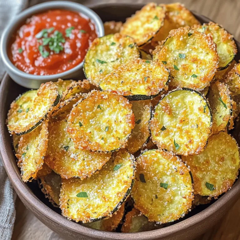 To make Air Fryer Parmesan Zucchini Chips, you need fresh and simple ingredients. Here’s what you’ll need: - 2 medium zucchinis, sliced into thin rounds - 1 cup grated Parmesan cheese - 1 cup breadcrumbs (preferably whole wheat for extra fiber) - 1 teaspoon garlic powder - 1 teaspoon onion powder - 1 teaspoon Italian seasoning - Salt and black pepper to taste - 2 large eggs, beaten - Olive oil spray Each ingredient plays a key role. The zucchinis give a fresh taste, while the Parmesan adds a nice salty flavor. Breadcrumbs provide crunch, and the spices enhance the overall taste. Eggs help the coatings stick to the zucchini slices, making them crispy in the air fryer. Using olive oil spray adds a touch of healthy fat, helping to achieve that perfect golden brown finish. Make sure to gather these items before you start cooking. Having everything ready will make the process smooth and fun! Set your air fryer to 375°F (190°C). This step helps the chips cook evenly and get crispy. In a shallow bowl, mix these ingredients: - 1 cup grated Parmesan cheese - 1 cup breadcrumbs - 1 teaspoon garlic powder - 1 teaspoon onion powder - 1 teaspoon Italian seasoning - Salt and black pepper to taste Stir well until everything is combined. In a separate bowl, beat 2 large eggs until mixed. Take each zucchini slice and dip it into the eggs. Let any extra egg drip off. Next, coat the zucchini slice in the breadcrumb mix, pressing it down to stick well. Place the breaded zucchini slices in a single layer in the air fryer basket. Avoid overcrowding the basket. If needed, work in batches for the best results. Lightly spray the tops of the zucchini chips with olive oil. This helps them crisp up. Cook them for 10 to 12 minutes. Shake the basket halfway through to ensure they cook evenly. Once the chips are golden brown and crispy, remove them from the air fryer. Let them cool for a minute. Serve in a cone-shaped holder or a rustic bowl. Pair with marinara sauce or garlic aioli for dipping. Enjoy your tasty snack or appetizer! To make your zucchini chips crispy, use thin slices. Aim for about 1/4 inch thick. This size helps them cook evenly and become crunchy. Lightly spray them with olive oil. This oil is key for that golden finish. Overcrowding the air fryer basket can lead to soggy chips. Arrange the zucchini in a single layer. If you have many slices, cook them in batches. This way, each chip gets the hot air it needs to crisp up. If your zucchini slices are thicker, you must adjust the cook time. For thicker slices, add 2-3 minutes to the cooking time. Keep a close eye on them. You want a golden brown look for the perfect crunch. Always use fresh zucchinis for the best taste. Fresh veggies hold moisture better and crisp up nicely. Check for firm and shiny zucchinis at the store. Fresh ingredients make a big difference in flavor and texture. {{image_2}} You can change the flavor of zucchini chips easily. Just add spices or herbs to the breadcrumb mix. For a kick, try chili powder or smoked paprika. If you love herbs, toss in dried basil or oregano. These add a nice twist and keep things fun. Need a gluten-free or low-carb option? Swap breadcrumbs for almond flour or crushed pork rinds. Both work great and give a nice crunch. You can also use crushed seeds for a nutty taste. These options make the chips tasty for everyone. Dips can make your zucchini chips even better. Marinara sauce is a classic pairing. It adds a rich flavor. You can also serve them with garlic aioli for a creamy touch. For something fresh, try a yogurt-based dip. Each dip makes the chips more enjoyable and fun to eat. To store your leftover Parmesan zucchini chips, let them cool first. Place the chips in an airtight container. Keep them in the fridge for up to three days. This will help maintain their taste and texture. However, they may not stay crispy. To reheat the zucchini chips, use your air fryer. Preheat it to 350°F (175°C). Place the chips in a single layer. Heat for about 5 minutes or until they get crispy again. You can also use an oven at the same temperature. Just keep an eye on them to prevent burning. If you want to freeze the zucchini chips, first let them cool completely. Arrange them in a single layer on a baking sheet. Freeze for about an hour. Once frozen, transfer them to a freezer bag. They can last up to two months in the freezer. When ready to eat, reheat directly from frozen in the air fryer. To make your zucchini chips crispier, use thin slices. Aim for about 1/4 inch thick. After coating, let them sit for a few minutes. This helps the breading stick better. Spray them lightly with olive oil before cooking. You can also try air frying them a bit longer, but watch closely to avoid burning. Yes, you can use other cheeses! Cheddar or mozzarella will work well. Just remember, the flavor will change. Parmesan gives that nice sharp taste, but feel free to experiment. Mixing different cheeses can add more depth to the flavor. If your zucchini seems too watery, sprinkle salt on the slices. Let them sit for about 15 minutes. This draws out moisture. Pat them dry with paper towels. This step helps your chips get nice and crispy. These zucchini chips are best fresh. However, you can store leftovers in an airtight container for up to 3 days. They may lose some crispiness. To revive them, pop them back into the air fryer for a few minutes. Yes, you can make zucchini chips in the oven! Preheat your oven to 425°F (220°C). Place the coated zucchini on a baking sheet in a single layer. Bake for about 15-20 minutes, flipping halfway. Keep an eye on them to get that golden crispiness. You learned how to make tasty Air Fryer Parmesan Zucchini Chips. We covered ingredients, cooking steps, helpful tips, and tasty variations. I shared storage info and answered common questions. Now, you have all the tools to create this crunchy snack at home. Enjoy experimenting with flavors and sharing these chips with friends. Happy cooking!