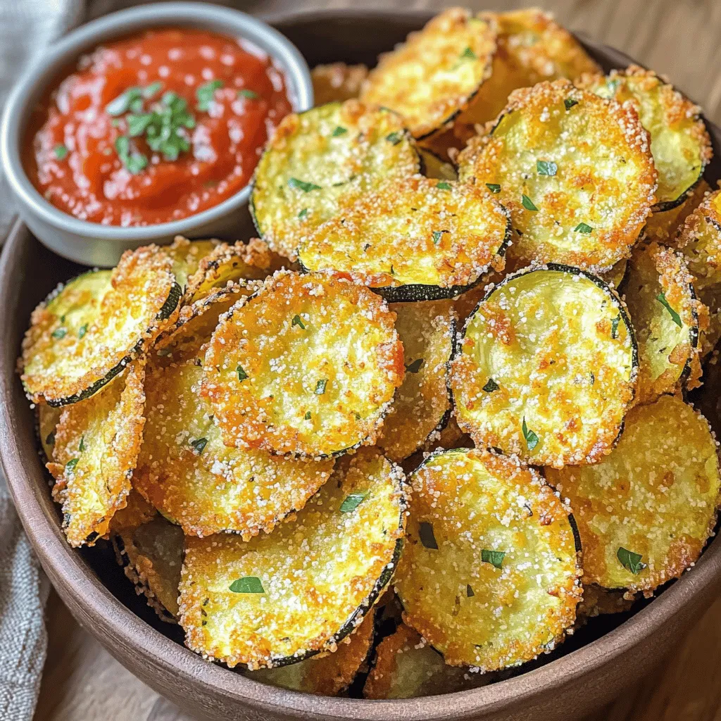 To make Air Fryer Parmesan Zucchini Chips, you need fresh and simple ingredients. Here’s what you’ll need: - 2 medium zucchinis, sliced into thin rounds - 1 cup grated Parmesan cheese - 1 cup breadcrumbs (preferably whole wheat for extra fiber) - 1 teaspoon garlic powder - 1 teaspoon onion powder - 1 teaspoon Italian seasoning - Salt and black pepper to taste - 2 large eggs, beaten - Olive oil spray Each ingredient plays a key role. The zucchinis give a fresh taste, while the Parmesan adds a nice salty flavor. Breadcrumbs provide crunch, and the spices enhance the overall taste. Eggs help the coatings stick to the zucchini slices, making them crispy in the air fryer. Using olive oil spray adds a touch of healthy fat, helping to achieve that perfect golden brown finish. Make sure to gather these items before you start cooking. Having everything ready will make the process smooth and fun! Set your air fryer to 375°F (190°C). This step helps the chips cook evenly and get crispy. In a shallow bowl, mix these ingredients: - 1 cup grated Parmesan cheese - 1 cup breadcrumbs - 1 teaspoon garlic powder - 1 teaspoon onion powder - 1 teaspoon Italian seasoning - Salt and black pepper to taste Stir well until everything is combined. In a separate bowl, beat 2 large eggs until mixed. Take each zucchini slice and dip it into the eggs. Let any extra egg drip off. Next, coat the zucchini slice in the breadcrumb mix, pressing it down to stick well. Place the breaded zucchini slices in a single layer in the air fryer basket. Avoid overcrowding the basket. If needed, work in batches for the best results. Lightly spray the tops of the zucchini chips with olive oil. This helps them crisp up. Cook them for 10 to 12 minutes. Shake the basket halfway through to ensure they cook evenly. Once the chips are golden brown and crispy, remove them from the air fryer. Let them cool for a minute. Serve in a cone-shaped holder or a rustic bowl. Pair with marinara sauce or garlic aioli for dipping. Enjoy your tasty snack or appetizer! To make your zucchini chips crispy, use thin slices. Aim for about 1/4 inch thick. This size helps them cook evenly and become crunchy. Lightly spray them with olive oil. This oil is key for that golden finish. Overcrowding the air fryer basket can lead to soggy chips. Arrange the zucchini in a single layer. If you have many slices, cook them in batches. This way, each chip gets the hot air it needs to crisp up. If your zucchini slices are thicker, you must adjust the cook time. For thicker slices, add 2-3 minutes to the cooking time. Keep a close eye on them. You want a golden brown look for the perfect crunch. Always use fresh zucchinis for the best taste. Fresh veggies hold moisture better and crisp up nicely. Check for firm and shiny zucchinis at the store. Fresh ingredients make a big difference in flavor and texture. {{image_2}} You can change the flavor of zucchini chips easily. Just add spices or herbs to the breadcrumb mix. For a kick, try chili powder or smoked paprika. If you love herbs, toss in dried basil or oregano. These add a nice twist and keep things fun. Need a gluten-free or low-carb option? Swap breadcrumbs for almond flour or crushed pork rinds. Both work great and give a nice crunch. You can also use crushed seeds for a nutty taste. These options make the chips tasty for everyone. Dips can make your zucchini chips even better. Marinara sauce is a classic pairing. It adds a rich flavor. You can also serve them with garlic aioli for a creamy touch. For something fresh, try a yogurt-based dip. Each dip makes the chips more enjoyable and fun to eat. To store your leftover Parmesan zucchini chips, let them cool first. Place the chips in an airtight container. Keep them in the fridge for up to three days. This will help maintain their taste and texture. However, they may not stay crispy. To reheat the zucchini chips, use your air fryer. Preheat it to 350°F (175°C). Place the chips in a single layer. Heat for about 5 minutes or until they get crispy again. You can also use an oven at the same temperature. Just keep an eye on them to prevent burning. If you want to freeze the zucchini chips, first let them cool completely. Arrange them in a single layer on a baking sheet. Freeze for about an hour. Once frozen, transfer them to a freezer bag. They can last up to two months in the freezer. When ready to eat, reheat directly from frozen in the air fryer. To make your zucchini chips crispier, use thin slices. Aim for about 1/4 inch thick. After coating, let them sit for a few minutes. This helps the breading stick better. Spray them lightly with olive oil before cooking. You can also try air frying them a bit longer, but watch closely to avoid burning. Yes, you can use other cheeses! Cheddar or mozzarella will work well. Just remember, the flavor will change. Parmesan gives that nice sharp taste, but feel free to experiment. Mixing different cheeses can add more depth to the flavor. If your zucchini seems too watery, sprinkle salt on the slices. Let them sit for about 15 minutes. This draws out moisture. Pat them dry with paper towels. This step helps your chips get nice and crispy. These zucchini chips are best fresh. However, you can store leftovers in an airtight container for up to 3 days. They may lose some crispiness. To revive them, pop them back into the air fryer for a few minutes. Yes, you can make zucchini chips in the oven! Preheat your oven to 425°F (220°C). Place the coated zucchini on a baking sheet in a single layer. Bake for about 15-20 minutes, flipping halfway. Keep an eye on them to get that golden crispiness. You learned how to make tasty Air Fryer Parmesan Zucchini Chips. We covered ingredients, cooking steps, helpful tips, and tasty variations. I shared storage info and answered common questions. Now, you have all the tools to create this crunchy snack at home. Enjoy experimenting with flavors and sharing these chips with friends. Happy cooking!