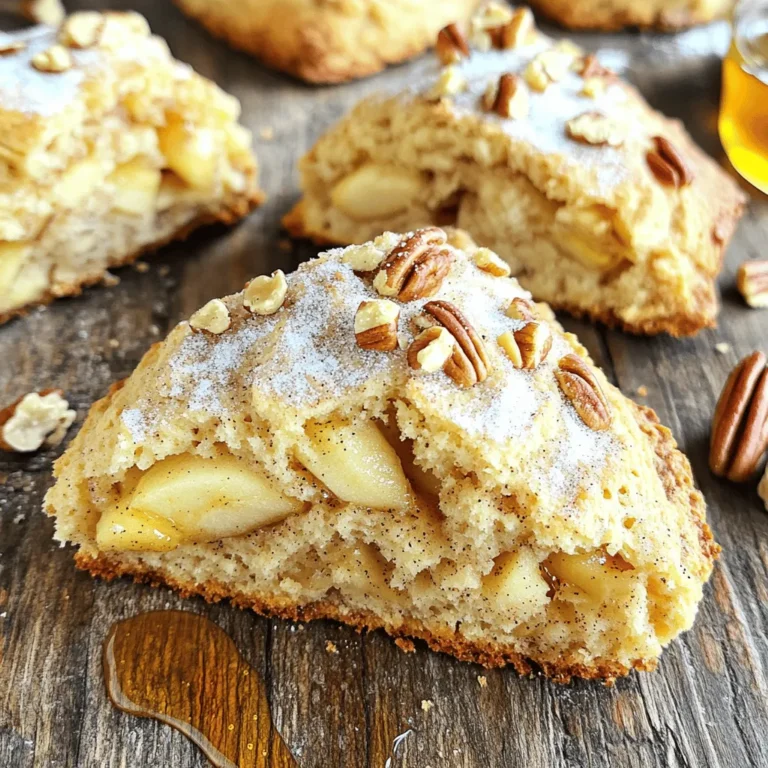 To make warm apple cinnamon pecan scones, gather these fresh ingredients: - 2 cups all-purpose flour - 1/3 cup granulated sugar - 1 tablespoon baking powder - 1 teaspoon ground cinnamon - 1/2 teaspoon salt - 1/2 cup unsalted butter, cold and cubed - 1/2 cup pecans, chopped - 1 medium apple, peeled, cored, and diced (preferably Granny Smith) - 1/2 cup buttermilk (or milk with a splash of vinegar) - 1 teaspoon vanilla extract - 1 egg, beaten (for egg wash) - Extra sugar for sprinkling You can take your scones to the next level with a few extras: - Drizzle of honey or maple syrup - A sprinkle of cinnamon sugar - More chopped pecans for garnish Using high-quality ingredients makes a big difference. Here’s what to keep in mind: - Flour: Use fresh all-purpose flour for the best texture. - Butter: Cold, unsalted butter gives you flaky layers. - Pecans: Use raw pecans for a fresher taste. Toast them lightly for more flavor. - Apples: Granny Smith apples add a nice tartness. Look for firm, crisp apples. - Buttermilk: Fresh buttermilk creates moist scones. If you use milk and vinegar, let it sit for 5 minutes before mixing. These tips help ensure your scones turn out delicious and full of flavor. First, preheat your oven to 400°F (200°C). This step is key for a nice bake. Next, line a baking sheet with parchment paper. This will help the scones not stick. In a large bowl, whisk together these dry ingredients: 2 cups of all-purpose flour, 1/3 cup of granulated sugar, 1 tablespoon of baking powder, 1 teaspoon of ground cinnamon, and 1/2 teaspoon of salt. This mix is the base of your scones. Now, add 1/2 cup of cold, cubed unsalted butter. Use a pastry cutter or your fingers to mix it in. You want it to look like coarse crumbs. Once that’s done, fold in 1/2 cup of chopped pecans and 1 medium diced apple. Granny Smith works great here for a tart kick. In a separate bowl, mix 1/2 cup of buttermilk with 1 teaspoon of vanilla extract. Pour this wet mix into your dry ingredients. Stir gently until just combined. Be careful not to overmix. Turn the dough onto a floured surface. Knead it gently until it holds together. Pat it into a circle about 1 inch thick. Then, cut the dough into 8 wedges. Think of cutting a pizza. Place the scones on your lined baking sheet, spacing them out a bit. Brush the tops with a beaten egg for a nice shine. Sprinkle some extra sugar on top for a sweet glaze. Bake the scones for 15-20 minutes. Look for a golden brown color. Once done, let them cool on a wire rack for 5-10 minutes. They are now ready to enjoy! To make flaky scones, keep the butter cold. Cold butter makes little pockets of steam when baking. This creates a light, airy texture. Use a pastry cutter or your fingers to mix it into the flour. Do this until it looks like coarse crumbs. Be gentle when mixing in the wet ingredients. Overmixing can lead to tough scones. Just combine until everything holds together. Warm apple cinnamon pecan scones shine when served fresh. Try drizzling them with honey or maple syrup. A spoonful of whipped cream also adds a lovely touch. For a cozy drink, serve them with hot apple cider or a cup of tea. This pairing will enhance the flavors of the scones. You can also add a few extra chopped pecans on top for a nice crunch. One common mistake is using warm butter. Always use cold, cubed butter to keep the scones flaky. Another mistake is overmixing the dough. Mix just enough to combine the wet and dry ingredients. Lastly, do not skip the egg wash. Brushing the tops with the egg creates a beautiful golden color. Avoid these mistakes, and your scones will turn out perfect every time! {{image_2}} You can easily adjust this scone recipe to fit different diets. For a gluten-free option, use a gluten-free flour blend. Almond flour is also a great choice for a nutty flavor. If you want a dairy-free scone, substitute the butter with coconut oil or a vegan butter. Use almond milk or oat milk instead of buttermilk. These swaps keep the scones tasty and enjoyable for everyone. While apple cinnamon pecan is a classic, feel free to have fun with flavors. You can add chocolate chips for a sweet twist. Dried fruit, like cranberries or raisins, also works well. Try adding a hint of orange zest to brighten the flavor. Each addition brings a new layer of taste, making your scones unique every time. Scones can change with the seasons. In fall, add pumpkin spice for that warm, cozy vibe. You can mix in some pumpkin puree to the dough for a richer flavor. For summer, consider adding fresh berries like blueberries or raspberries. These seasonal ingredients enhance your scone experience while keeping it fresh and exciting. To keep your leftover scones fresh, place them in an airtight container. You can also wrap them in plastic wrap. Store them at room temperature for one to two days. If you want them to last longer, consider refrigerating them. This can help maintain their taste and texture. When you're ready to enjoy your scones again, preheat your oven to 350°F (175°C). Place the scones on a baking sheet. Heat them for about 5 to 10 minutes. This will warm them up and restore their flaky texture. You can also microwave them for about 15-20 seconds if you prefer a quicker option. If you want to save your scones for later, freezing is a great option. Wrap each scone in plastic wrap and place them in a freezer bag. They can last up to three months in the freezer. When you are ready to eat one, thaw it overnight in the fridge. Then, reheat it in the oven as mentioned earlier. Enjoy a warm treat whenever you like! You can tell when your scones are done by looking for a golden-brown color. They should feel firm to the touch. A toothpick inserted into the center should come out clean. If you see any wet dough, they need more time. Bake them for 15-20 minutes, keeping an eye on them. Yes, you can substitute buttermilk. Use regular milk with a splash of vinegar instead. This mixture will mimic the tangy flavor of buttermilk. Mix 1/2 cup of milk with 1/2 teaspoon of vinegar and let it sit for five minutes. It will work well in the scone recipe. Serve the warm scones straight from the oven. They taste great with a drizzle of honey or maple syrup. You can also add a few extra chopped pecans on top for a nice look. Pair them with a hot cup of tea or coffee for a perfect treat. You learned key steps to make tasty scones, from choosing good ingredients to baking. Remember to mix well, and avoid common mistakes for the best results. Try fun variations to suit your taste. Store leftovers properly to enjoy later, and reheat them for that fresh-baked flavor. With these tips, you can make scones everyone will love. Enjoy your baking journey, and keep experimenting with flavors and techniques!