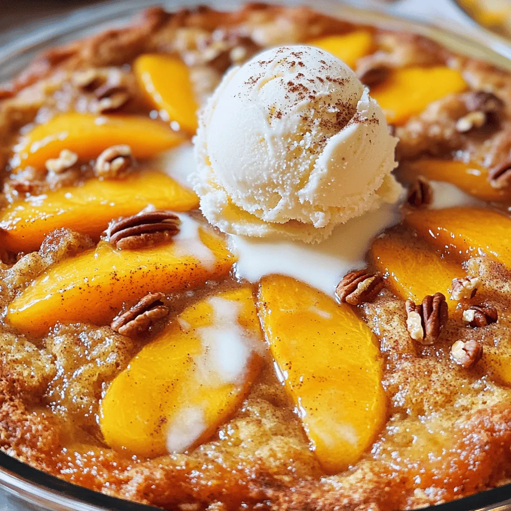 - 2 cups canned or fresh peaches, sliced - 1 cup peach juice or syrup - 1 cup granulated sugar - 1/2 teaspoon cinnamon - 1 box yellow cake mix - 1/2 cup unsalted butter, melted - 1 cup chopped pecans (optional) - 1 teaspoon vanilla extract To make a great Peach Cobbler Dump Cake, you need simple ingredients. Fresh or canned peaches are perfect for this recipe. Using canned peaches saves time, but fresh peaches taste amazing too. You will also need peach juice or syrup from the canned peaches. This adds sweet flavor and moisture. Granulated sugar sweetens the dessert. Just the right amount of sugar makes the peaches shine. Adding cinnamon gives warmth and a hint of spice. It pairs well with peaches and adds depth to the flavor. For the cake base, you’ll use a box of yellow cake mix. This makes the recipe quick and easy. You just pour it over the peach mixture without mixing. Melted unsalted butter is key to making the cake moist and rich. Pour it evenly over the top for the best results. If you want to add some crunch, consider chopped pecans. They add a delightful texture. A splash of vanilla extract enhances the flavors, making the dessert even better. Each ingredient plays a role in creating a delicious Peach Cobbler Dump Cake that is sure to impress. Start by mixing the peaches with their juice. You can use fresh or canned peaches. Add in the sugar and cinnamon. Stir this well until everything blends. Pour this sweet mixture into a greased 9x13 inch baking dish. Spread it evenly across the bottom. This layer will be the base of your delicious dump cake. Now, take your box of yellow cake mix. Sprinkle it evenly over the peach mixture. Make sure to cover all areas. This helps create a nice cake layer on top. Next, melt your butter in the microwave or on the stove. Drizzle the melted butter over the cake mix. Try to cover as much of the mix as you can. This step adds moisture and flavor to your cake. Preheat your oven to 350°F (175°C). Once your oven is ready, place the baking dish inside. Bake for 45 to 50 minutes. You will know it's ready when the top turns golden brown. Look for bubbly edges around the dish. These signs mean your peach cobbler dump cake is done. Let it cool slightly before serving. To get the best Peach Cobbler Dump Cake, cover the cake mix with butter. This step is key. It helps keep the cake moist and gives it a nice golden color. If you skip this, the top may bake dry and not taste as good. For even baking, spread the cake mix evenly over the peach layer. Make sure every part is covered. This helps the cake cook at the same rate. If one spot is too thick, it might not bake well. When serving, add a scoop of vanilla ice cream on top. The cold ice cream melts into the warm cake, creating a yummy mix. You can also sprinkle some cinnamon for extra flavor. This adds a nice look and taste. To make the dessert look fancy, garnish with chopped pecans. They give a nice crunch and a pop of color. Arrange the pecans in a circle on top or sprinkle them over the ice cream. This makes your cake look as good as it tastes! {{image_2}} You can change up the peaches in your dump cake. Try using other fruits for fun flavors. Apples, cherries, or blueberries work great. Each fruit brings its own taste and texture. For a twist, mix different fruits together. For example, combine peaches with blueberries for a sweet and tangy treat. This gives your dump cake a unique flavor that delights your taste buds. If you need gluten-free options, you can use gluten-free cake mix. Many brands offer good mixes that taste great. Just follow the same steps as the original recipe. For those wanting to cut down on sugar, try using sugar substitutes. Sweeteners like stevia or monk fruit can work well. Adjust the amount based on your taste. These changes let everyone enjoy this dessert without worry. After enjoying your peach cobbler dump cake, store leftovers in a safe way. I recommend using an airtight container. This keeps the cake fresh and moist. You can also cover the dish tightly with plastic wrap. Make sure it fits well over the top. When you refrigerate, place the cake in the fridge right away. The cool air helps slow down spoilage. Try to eat the leftovers within three to four days for the best taste. To reheat your dump cake, use the oven or microwave. For the oven, preheat it to 350°F (175°C). Place a slice on a baking sheet and warm for about 10-15 minutes. This method keeps the cake crispy on top. If you're in a hurry, use the microwave. Heat a slice for 20-30 seconds. To keep it moist, place a damp paper towel over the cake. This helps prevent it from drying out. Enjoy your warm and tasty dessert! Yes, you can make this dessert ahead of time. To do this, prepare the peach mixture and layer it in the baking dish. Cover it well and store it in the fridge for up to a day. When ready to bake, sprinkle the cake mix and drizzle the butter on top. Bake it fresh for the best taste. This method keeps the flavors bright and delicious. You can double the recipe with a few changes. Use a larger baking dish, like a 12x18 inch pan. Keep the same oven temperature of 350°F (175°C). Bake for about 5 to 10 extra minutes. Make sure to check for a golden top and bubbly edges. Doubling gives you more to share with family and friends. Peach Cobbler Dump Cake pairs well with many toppings. A scoop of vanilla ice cream is a classic choice. The cold ice cream melts into the warm cake, creating a great mix. You can also add whipped cream for a light touch. If you want something crunchy, try adding chopped pecans on top. A sprinkle of cinnamon adds a nice flavor boost too. Enjoy your dessert! In this article, we explored how to create a delightful Peach Cobbler Dump Cake. We covered ingredients, step-by-step instructions, tips for success, and variations to customize your cake. You learned how to prepare the peach mixture, assemble, and bake it perfectly. Remember, this dessert is simple and fun to make. Feel free to experiment with different fruits or try gluten-free options. Enjoy your cake warm with ice cream or your favorite toppings. Happy baking!