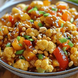 - 1 large head of cauliflower, cut into florets - 3 tablespoons soy sauce - 1 tablespoon hoisin sauce - 1 tablespoon rice vinegar - 1 tablespoon sesame oil - 2 tablespoons vegetable oil - 1 bell pepper, diced (any color) - 3 green onions, chopped - 3 garlic cloves, minced - 1-inch piece of ginger, grated - 1/2 cup roasted peanuts - 1-2 tablespoons Sichuan peppercorns (adjust to taste) - 1-2 teaspoons red pepper flakes (adjust to spice preference) - Salt to taste When you gather your ingredients, use a large head of cauliflower. You can swap out the bell pepper for any color. If you want a gluten-free version, choose tamari instead of soy sauce. For a sweeter taste, you can add a bit of honey or maple syrup to the sauce mix. Look for a cauliflower that feels heavy for its size. The florets should be tight and compact. Choose a head that is pure white without any brown spots. Fresh cauliflower has crisp leaves around it. If the leaves are wilted, pick another head. This way, your Kung Pao Cauliflower will taste its best! First, gather a small bowl. In this bowl, mix together: - 3 tablespoons soy sauce - 1 tablespoon hoisin sauce - 1 tablespoon rice vinegar - 1 tablespoon sesame oil Stir well until it blends nicely. This sauce adds a rich flavor to the dish. Set it aside for later. Next, heat 2 tablespoons vegetable oil in a large wok or frying pan. Keep the heat at medium-high. Once hot, add 1 large head of cauliflower, cut into florets. Stir-fry this for about 5-7 minutes. You want the cauliflower to turn golden brown and feel tender-crisp. This step is key for great texture. Now, it’s time to add more flavor. Toss in: - 1 diced bell pepper - 3 minced garlic cloves - 1-inch piece of grated ginger Stir-fry these for another 2-3 minutes. The bell pepper should stay bright and crisp. After that, pour in the prepared sauce. Toss everything together to coat the cauliflower and peppers evenly. Finally, add: - 1/2 cup roasted peanuts - 1-2 tablespoons Sichuan peppercorns (adjust to taste) - 1-2 teaspoons red pepper flakes (adjust to spice preference) Stir everything well and cook for another 1-2 minutes. This will heat everything through. Season with salt to taste. Before serving, mix in 3 chopped green onions. Enjoy this spicy and flavorful delight! For the best texture, use a large head of cauliflower. Cut the florets into even pieces. This helps them cook evenly. Stir-fry on medium-high heat. You want them golden brown and tender-crisp. This usually takes about 5-7 minutes. Do not overcrowd the pan. Cook in batches if needed. This keeps the cauliflower from steaming. Spice levels can change your dish’s taste. Start with one tablespoon of Sichuan peppercorns. If you like more heat, add more. For red pepper flakes, start with one teaspoon. Remember, you can always add more. This way, you can find the right heat for you. Taste as you go to ensure it's just right. Presentation makes food more fun. Serve Kung Pao Cauliflower in a large bowl. Use a deep dish for an eye-catching look. Garnish with extra green onions and sesame seeds. This adds color and texture. You can also serve it with steamed rice or noodles. It makes a great pairing and rounds out the meal. Enjoy the bright colors and delicious flavors! {{image_2}} Kung Pao Cauliflower is already vegan! You get tasty flavors without meat. The sauce uses soy sauce, hoisin, and sesame oil. These ingredients give it a rich, deep taste. If you want, use tempeh instead of cauliflower for a protein boost. To make Kung Pao Cauliflower gluten-free, swap regular soy sauce for tamari. Tamari has a similar taste but is made without wheat. Check your hoisin sauce too. Some brands are gluten-free, so read labels. Feel free to change up veggies! Add broccoli, snap peas, or carrots for crunch. You can also mix in tofu or chickpeas for extra protein. If you like it spicy, try adding more Sichuan peppercorns or red pepper flakes. Each change makes the dish unique and fun! To store leftover Kung Pao Cauliflower, place it in an airtight container. Make sure to cool it to room temperature first. This helps keep the flavor and texture. You can keep it in the fridge for up to three days. When you’re ready to eat, reheat it in a pan. Heat over medium heat for about five minutes. Stir it often to warm it evenly. You can also microwave it for about two minutes. Just cover it with a damp paper towel to keep it moist. You can freeze Kung Pao Cauliflower if you want to save it longer. Place it in a freezer-safe container. It can last for up to two months. When you’re ready to eat, thaw it in the fridge overnight. Reheat it in a pan or microwave as described above. Yes, you can make Kung Pao Cauliflower ahead of time. Cook it fully and let it cool down. Store it in an airtight container in the fridge. It will stay fresh for about three days. When you are ready to eat, just reheat it in a pan. Stir it well to keep the flavors intact. I love serving Kung Pao Cauliflower with steamed rice or quinoa. The rice soaks up the delicious sauce. You can also pair it with a side of stir-fried greens, like bok choy or broccoli. For a special touch, add some crispy tofu or chicken for protein. This meal becomes colorful and well-balanced. To make it spicier, add more Sichuan peppercorns and red pepper flakes. Start with a little and taste as you go. For a milder version, use fewer red pepper flakes. You can also skip the Sichuan peppercorns. Remember, you can always add more spice, but it's harder to take it away! This blog post covered how to make Kung Pao Cauliflower, from choosing fresh ingredients to cooking tips. We talked about ingredient lists and how to adjust flavors. You now know how to store leftovers and even freeze the dish. Remember, cooking is fun and will let you explore flavors. Use what you learned here to create a dish you love. Enjoy making it your way!