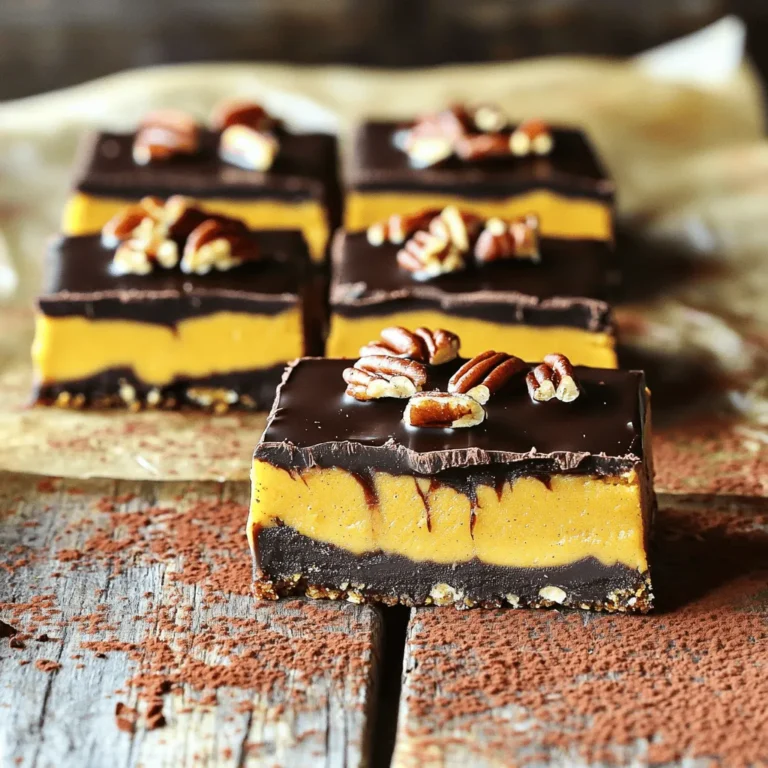 To make No-Bake Chocolate Peanut Butter Pumpkin Bars, gather these simple ingredients: - 1 cup almond flour - 1/2 cup rolled oats - 1/4 cup coconut oil, melted - 1/3 cup maple syrup - 1/2 cup pumpkin puree - 1/4 cup creamy peanut butter - 1/2 teaspoon cinnamon - 1/4 teaspoon nutmeg - 1/4 teaspoon vanilla extract - 1/2 cup dark chocolate chips - 1/2 cup chopped pecans or walnuts (optional) These ingredients come together to create a rich and tasty treat. The almond flour and oats form a great base. Coconut oil adds healthy fat, while maple syrup gives sweetness. Pumpkin puree brings moisture and a fall flavor. Creamy peanut butter adds depth and richness. Cinnamon and nutmeg enhance the taste, making it cozy. Vanilla extract gives a nice aroma. Dark chocolate chips provide a sweet finish, and the nuts add crunch. Each part plays a key role in making these bars a delight. This list makes it easy to prepare your bars. You can find these items in most stores. If you want to add some fun, try different nuts or even seeds. 1. Mixing the dry ingredients Start by taking a medium bowl. Add 1 cup of almond flour and 1/2 cup of rolled oats. Stir these ingredients well. This helps create a good base for your bars. 2. Whisking the wet ingredients In a small bowl, combine 1/4 cup of melted coconut oil, 1/3 cup of maple syrup, and 1/4 teaspoon of vanilla extract. Whisk until all the ingredients blend smoothly. This will add sweetness and flavor. 3. Combining wet and dry mixtures Pour the wet mixture into the dry bowl. Mix them together until a crumbly dough forms. You want it to hold together when pressed, but not be too sticky. 4. Pressing the crust into the baking dish Grab an 8x8 inch baking dish and line it with parchment paper. Press the dough firmly into the bottom of the dish. This forms a solid crust for your bars. Make sure it’s even across the bottom. 5. Preparing the pumpkin filling In another bowl, mix 1/2 cup of pumpkin puree with 1/4 cup of creamy peanut butter. Add 1/2 teaspoon of cinnamon and 1/4 teaspoon of nutmeg. Stir until it’s smooth and creamy. This will be the tasty filling. 6. Spreading the filling over the crust Use a spatula to spread the pumpkin filling evenly over the crust. Make sure it covers the crust completely. This layer is key to bringing all the flavors together. 7. Melting the chocolate In a microwave-safe bowl, add 1/2 cup of dark chocolate chips. Heat them in 30-second intervals, stirring in between. Keep going until the chocolate is smooth. Be careful not to burn it. 8. Drizzling chocolate and adding nuts Drizzle the melted chocolate over the pumpkin layer. You can use a toothpick to swirl it if you want. If you like nuts, sprinkle 1/2 cup of chopped pecans or walnuts on top for a nice crunch. After these steps, refrigerate the bars for at least 2 hours. Once set, cut them into squares and enjoy your delicious no-bake chocolate peanut butter pumpkin bars! - Ensuring the crust is evenly pressed Use a flat surface, like a measuring cup, to press the crust firmly. This helps create a solid base that won’t crumble when you cut the bars. - How to achieve a smooth pumpkin filling Mix the pumpkin puree and peanut butter together well. Make sure to whisk until no lumps remain. This makes the filling creamy and smooth. - Melting chocolate without burning Microwave the dark chocolate chips in 30-second bursts. Stir in between until it melts fully. This keeps the chocolate from burning and clumping. - Enhancing flavor with additional spices Add a pinch of ginger or cloves to the pumpkin filling. This adds warmth and depth to the flavor, making the bars even tastier. {{image_2}} You can change the flavors and textures of these bars by swapping ingredients. Here are some ideas: - Using different nut butters: You can use almond butter or cashew butter instead of peanut butter. Each nut butter gives a unique taste. Cashew butter is creamy and sweet, while almond butter adds a nutty twist. - Alternatives to coconut oil: If you don’t have coconut oil, you can use unsalted butter or even avocado oil. Both options keep the bars moist and tasty. - Gluten-free options with different flours: If you need gluten-free bars, try using oat flour or coconut flour instead of almond flour. Each flour changes the texture slightly, giving you different results. - Adding different mix-ins like raisins or chocolate chunks: You can add fun mix-ins to your bars. Try adding raisins for sweetness or chocolate chunks for extra chocolate flavor. Nuts also add crunch and flavor. These variations let you customize the bars to your taste and dietary needs. Feel free to experiment and make them your own! To keep your No-Bake Chocolate Peanut Butter Pumpkin Bars fresh, store them in the fridge. Place the bars in an airtight container. This helps maintain their flavor and texture. They will stay fresh for up to one week. If you want to save some for later, freezing is a great option. Wrap each bar in plastic wrap and then place them in a freezer bag. This prevents freezer burn and keeps them tasty. You can freeze these bars for up to three months. When it’s time to enjoy your frozen bars, defrost them in the fridge. This method helps them keep their creamy texture. Avoid microwaving, as it can make them too soft or change their taste. By following these storage tips, you can savor these delicious bars any time you want! Yes, you can make these bars vegan! Simply swap the honey or maple syrup for agave syrup. Use a plant-based chocolate for the drizzle. These bars last up to one week in the fridge. Store them in an airtight container to keep them fresh. You can use fresh pumpkin. Just make sure to cook it until soft, then blend it until smooth. You can use honey or agave syrup as a sweetener. Both will work great in this recipe. Yes, you can use sunflower seed butter instead of peanut butter. Swap almond flour for oat flour to keep it nut-free. You now know how to make delicious pumpkin bars. We covered the key ingredients, step-by-step instructions, and helpful tips. Remember, you can customize this recipe with your own favorite flavors. Store them correctly, and they will stay fresh for you to enjoy. With these bars, you can impress friends and family, or treat yourself. Get creative and make this recipe your own!