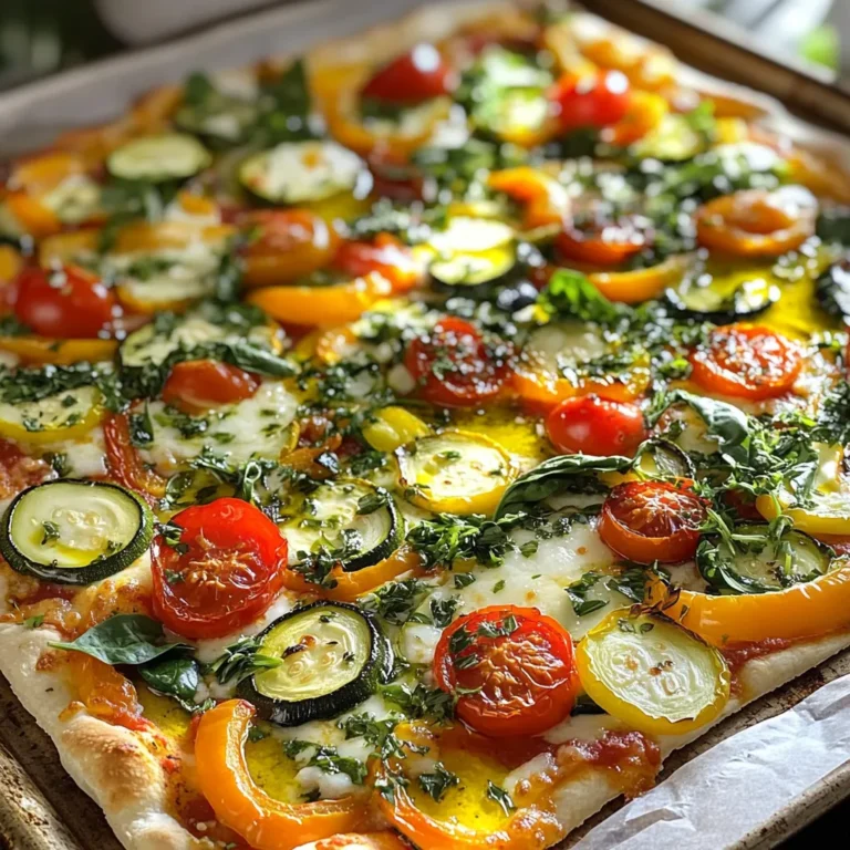 For a great sheet pan veggie pizza, start with the basics. Here are the key items you need: - 1 large sheet pan or baking tray - 1 pre-made pizza dough (store-bought or homemade) - 1 cup pizza sauce (store-bought or homemade) - 2 cups shredded mozzarella cheese Choosing the right pizza dough is important. You can buy pre-made dough at the store or make your own. Both options work well. For sauce, any pizza sauce you enjoy is fine. Look for one that has a rich flavor. Mozzarella cheese is the best choice for that classic gooey texture. Next, let’s talk about veggies. Here are my top picks for flavor and texture: - 1 bell pepper (red or yellow), diced - 1 cup cherry tomatoes, halved - 1 zucchini, sliced into thin rounds - 1 small red onion, thinly sliced - 1 cup baby spinach These vegetables add great color and taste. You can mix it up based on what’s in season. Look for fresh produce that feels firm and looks vibrant. Avoid any vegetables with soft spots or discoloration. Now, let’s enhance those flavors with some spices: - 1 teaspoon dried Italian herbs (oregano, basil) - Salt and pepper to taste - Fresh basil leaves for garnish (optional) Dried Italian herbs bring warmth and depth. Feel free to adjust the seasonings based on your taste. You could also add crushed red pepper for a kick. Fresh basil on top makes a lovely garnish and adds a fresh scent. Customizing your seasonings can make your pizza unique! 1. First, preheat your oven to 425°F (220°C). A hot oven helps create a crisp crust. 2. Next, prepare your sheet pan. Lightly grease it with olive oil or line it with parchment paper. This keeps your pizza from sticking. 3. Now, roll out your pizza dough on a floured surface. You want it to fit your sheet pan. Once rolled, gently transfer it to the pan. Stretch it to reach the edges if needed. 1. Spread your pizza sauce evenly over the dough. Leave a small border around the edges. 2. Next, sprinkle a generous layer of shredded mozzarella cheese over the sauce. This will melt and hold everything together. 3. In a bowl, combine diced bell pepper, cherry tomatoes, sliced zucchini, and thinly sliced red onion. Drizzle with olive oil, and season with salt, pepper, and dried Italian herbs. Toss well. 4. Evenly distribute the veggie mix over the cheese. This ensures every bite is full of flavor. 5. Finally, scatter baby spinach leaves on top. This adds color and a fresh taste. 1. Bake your pizza in the preheated oven for 15-20 minutes. Look for bubbling cheese and a golden crust. 2. To check for doneness, look for a crispy edge and melted cheese. If it’s not ready, add a few extra minutes. This step-by-step guide makes it easy to create a delicious sheet pan veggie pizza. Enjoy the process and savor the flavors! To get a crispy crust, use a hot oven. Preheat it to 425°F (220°C) before baking. Lightly oil your sheet pan or use parchment paper. This keeps the dough from sticking. Roll the pizza dough thin. A thicker crust can turn soggy. For veggies, choose firm options like bell peppers and zucchini. Cut them into even pieces. This helps them cook at the same rate. Toss them in olive oil and seasonings before adding to the pizza. This adds flavor and keeps them from becoming mushy. When assembling your pizza, don’t overload it with toppings. Too many veggies can weigh it down and make it soggy. Spread the sauce evenly, but leave a small border around the edges. This helps the crust stay crispy. For leftovers, store them in an airtight container. Keep them in the fridge and eat them within three days. If you have leftover veggies, use them in salads or omelets. For busy weeknights, meal prep is key. Chop your veggies ahead of time and store them in the fridge. You can also roll out the pizza dough a day early. Wrap it tightly and keep it in the fridge. Consider making a double batch of pizza. You can freeze one for later. Just bake it until the cheese melts, then freeze. When you’re ready to eat, thaw it and bake again. This saves time and effort. {{image_2}} You can easily adapt the sheet pan veggie pizza to fit your diet. If you need a gluten-free option, many brands offer gluten-free pizza dough. Look for those made with rice flour or almond flour. They bake well and taste great. For those avoiding dairy, there are many delicious cheese substitutes. Nutritional yeast adds a cheesy flavor without dairy. You can also try almond or cashew-based cheeses. They melt nicely and give a creamy texture. Want to spice things up? Consider adding protein to your pizza. You can use cooked chicken, pepperoni, or sausage for meat lovers. If you prefer plant-based options, add chickpeas or tofu. They add protein and texture. You can also give your pizza a regional twist. Try adding toppings like artichokes for a Mediterranean vibe. Or go for a Mexican flair with black beans and jalapeños. Let your taste buds guide you! Making personal-sized sheet pan pizzas is fun and easy. Simply divide the dough into smaller pieces. Each person can choose their favorite toppings. This is perfect for family meals or gatherings. When it comes to cooking, you can grill or bake your pizza. Grilling gives a smoky flavor and crispy crust. Baking in the oven is more traditional and ensures even cooking. Both methods work well, so choose what suits you best! To keep your leftover pizza fresh, choose airtight containers. Glass or plastic containers work great. If you don’t have containers, wrap the pizza in aluminum foil. This helps to keep the moisture in. Store your pizza in the fridge. It stays good for about 3 days. The best way to reheat pizza is in the oven. Preheat your oven to 375°F (190°C). Place the pizza on a baking sheet and heat for 10-15 minutes. You can also use a skillet. Heat on medium for about 5 minutes. If you have many leftovers, consider freezing them. Freezing stops the pizza from spoiling. To freeze unbaked pizza, prepare it on the sheet pan first. Wrap it tightly with plastic wrap and then aluminum foil. This protects it from freezer burn. When you want to bake it, remove the wrap, and bake straight from the freezer. To thaw, place it in the fridge overnight. Then, bake it as normal. Enjoy fresh pizza anytime! Making pizza dough is simple. Start with these basic steps: 1. Mix the Ingredients: In a bowl, combine 2 cups of flour, 1 packet of yeast, and a pinch of salt. Add warm water and 1 tablespoon of olive oil. 2. Knead the Dough: Mix until a ball forms. Knead on a floured surface for about 5 to 10 minutes. 3. Let it Rise: Place the dough in a greased bowl. Cover it with a cloth. Let it rise for 1 hour in a warm spot until it doubles in size. 4. Shape the Dough: After rising, punch it down. Roll it out to fit your sheet pan. This dough works great for your sheet pan veggie pizza. Yes, you can use frozen vegetables. Here are the pros and cons: - Pros: - Frozen veggies are ready to use. - They save time on prep. - They can be just as nutritious as fresh. - Cons: - Frozen vegetables can be watery. - They may lack some fresh flavor. If you use frozen veggies, thaw and drain them before adding to your pizza. This helps avoid a soggy crust. Great sides can make your meal even better. Here are some tasty suggestions: - Side Dishes: - A fresh green salad with a light dressing. - Garlic bread or cheesy breadsticks. - Dips and Sauces: - Marinara sauce for extra dipping. - A creamy ranch or garlic dip pairs well too. These sides add more flavor and fun to your pizza night! In this guide, we covered how to make a delicious sheet pan veggie pizza. We looked at ingredients, from dough to veggies and sauces. I shared steps for preparation and assembly, along with baking tips. You learned about common mistakes and time-saving tricks. Now, you can make your pizza unique with dietary adaptations and flavor twists. Enjoy the fun of creating a tasty meal that suits your style. With these tips, you’ll impress everyone at your table!