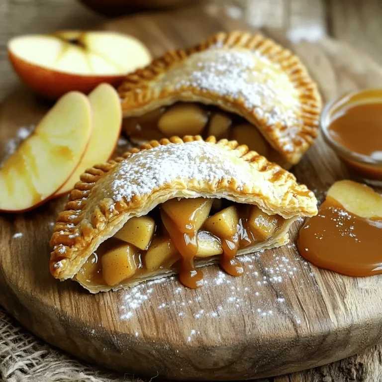 - 2 cups all-purpose flour - 1/2 cup unsalted butter, chilled and cubed - 3 medium apples (Granny Smith or Honeycrisp), peeled and diced - 1/2 cup brown sugar - 1/2 cup caramel sauce (store-bought or homemade) - 1 teaspoon cinnamon - 1 tablespoon lemon juice - 1 egg, beaten (for egg wash) You need these ingredients to make your caramel apple hand pies. The all-purpose flour forms the base of the crust. Using chilled unsalted butter helps create a flaky texture. Apples add sweetness and a bit of tartness, especially if you pick Granny Smith or Honeycrisp. Brown sugar gives a rich flavor to your filling. The caramel sauce adds a gooey texture that pairs well with the apples. For the flavors, cinnamon warms the taste. Lemon juice brightens the apple taste, making it pop. The egg wash gives a beautiful golden finish to the crust. These ingredients come together to create a warm, delicious dessert. Each bite will remind you of cozy fall days. 1. Mixing dry ingredients: Start by taking a large bowl. Add 2 cups of all-purpose flour, 1/2 teaspoon of salt, and 1 tablespoon of sugar. Use a whisk to blend these dry ingredients well. 2. Combining butter and forming the dough: Next, add 1/2 cup of chilled and cubed unsalted butter. Use a pastry cutter or fork to mix until it looks like coarse crumbs. This step is key for a flaky texture. 3. Chilling the dough: Gradually add 6-8 tablespoons of ice water, one tablespoon at a time. Mix until the dough holds together. Divide it into two discs. Wrap each in plastic wrap and chill in the fridge for at least 30 minutes. 1. Preparing the apples: While the dough chills, peel and dice 3 medium apples, like Granny Smith or Honeycrisp. This gives a nice tart flavor. 2. Mixing with brown sugar and spices: In another bowl, combine the diced apples with 1/2 cup of brown sugar, 1 teaspoon of cinnamon, and 1 tablespoon of lemon juice. Mix it well and set aside. Letting it sit helps the flavors blend. 1. Rolling out the dough: Preheat your oven to 400°F (200°C). On a lightly floured surface, take one disc of dough and roll it out to about 1/8-inch thick. Use a round cutter that is 4-5 inches in diameter to cut out circles. 2. Filling and sealing the pies: Place 1-2 tablespoons of the apple mixture in the center of each circle. Drizzle a small amount of caramel sauce over the apples for that sweet touch. 3. Baking instructions: Fold the dough over the filling to make a half-moon shape. Press the edges to seal, then crimp with a fork. Place the hand pies on a parchment-lined baking sheet. Brush the tops with a beaten egg and sprinkle with sugar. Bake for 20-25 minutes until golden brown. Now, you’re ready to enjoy these delightful treats! Cold ingredients make the dough flakier. Use chilled butter and ice water. This helps create pockets of air, giving your hand pies a light texture. Avoid overworking the dough. Mix gently until just combined. If you knead too much, the dough can become tough. Consider adding spices like nutmeg or ginger. These add depth to the filling. Choose apples wisely. Granny Smith apples are tart and hold their shape well. Honeycrisp apples are sweet and juicy, perfect for this recipe. Mix different types for a balanced flavor. Ensure even baking by spacing the pies apart. This allows hot air to circulate. Bake until golden brown, about 20-25 minutes. To check doneness, look for a rich color on the top. If they don’t brown, they may need more time. {{image_2}} You can easily make these hand pies gluten-free. Use a gluten-free flour blend instead of all-purpose flour. Look for blends that include xanthan gum for the best texture. When adjusting the recipe, keep the liquid amounts the same. You may need to add a bit more ice water if the dough feels too dry. To make these hand pies vegan, replace the butter with coconut oil or a vegan butter. For the egg wash, use a mix of plant-based milk and a bit of maple syrup. You can also use a flax egg as a binding agent. For caramel, look for vegan caramel sauce at your local store or make your own using coconut milk and brown sugar. Feel free to get creative with the filling! You can add chopped nuts like walnuts or pecans for extra crunch. Other fruits, such as pears or cranberries, can also work well. Experiment with spices like nutmeg or ginger to add a twist. Each variation brings a new flavor to your hand pies, making them unique each time you bake them. To keep your caramel apple hand pies fresh, use a container with a tight lid. Place a piece of parchment paper between layers to avoid sticking. Store them in the fridge for up to three days. For longer storage, you can freeze them. Wrap each pie in plastic wrap and then in foil. This keeps them safe from freezer burn. They can last in the freezer for up to three months. To reheat your hand pies, avoid the microwave. Microwaving can make them soggy. Instead, use an oven or toaster oven. Preheat to 350°F (175°C). Place the pies on a baking sheet. Heat for about 10-15 minutes, or until warm. This method keeps them crispy and delicious. Caramel apple hand pies last three days in the fridge. If frozen, they stay good for three months. Always check for changes in smell or texture before eating. If they look or smell off, it’s best to toss them. Enjoy your pies fresh for the best taste! Yes, you can make the dough in advance. Here’s how: - Prepare the dough as directed. - After forming it into discs, wrap them well in plastic wrap. - Store the wrapped dough in the fridge for up to two days. - You can also freeze it for up to three months. Just thaw it in the fridge overnight before using. The best apples for hand pies are tart and firm. Here are my top picks: - Granny Smith: They add a nice tartness. - Honeycrisp: These apples are sweet and crunchy. - Fuji: They are sweet and hold their shape well. Using a mix of these apples can give your pies a great flavor boost. Yes, you can use store-bought dough. Here are the pros and cons: - Pros: It saves time and effort. You can skip the mixing and chilling steps. - Cons: It may lack the fresh taste of homemade dough. The texture might not be as flaky. If you want to save time, go for store-bought. It’s a good option for busy days! We explored how to make delicious hand pies, covering key ingredients like flour, butter, and apples. You learned about creating the perfect dough and filling, along with baking tips for great results. Variations for gluten-free and vegan options let everyone join in. Remember to store leftovers properly for later enjoyment. With these steps, you can enjoy homemade hand pies any time. Now, it's your turn to get baking!