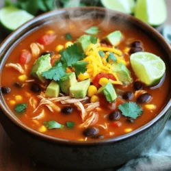 - 1 lb boneless, skinless chicken breasts - 1 can (15 oz) black beans, rinsed and drained - 1 can (15 oz) corn, drained - 1 can (10 oz) diced tomatoes with green chilies - 4 cups low-sodium chicken broth - 1 medium onion, chopped - 2 cloves garlic, minced - 2 teaspoons chili powder - 1 teaspoon cumin - 1 teaspoon paprika - Salt and pepper to taste - 1 cup shredded cheese (cheddar or Mexican blend) - Fresh cilantro, chopped (for garnish) - Lime wedges (for serving) - Avocado, diced (for serving) - Additional spices like cayenne for heat - Variations on beans, such as pinto or kidney beans - Different types of cheese, like pepper jack or queso fresco The main ingredients form the base of the soup. The chicken adds protein and flavor. The black beans and corn offer a nice texture. Diced tomatoes with green chilies bring a rich zest. You can change the spices to fit your taste. Add cayenne if you like it hot. Try different beans for varied taste and texture. For cheese, experiment with your favorites. Pepper jack adds a nice kick. Queso fresco gives a creamy touch. Don't forget the garnishes! Fresh cilantro brightens the dish. Lime juice adds a fresh zing. Diced avocado gives a creamy finish. These ingredients and optional tweaks make your soup special. Enjoy mixing and matching! Start by adding chopped onion and minced garlic to the bottom of your slow cooker. This builds a great flavor base. The onion gives sweetness, while garlic adds depth. Layering is key here. Place these ingredients first to ensure they cook well with the chicken above. Next, lay the boneless chicken breasts on top of the onion and garlic. Then, add the rinsed black beans, drained corn, and diced tomatoes with green chilies. Sprinkle in the chili powder, cumin, paprika, salt, and pepper. Finally, pour the chicken broth over everything. Make sure the chicken is completely submerged to keep it moist. You can cook your soup on low for 6-8 hours or on high for 3-4 hours. Cooking on low makes the chicken tender. You’ll know it’s done when the chicken shreds easily with a fork. Keep an eye on it during the last hour to prevent overcooking. Once cooked, remove the chicken breasts. Use two forks to shred the chicken into bite-sized pieces. Return the shredded chicken to the soup. Mix it well with the other ingredients. Taste your soup and adjust the flavors. You might want more salt or spices for a bolder taste. Ladle the soup into bowls, and make it look fantastic! Top each bowl with shredded cheese, fresh cilantro, and diced avocado. A squeeze of lime juice adds a nice zing. This soup is comforting and full of flavor! To boost the flavor of your soup, adjust the spices. Start by tasting your soup before serving. Add more chili powder or cumin for a kick. If you like it milder, use less spice. Fresh herbs can also add depth. Try adding fresh cilantro or parsley near the end of cooking. They lift the taste and make it bright. For even cooking, layer your ingredients correctly. Place onions and garlic at the bottom. This helps them cook well. Avoid burning by checking the liquid level. If it looks low, add more broth. Always ensure the chicken is covered. This keeps it moist and tender. If you want a thicker consistency, there are easy methods. One option is to use cornstarch. Mix one tablespoon with cold water, then stir this into the soup. Let it cook for a few minutes to thicken. You can also use masa harina. This adds a nice flavor while thickening the soup. Just mix it with some water before adding it. {{image_2}} You can easily make this soup vegetarian. Start by swapping chicken for plant-based protein. Options like tofu, tempeh, or chickpeas work well. Adding more vegetables boosts flavor and nutrition. Consider bell peppers, zucchini, or carrots. These veggies add color and texture, making the soup hearty. If you crave heat, there are easy ways to spice it up. Add more chili powder or diced jalapeños to the mix. You can also use hot sauce for an instant kick. For toppings, consider spicy options. Pickled jalapeños, spicy salsa, or a dash of cayenne pepper brighten each bowl. These additions make each bite exciting. For a dairy-free version, use non-dairy cheese. Brands like Daiya or Follow Your Heart melt well. They add creaminess without the dairy. To replace creamy textures, try coconut milk or cashew cream. These options create a rich and smooth finish. They also pair well with the soup's bold spices. To store your soup, let it cool first. Use an airtight container to keep it fresh. You can store it in the fridge for up to three days. This keeps the flavors nice and strong. For longer storage, freeze the soup. Use freezer-safe bags or containers. Leave some space at the top for expansion. Your soup can last up to three months in the freezer. When ready to eat, thaw it overnight in the fridge. Reheat it gently on the stove until hot. You can get creative with leftover soup. Use it as a sauce over nachos for a tasty snack. Mix it into a casserole with rice and cheese for a new meal. You can even blend it into a dip for veggies or chips. These ideas help reduce waste and make meals fun. Yes, you can use frozen chicken in this soup. Just know it will take longer to cook. If using frozen chicken, add about 1 to 2 hours to the cooking time. Make sure to check that the chicken reaches a safe internal temperature of 165°F. This keeps your meal safe and tasty. The soup has a mild to medium heat level. You can adjust the spice by adding more chili powder or using spicy diced tomatoes. For less heat, use mild tomatoes and reduce the chili powder. Each ingredient you choose affects the overall heat. Yes, you can make this soup on the stovetop. To do this, follow the same steps but use a large pot. Cook on medium heat for about 30 to 45 minutes. Stir occasionally until the chicken cooks through. This method is quicker than the slow cooker. If you need a broth substitute, try vegetable broth or beef broth. For a homemade option, simmer water with herbs and spices for flavor. You can also use bouillon cubes dissolved in hot water for a quick fix. Each option brings its own taste to the soup. This blog post explored creating delicious slow cooker soup using chicken, vegetables, and spices. You learned step-by-step instructions for preparation and cooking, plus tips to enhance flavor and texture. We discussed variations for vegetarian, spicy, and dairy-free options. Finally, you found useful storage advice for leftovers. Enjoy crafting this warm dish your family will love. Experiment with flavors and make it your own. Happy cooking!