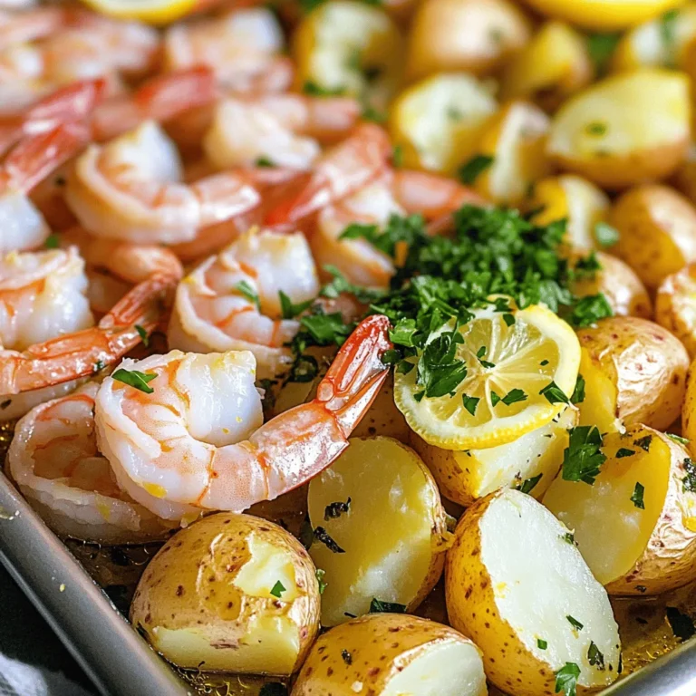 - 1 lb large shrimp, peeled and deveined - 1 lb baby potatoes, halved - 3 tablespoons olive oil - 2 tablespoons fresh lemon juice - Zest of 1 lemon - 2 teaspoons garlic powder - 1 teaspoon onion powder - 1 teaspoon dried thyme - 1 teaspoon dried oregano - 1 teaspoon paprika - Salt and pepper to taste - Fresh parsley, chopped, for garnish This recipe combines simple, fresh ingredients to create a bright and tasty dish. The shrimp brings a sweet flavor, while the baby potatoes add a hearty touch. I love using fresh lemon juice and zest for a burst of citrus. It brightens up the dish and makes it feel light and fresh. Olive oil is key here. It helps the shrimp and potatoes cook nicely and adds richness. The combination of garlic powder, onion powder, thyme, oregano, and paprika rounds out the flavor. Don't skip the salt and pepper; they enhance all the other tastes. For garnish, I recommend fresh parsley. It adds a nice color and freshness. You can use it for decoration or mix it into the dish right before serving. Enjoy this easy recipe with ingredients you can find at any store. 1. Preheat the oven: Start by preheating your oven to 400°F (200°C). This step is key for crisp potatoes and tender shrimp. 2. Prepare the potatoes: In a large bowl, toss the halved baby potatoes with 2 tablespoons of olive oil. Add garlic powder, onion powder, thyme, oregano, paprika, salt, and pepper. Mix until every potato is nicely coated. 3. Arrange potatoes on the sheet pan: Place the seasoned potatoes cut side down on one side of the prepared sheet pan. This helps them get a nice golden color. Bake for 15-20 minutes, until they begin to soften. 1. Prepare the shrimp mixture: While the potatoes bake, take a separate bowl to mix the shrimp. Add the peeled and deveined shrimp, lemon juice, lemon zest, and 1 tablespoon of olive oil. 2. Combine shrimp with seasonings: Toss the shrimp in the bowl until they are all coated. Add salt and pepper to taste. This mix gives your shrimp a bright flavor. 1. Combining potatoes and shrimp for baking: After 15-20 minutes, take the sheet pan out. Push the cooked potatoes to one side of the pan. Spread the seasoned shrimp on the other side. 2. Final cooking time and temperature: Put the sheet pan back in the oven. Bake for an additional 10-12 minutes. The shrimp should turn opaque and the potatoes should be tender and slightly crispy. Once done, you’re ready to serve a delightful meal! How to achieve crispy potatoes To get crispy potatoes, start by cutting them in half. This gives a larger surface area for crisping. Toss them in olive oil, garlic powder, and seasonings. Place them cut side down on the pan. Bake them at 400°F (200°C) for 15-20 minutes. This step helps them soften and begin to brown. After this, push them to one side before adding shrimp. This allows for even cooking. The high heat makes them crispy. You want that golden look! Best practices for cooking shrimp For perfect shrimp, use large shrimp. They cook quickly and stay juicy. Toss them with lemon juice and zest for flavor. Add olive oil, salt, and pepper. Coat them well. When you add shrimp to the pan, ensure they are spread out. This helps them cook evenly. Bake for just 10-12 minutes. Watch for them to turn opaque. This means they are ready! Pairing dishes for a complete meal For a full meal, serve your shrimp and potatoes with a fresh salad. A simple green salad with lemon vinaigrette pairs well. You could also add some crusty bread to soak up the juices. If you want a heartier option, serve with rice or quinoa. These grains will complement the dish nicely. Recommended side items Some good side items include steamed veggies. Broccoli or green beans add color and nutrition. Grilled asparagus is another great choice. It brings a nice crunch and flavor to your plate. For a fun twist, you can serve a dipping sauce. A garlic aioli or spicy mayo adds extra flavor. {{image_2}} You can switch up the shrimp you use. Try smaller shrimp for a bite-sized treat. If you want a big splash, use jumbo shrimp instead. They will still cook well and taste great. You can also add seasonal veggies. In spring, fresh asparagus works well. In summer, try cherry tomatoes or zucchini. Fall is perfect for sweet potatoes or brussels sprouts. Just keep cooking times in mind. To make this dish even better, think about adding more herbs. Fresh basil or dill will give a new twist. You can also try fresh rosemary for a bold taste. If you love heat, add red pepper flakes. A dash of cayenne pepper gives a spicy kick. You can also use a spicy sauce to drizzle on top after cooking. Store the leftover shrimp and potatoes in the fridge. Use an airtight container for best results. Make sure the container is clean and dry before placing the food inside. This helps keep the shrimp juicy and the potatoes soft. Leftovers can last up to three days in the fridge. To reheat, use the oven or a skillet. For the oven, preheat to 350°F (175°C). Place the shrimp and potatoes on a baking sheet. Heat for about 10-15 minutes until warm. This method keeps the shrimp tender and the potatoes crispy. If using a skillet, add a little oil over medium heat. Stir gently until everything is hot. This helps maintain the flavors and texture. Can I use frozen shrimp instead of fresh? Yes, you can use frozen shrimp. Just make sure to thaw them first. Place the frozen shrimp in cold water for about 15 minutes. This helps them cook evenly. How can I tell when shrimp are fully cooked? Shrimp turn pink and opaque when cooked. They should also curl into a C shape. If they curl tightly into an O shape, they may be overcooked. What to do if potatoes aren’t cooking fast enough? If your potatoes are not softening, check the oven temperature. Make sure it is set to 400°F. You can also slice the potatoes thinner to help them cook faster. How to adjust the recipe for different oven types? Ovens can vary in heat. If your oven runs hot, lower the temperature by 25°F. If it runs cool, increase it by 25°F. Always check the food a bit earlier than the time given. This recipe offers a simple and tasty way to cook shrimp and potatoes. You learned about the key ingredients, step-by-step prep, and cooking techniques. I shared tips for perfecting the dish and fun variations to try. Storing leftovers properly ensures you enjoy every bite later. Remember, cooking is about experimenting and having fun. So, get creative and make this dish your own! Enjoy your kitchen time and savor the flavors.