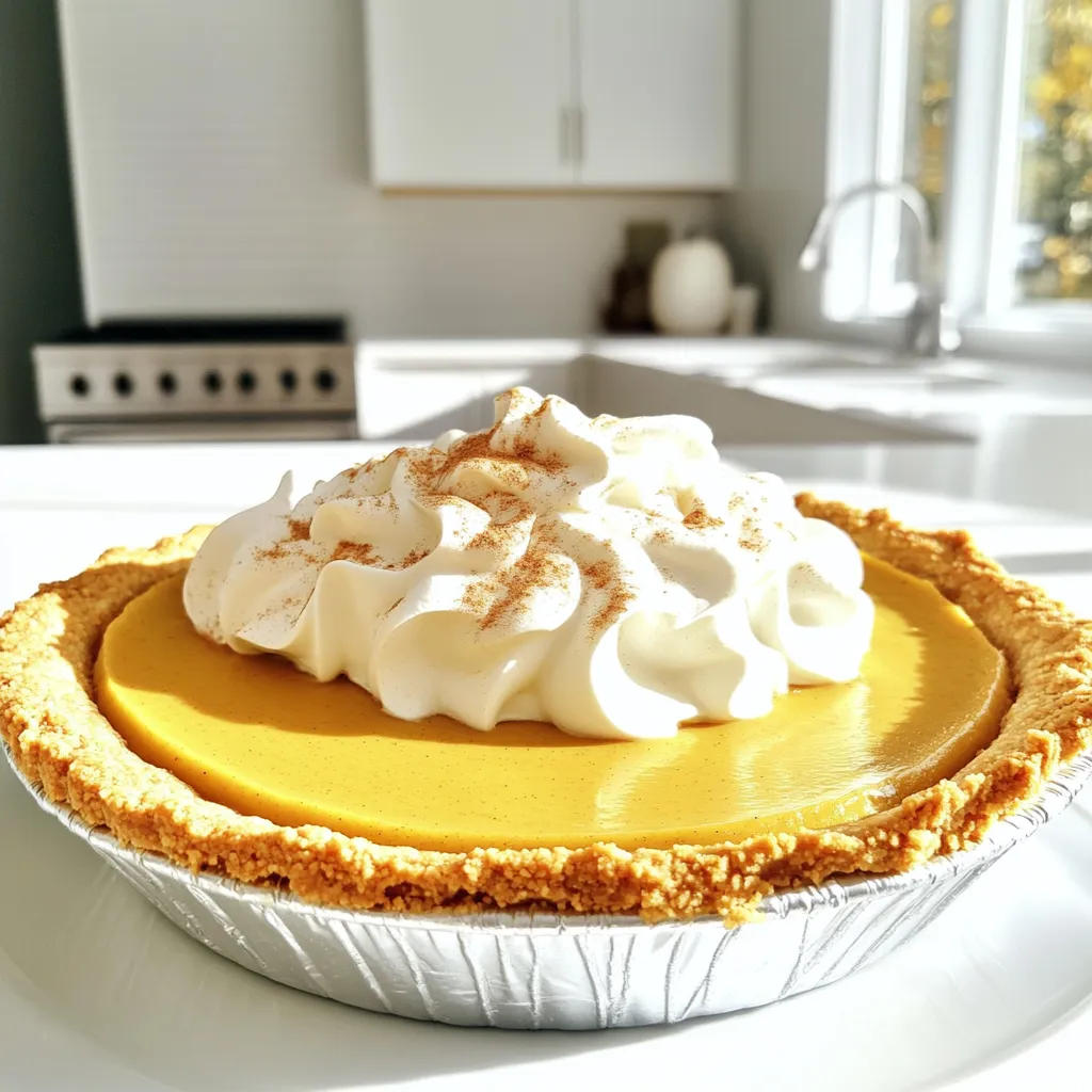 To make a tasty pumpkin cream pie, you need some key ingredients. Here’s what you’ll need: - 1 ½ cups graham cracker crumbs - ⅓ cup granulated sugar - ½ cup unsalted butter, melted - 1 can (15 oz) pumpkin puree - 1 cup heavy cream - ½ cup brown sugar - 2 eggs - 1 teaspoon vanilla extract - 1 teaspoon ground cinnamon - ½ teaspoon ground ginger - ¼ teaspoon ground nutmeg - ¼ teaspoon salt - Whipped cream, for topping These ingredients blend well together to create a creamy and rich flavor. For a touch of flair, consider these optional ingredients for garnishing: - Whipped cream - Pumpkin spice These additions can enhance the pie's look and taste. They add a festive touch, especially for fall gatherings. Choosing the right ingredients makes a big difference. Here are some tips: - Graham cracker crumbs: Look for fresh crumbs. They should smell sweet and not stale. - Pumpkin puree: Use pure pumpkin, not pumpkin pie filling. This ensures no extra sugars or spices. - Heavy cream: Choose high-quality cream for a rich texture. It helps to create a smooth filling. - Spices: Freshly ground spices work wonders. They have a stronger flavor than pre-ground options. By following these tips, you will ensure your pie tastes amazing! To start, gather your ingredients for the crust. You need: - 1 ½ cups graham cracker crumbs - ⅓ cup granulated sugar - ½ cup unsalted butter, melted First, preheat your oven to 350°F (175°C). In a mixing bowl, combine the graham cracker crumbs and sugar. Pour in the melted butter and mix well. The mixture should feel like wet sand. Next, press this mixture into the bottom and up the sides of a 9-inch pie dish. Use the back of a measuring cup or your fingers to pack it down tightly. Bake the crust for 10 minutes. After that, take it out and let it cool while you prepare the filling. Now, let’s make the pumpkin filling. You will need: - 1 can (15 oz) pumpkin puree - 1 cup heavy cream - ½ cup brown sugar - 2 eggs - 1 teaspoon vanilla extract - 1 teaspoon ground cinnamon - ½ teaspoon ground ginger - ¼ teaspoon ground nutmeg - ¼ teaspoon salt In a large bowl, whisk together the pumpkin puree, heavy cream, brown sugar, eggs, and vanilla extract. Make sure everything is well blended. Then, add the ground spices: cinnamon, ginger, nutmeg, and salt. Whisk again until the mixture is smooth and fully combined. Pour the pumpkin filling into the cooled graham cracker crust. Spread it out evenly. Bake the pie in the preheated oven for 40-45 minutes. You will know it’s done when a toothpick inserted in the center comes out clean. Once baked, remove the pie from the oven. Let it cool to room temperature. After that, place it in the refrigerator for at least 2 hours. This helps the pie set up nicely. Before serving, top each slice with whipped cream. You can also sprinkle some pumpkin spice on top for extra flavor. Enjoy your delicious pumpkin cream pie! To make the best pumpkin cream pie, start with fresh ingredients. Use real pumpkin puree for the best taste. If you use canned pumpkin, make sure it is pure pumpkin, not pumpkin pie filling. For the crust, pack it tightly. This helps keep it from falling apart. Bake the crust until golden brown for a nice crunch. Make sure to cool it before adding the filling. This keeps the crust crisp and tasty. Homemade whipped cream elevates your pie. To make it, use heavy cream. Chill your mixing bowl and beaters first. This helps the cream whip better. Start whipping on low speed, then increase to high. Add sugar and vanilla for flavor. Whip until soft peaks form. Don't over-whip; it can turn into butter. Top each slice of pie with a big dollop for a creamy finish. Avoid these common mistakes to ensure success. First, don’t skip the cooling step for the crust. If it’s warm, it will make the filling runny. Second, don’t overmix the filling. Mix until just combined to keep it light. Lastly, avoid cutting the pie too soon. Let it chill for at least two hours. This helps the filling set properly. Enjoy your perfect pumpkin cream pie! {{image_2}} If you want to switch things up, try different crusts. A traditional pie crust works well. You can also use a cookie crust made from Oreos for a fun twist. For a gluten-free option, use almond flour or gluten-free graham crackers. Each crust brings its own flavor and texture. Just remember to adjust baking times if needed. You can play with the flavors in the filling. Add chocolate chips for a sweet surprise. Mixing in some caramel can give a rich taste. If you love spice, try adding a pinch of clove for depth. You can also use maple syrup instead of brown sugar for a different sweetness. Experiment and find what makes your taste buds dance! This pie is perfect for many occasions. For Thanksgiving, serve it with a dollop of whipped cream. At a summer BBQ, top it with fresh berries for color and taste. Hosting a dinner party? Use a decorative pie dish and add a sprinkle of nutmeg for flair. No matter when you serve it, this pie will impress your guests! Store your leftover pumpkin cream pie in the fridge. Place it in an airtight container. If you do not have one, cover the pie tightly with plastic wrap. This keeps it fresh for about 3 to 4 days. Always keep it chilled to maintain its creamy texture. You can freeze pumpkin cream pie for longer storage. First, let the pie cool completely. Wrap it well in plastic wrap, then in aluminum foil. This double layer helps prevent freezer burn. You can freeze it for up to 2 months. When ready to eat, thaw it in the fridge overnight. To reheat your pie, preheat the oven to 350°F (175°C). Cover the pie with foil to avoid browning. Heat it for about 10 to 15 minutes or until warm. This helps preserve its smooth filling and graham crust. Enjoy your slice with fresh whipped cream for the best taste! You can store pumpkin cream pie in the refrigerator for up to four days. Make sure to cover it well with plastic wrap or foil. This helps keep the pie fresh and tasty. Yes, you can use fresh pumpkin. Just be sure to cook and puree it first. Fresh pumpkin has a lovely flavor, but it needs more prep time. Canned pumpkin is easy and saves time in a busy kitchen. To get a creamy filling, use heavy cream and whisk it well. Make sure all ingredients are mixed smoothly. This helps create that rich texture we love in pumpkin cream pie. Yes, it is important to refrigerate the pie. It helps the filling set better and keeps it safe to eat. Always chill it for at least two hours before serving. Absolutely! You can make this dessert a day or two ahead. Just store it in the fridge until you are ready to serve. This way, you can enjoy your time with friends and family. You now have all the tools to make a delicious pumpkin cream pie. We explored key ingredients, step-by-step instructions, and tips to avoid common mistakes. Variations let you customize the dish for any occasion. Storage tips ensure your pie stays fresh and tasty. This dessert is perfect for gatherings or quiet nights at home. With practice and care, you’ll impress everyone with your skills. Enjoy every slice!
