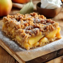 To make delicious spiced apple crumble bars, gather these key ingredients: - 2 cups all-purpose flour - 1 cup brown sugar, packed - 1/2 cup sugar - 1 cup unsalted butter, melted - 1 teaspoon baking powder - 1/2 teaspoon baking soda - 1 teaspoon cinnamon - 1/4 teaspoon nutmeg - 1/4 teaspoon allspice - 1/2 teaspoon salt - 3 cups apples, peeled and diced - 1 tablespoon lemon juice - 1 tablespoon cornstarch - 1 teaspoon vanilla extract - 1 cup rolled oats - 1/2 cup walnuts or pecans, chopped (optional) Each ingredient plays a role. The flour forms the base, while the sugar adds sweetness. The butter gives moisture and richness. Apples deliver natural flavor and texture. The magic of these bars lies in the spice blend. I love using: - 1 teaspoon cinnamon - 1/4 teaspoon nutmeg - 1/4 teaspoon allspice These spices bring warmth and depth. Cinnamon is a classic choice, but nutmeg and allspice add unique notes. Feel free to adjust the amounts to suit your taste. For extra crunch, consider adding nuts or other add-ins: - 1/2 cup walnuts or pecans, chopped - Chocolate chips or dried fruit Nuts add texture and flavor. Chocolate chips can elevate the sweetness, while dried fruit can add chewiness. Choose what you enjoy best! First, gather your ingredients. You need: - 2 cups all-purpose flour - 1 cup brown sugar, packed - 1/2 cup sugar - 1 cup unsalted butter, melted - 1 teaspoon baking powder - 1/2 teaspoon baking soda - 1 teaspoon cinnamon - 1/4 teaspoon nutmeg - 1/4 teaspoon allspice - 1/2 teaspoon salt - 3 cups apples, peeled and diced - 1 tablespoon lemon juice - 1 tablespoon cornstarch - 1 teaspoon vanilla extract - 1 cup rolled oats - 1/2 cup walnuts or pecans, chopped (optional) Preheat your oven to 350°F (175°C). Grease a 9x13 inch baking pan or line it with parchment paper. This helps you remove the bars easily later. In a large bowl, mix the flour, brown sugar, sugar, baking powder, baking soda, cinnamon, nutmeg, allspice, and salt. Stir it well to combine. Next, add the melted butter. Mix until it becomes crumbly but holds together when pressed. Set aside one cup of this mix for the topping. Press the rest of the mixture firmly into the bottom of the pan to form the crust. Bake it in the oven for 10 minutes. While the crust bakes, prepare the apples. In another bowl, combine the diced apples, lemon juice, cornstarch, and vanilla extract. Toss them well until the apples are coated. After the crust has baked, remove it from the oven. Spread the apple mixture evenly on top of the crust. Now, take the cup of reserved crumb mixture. Add the rolled oats and nuts if you like. Sprinkle this evenly over the apples. Bake the bars for an additional 25 to 30 minutes. The top should turn golden brown, and the apples should be tender. Once baked, take the pan out of the oven. Let it cool completely in the pan. This cooling step is key for easy slicing. After cooling, slice the bars into squares. For a nice touch, serve them on a rustic wooden board. You can dust them with powdered sugar or add a scoop of vanilla ice cream on the side. Enjoy your delicious Spiced Apple Crumble Bars! For the best flavor, pick tart apples. Varieties like Granny Smith or Honeycrisp work well. They hold their shape during baking and add a nice balance to the sweetness. Look for firm apples with bright color. Avoid any with bruises or soft spots. Fresh apples make a big difference in taste. To get a great crumble, mix the dry ingredients well. Use cold melted butter when mixing for a crumbly texture. The mixture should be moist but not sticky. Reserve some of the mixture for the topping. This adds a nice crunch to each bite. Don’t press it too hard into the pan. A light touch keeps it airy. Store your bars in an airtight container. They stay fresh at room temperature for up to three days. For longer storage, keep them in the fridge for up to a week. To reheat, pop them in the microwave for 10-15 seconds. You can also warm them in an oven at 350°F for about 5 minutes. Enjoy them warm for a cozy treat! {{image_2}} You can swap the all-purpose flour for gluten-free flour. Mix 2 cups of a gluten-free blend instead. This simple change makes it safe for those with gluten issues. You may also want to check that your oats are certified gluten-free. Some brands can have gluten from cross-contamination. To make these bars vegan, replace the butter with coconut oil or vegan butter. Use a flax egg instead of regular eggs. Mix 1 tablespoon of ground flaxseed with 2.5 tablespoons of water and let it sit for a few minutes. This will help bind your ingredients together. You can also switch the brown sugar for coconut sugar for a healthier option. You can get creative with flavors! Try adding raisins, cranberries, or dried apricots. For a nutty crunch, add more walnuts or pecans. Feel free to mix in some chocolate chips for a sweet twist. Top your bars with a sprinkle of sea salt or a drizzle of caramel for extra fun. One serving of Spiced Apple Crumble Bars is about one bar. Each bar has roughly 200 calories. This includes: - 9 grams of fat - 30 grams of carbohydrates - 2 grams of protein These bars are a tasty treat, but be mindful of portion sizes. The ingredients in these bars pack a punch. Apples are high in fiber and vitamin C. They help keep your heart healthy. Cinnamon may help lower blood sugar levels. Oats provide whole grains, which are good for digestion. Using nuts adds healthy fats and protein. This combo makes these bars not just sweet but also good for you. If you want a dairy-free version, it's easy! Substitute the unsalted butter with coconut oil or vegan butter. Both options work well. They keep the rich flavor without dairy, so everyone can enjoy these bars. Yes, you can use frozen apples. Just thaw them first and drain any extra juice. Frozen apples may be softer, so your bars may be a bit more moist. To balance this, add a little more cornstarch to absorb the moisture. To make the bars firmer, you can try these tips: - Use less apple filling. Too many apples can make the bars soggy. - Increase the baking time by a few minutes. This helps firm up the filling. - Let the bars cool completely in the pan. This helps them set better. These bars taste great on their own. However, you can enhance your dessert with: - A dollop of whipped cream for creaminess. - A scoop of vanilla ice cream for a warm and cold combo. - A light dusting of powdered sugar for a pretty finish. Feel free to get creative and try your own pairings! You've learned about the key ingredients for spiced apple crumble bars, including flavor tips and optional add-ins. I provided step-by-step instructions to make your bars perfectly. We explored helpful tricks for picking apples and achieving the right texture while discussing various dietary options. You’ve also seen the nutritional information to keep your choices healthy. Enjoy experimenting with this recipe! Your version could become a favorite for all.