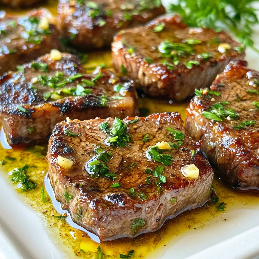 - 1 lb sirloin steak, cut into bite-sized pieces - 4 tablespoons unsalted butter - 4 cloves garlic, minced - 1 tablespoon fresh rosemary, chopped or 1 teaspoon dried - Salt and pepper to taste - 1 teaspoon smoked paprika - 1 tablespoon olive oil - Fresh parsley, chopped, for garnish When making garlic butter steak bites, you need high-quality ingredients. The sirloin steak shines as the main ingredient. Cut it into bite-sized pieces, and it cooks fast. Use unsalted butter for rich flavor and control over salt. Minced garlic adds a punch, while fresh rosemary brings a warm, earthy taste. For seasonings, salt and pepper are essential. Smoked paprika adds a nice depth, giving the dish a slight smokiness. Olive oil helps in searing the steak, so don’t skip it. Finally, fresh parsley brightens the dish and adds color. Gather these ingredients before starting. This way, you’ll have a smooth cooking experience. Enjoy the rich, buttery flavor, and savor each bite. {{ingredient_image_1}} To start, we need to season the steak. Take your 1 lb sirloin steak and cut it into bite-sized pieces. Sprinkle salt, pepper, and 1 teaspoon smoked paprika all over the steak. Make sure to coat every piece well. This step adds great flavor. Next, let the seasoned steak sit at room temperature for about 15 minutes. This helps the meat cook evenly. You want it to be at a good temp before it hits the hot pan. Now, let’s heat the skillet. In a large skillet, pour in 1 tablespoon of olive oil. Turn the heat to medium-high. Wait until the oil shimmers. This means it’s ready for the steak. Carefully add the seasoned steak bites to the skillet in a single layer. It’s important not to crowd the pan. If you add too many pieces at once, they will steam instead of sear. Let them cook for about 3-4 minutes without stirring. You want to see a nice brown crust form. Once that’s done, flip the steak bites over. Cook for another 2-3 minutes for medium-rare. If you like it more cooked, leave them a bit longer. Once done, remove the steak from the skillet and set it aside on a plate. Now for the best part: the garlic butter sauce. In the same skillet, lower the heat to medium. Add 4 tablespoons of unsalted butter. Let it melt slowly. When the butter is melted, add 4 minced garlic cloves and 1 tablespoon of chopped fresh rosemary. Sauté this mix for 1-2 minutes. You'll know it's ready when the garlic smells amazing. Just be careful not to burn it; burnt garlic is not tasty. Finally, return the steak bites to the skillet. Toss them in the garlic butter sauce until they are well coated. Cook for another minute to heat them through. Now, your garlic butter steak bites are ready to serve! To get that nice brown crust, start with a hot pan. Heat the olive oil until it shimmers. This helps the steak bites sear well. Do not overcrowd the pan. If you add too many pieces, they will steam instead of sear. Cook in batches if needed. This gives each bite the chance to get that perfect crust. Use a meat thermometer for the best results. Aim for 130°F for medium-rare. This keeps the steak juicy and tender. If you prefer well-done steak, cook it to 160°F. But be careful; it can dry out. I usually lean toward medium-rare for the best flavor and texture. You can play with extra seasonings. Try adding garlic powder or onion powder for more depth. Feel free to swap out herbs. Fresh thyme or oregano work well too. They add a unique twist to the garlic butter sauce. Pro Tips Let It Rest: After cooking, allow the steak bites to rest for a few minutes. This helps the juices redistribute, ensuring a more flavorful bite. Use High Heat: Searing the steak at a high temperature enhances the Maillard reaction, giving you a deliciously browned crust. Make sure your pan is hot enough before adding the meat. Fresh Herbs Matter: Opt for fresh rosemary if possible, as it provides a vibrant flavor that dried herbs cannot replicate. Add it towards the end of cooking to retain its aroma. Pair with Sides: These garlic butter steak bites pair wonderfully with sides like mashed potatoes or a fresh salad. Consider balancing the richness with a light dish. {{image_2}} You can use various cuts for steak bites. While sirloin is great, try ribeye for more fat and flavor. Tenderloin works too; it's lean and melts in your mouth. Just remember, cooking times will change based on the cut. - Ribeye: Sear for 3-4 minutes, then 2-3 minutes more. - Tenderloin: Cook for about 2-3 minutes each side for a nice medium-rare. Spice up your garlic butter steak bites with fun flavors. Adding mushrooms or bell peppers gives a nice texture and taste. Slice them thin and toss them in the pan after the steak bites. You can also mix in fresh herbs like thyme or parsley. They add a fresh touch that really brightens the dish. If you need gluten-free options, this recipe is already a winner! The ingredients do not contain gluten. For low-carb eaters, skip the butter or use ghee. You can serve it over veggies instead of rice or bread. Zucchini noodles or cauliflower rice work great! To store garlic butter steak bites, let them cool first. Place them in an airtight container. This keeps them fresh. The steak bites last in the fridge for 3 to 4 days. You can enjoy them later without losing flavor. You can freeze steak bites for longer storage. Place cooled bites in a freezer-safe bag. Remove as much air as you can. They last up to 3 months in the freezer. When you’re ready to eat, thaw them in the fridge overnight. For reheating, use a skillet over medium heat. Add a little butter or oil to keep them moist. Heat for about 5-7 minutes until warm. Garlic butter steak bites are versatile. You can use them in salads, tacos, or rice bowls. They add great flavor to any meal. Pair these bites with sides like roasted veggies or mashed potatoes. A fresh salad also works well. Enjoy a complete meal that is easy to make and delicious! Yes, you can use other cuts of steak for this recipe. Here are some great options: - Ribeye: Tender and rich in flavor. - Filet Mignon: Very tender and has a mild taste. - Flank Steak: Lean and flavorful, just slice it thin. - Skirt Steak: Great for a chewy texture and bold flavor. Each cut gives a different taste and texture, so feel free to experiment. To check if your steak bites are done, use these tips: - For medium-rare, the center should feel warm and soft. - A meat thermometer can help. Aim for 130°F (54°C). - If you prefer medium, aim for 140°F (60°C). Remember, cooking time varies, so check often to avoid overcooking. Garlic butter steak bites pair well with many sides. Here are some delicious options: - Mashed potatoes: Creamy and comforting. - Steamed broccoli: Adds a nice crunch. - Rice: Fluffy rice soaks up the sauce well. - Salad: A fresh salad brings balance to the meal. Feel free to mix and match these sides for a tasty dinner! This blog post covered how to make delicious garlic butter steak bites. You learned about the key ingredients, steps to cook them, and tips to enhance flavor. Remember, the right cuts and doneness are vital for great results. Feel free to explore variations and dietary options. With a few simple steps, you can create a tasty meal. Enjoy your cooking and impress your family with this easy dish. Your culinary skills are sure to grow with practice!