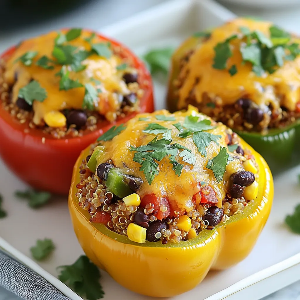 - 4 large bell peppers (red, yellow, or green) - 1 cup cooked quinoa - 1 cup black beans, rinsed and drained - 1 cup corn kernels (fresh or frozen) - 1 cup diced tomatoes (canned or fresh) - 1 teaspoon cumin - 1 teaspoon smoked paprika - 1/2 teaspoon garlic powder - 1/2 teaspoon onion powder - Salt and pepper to taste - 1 cup shredded cheese (cheddar or Mexican blend) - Fresh cilantro, chopped (for garnish) Consider adding these fun garnishes to your stuffed peppers: - A drizzle of extra virgin olive oil - Slices of creamy avocado - A sprinkle of fresh lime juice - Diced green onions for a crunchy bite These stuffed peppers are not just tasty; they are nutritious too. Each serving offers: - Calories: 350 - Protein: 15g - Carbohydrates: 40g - Dietary Fiber: 10g - Fat: 15g - Vitamin C: 150% of daily value - Iron: 20% of daily value These ingredients blend well to create a dish that is colorful and packed with flavor. The quinoa, beans, and corn add great textures. Plus, the spices bring warmth to each bite. Enjoy creating this healthy meal that satisfies both your taste buds and your body! {{ingredient_image_1}} Start by preheating your oven to 375°F (190°C). Next, take your bell peppers and slice the tops off each one. Remove the seeds and membranes inside. This will make room for the tasty filling. Place the hollowed-out peppers upright in a baking dish. You can use red, yellow, or green peppers for a colorful look. In a large mixing bowl, add the cooked quinoa. Then, add the black beans, corn, and diced tomatoes. Sprinkle in the cumin, smoked paprika, garlic powder, and onion powder. Season with salt and pepper to your liking. Use a spoon to mix everything together well. Make sure every ingredient is evenly combined. Spoon the quinoa mixture into each bell pepper. Pack the filling down gently to fill them completely. Top each pepper with shredded cheese. Cover the baking dish with aluminum foil. Bake in the oven for 30 minutes. After that, remove the foil and bake for another 10 to 15 minutes. Look for tender peppers and bubbly, golden cheese. Once done, let them cool slightly. Garnish with freshly chopped cilantro for a bright finish. To cook quinoa well, start with rinsing it under cold water. This removes any bitter taste. Use a ratio of 2 parts water to 1 part quinoa. Bring the water to a boil, then add the quinoa. Lower the heat, cover, and simmer for about 15 minutes. Once done, let it sit for 5 minutes. Fluff it with a fork before using. Choose bell peppers that feel firm and heavy. Look for bright colors without blemishes. Red, yellow, and green peppers all work well. Red peppers are sweeter, while green ones have a more bitter taste. Pick the color that fits your dish best. Fresh peppers will add great flavor to your stuffed peppers. When packing your stuffing, press it down gently into each pepper. This helps to fill every space and keeps the stuffing in place. Make sure to leave some room at the top for cheese. A well-packed pepper holds its shape during baking and makes for a better presentation. Enjoy the process of filling them! Pro Tips Choose Colorful Peppers: Using a variety of colored bell peppers not only enhances the visual appeal but also adds subtle differences in flavor and nutrients. Make Ahead: Prepare the quinoa mixture and stuff the peppers a day in advance. Just cover and refrigerate, then bake when ready to serve. Cheese Variations: Experiment with different types of cheese like feta, pepper jack, or mozzarella for a unique twist on flavors. Add Heat: If you enjoy spice, consider adding jalapeños or a dash of hot sauce to the filling for an extra kick. {{image_2}} You can easily make vegetarian stuffed peppers. Replace meat with black beans or quinoa. Use a mix of veggies like spinach or zucchini. Add spices to enhance the flavors. You can also include cheese for a creamy touch. This way, you keep it healthy and filling. These stuffed peppers are naturally gluten-free. Use quinoa, black beans, or rice as your base. Check all labels for hidden gluten in canned goods. Fresh ingredients, like veggies and spices, are safe choices. Enjoy a tasty meal without worrying about gluten. If you prefer meat, ground turkey or chicken works well. You can also use beef or pork for a heartier dish. For grains, try brown rice or farro. Each option gives a unique flavor and texture. Feel free to mix and match to find your favorite! After enjoying your stuffed peppers, let them cool. Place any leftovers in a container. Use an airtight container to keep them fresh. Store the peppers in the fridge. They will stay good for up to three days. Make sure to label the container with the date. This helps you track how long they have been stored. To reheat your stuffed peppers, preheat your oven to 350°F (175°C). Place the peppers in a baking dish. If they seem dry, add a splash of water. Cover the dish with foil to keep moisture in. Heat for about 20 minutes or until warm. You can also use a microwave for a quicker option. Heat each pepper for about 2-3 minutes. Check that they are hot throughout before eating. You can freeze stuffed peppers for longer storage. First, let them cool completely. Wrap each pepper in plastic wrap. Then, place them in a freezer-safe bag. Remove as much air as possible before sealing. Label the bag with the date. Frozen stuffed peppers can last up to three months. When ready to eat, thaw in the fridge overnight. Reheat as mentioned earlier, and enjoy! Yes, you can prepare stuffed peppers ahead of time. You can stuff the peppers and keep them in the fridge for up to 24 hours. Just cover them with plastic wrap or foil. When ready to cook, bake them straight from the fridge. This saves time and makes dinner easier on busy days. If you do not have quinoa, you can use rice or couscous. Both work well in stuffed peppers. Cooked brown rice adds a nice texture. Couscous is soft and quick to cook. You can also use farro or barley for a different taste and bite. Stuffed peppers last about three to four days in the fridge. Make sure to store them in an airtight container. If you notice any off smells or colors, it is best to discard them. Always check for freshness before eating. Absolutely! You can add many vegetables to the stuffing. Chopped zucchini, mushrooms, or spinach work well. Just make sure to chop them small and cook them lightly. This way, they mix well with the other flavors in the filling. Get creative and use what you love! This blog post shared how to make classic stuffed peppers. We covered each ingredient and offered optional garnishes. I provided step-by-step instructions for prepping, mixing, and baking. You learned tips on choosing the best peppers and cooking quinoa. We explored delicious variations for different diets and how to store and reheat leftovers. Remember, stuffed peppers can be versatile and fun to make. I hope you feel inspired to try this dish and create your own tasty twists!