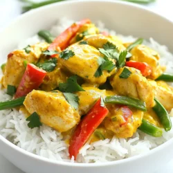 To make Coconut Curry Chicken, gather these simple ingredients: - 1 lb (450g) chicken breast, cut into bite-sized pieces - 1 can (14 oz) coconut milk - 2 tablespoons curry powder - 1 tablespoon fresh ginger, grated - 2 garlic cloves, minced - 1 medium onion, chopped - 1 red bell pepper, sliced - 1 cup green beans, trimmed - 2 tablespoons soy sauce - 1 tablespoon lime juice - 1 tablespoon vegetable oil - Salt and pepper to taste - Fresh cilantro, for garnish - Cooked jasmine rice, for serving This dish serves four and provides a good mix of protein, fats, and carbs. Each serving has about: - Calories: 400 - Protein: 30g - Fat: 20g - Carbohydrates: 30g - Fiber: 4g This balance makes it a filling meal. You can swap some ingredients if needed: - Chicken: Use tofu or chickpeas for a vegetarian option. - Coconut milk: Almond milk can work, but it will taste different. - Curry powder: Try garam masala or a mix of spices if you want a different flavor. - Green beans: Snap peas or broccoli are good alternatives. These changes keep the dish tasty while fitting your needs. {{ingredient_image_1}} Start by gathering all your ingredients. You will need: - 1 lb chicken breast, cut into bite-sized pieces - 1 can coconut milk - 2 tablespoons curry powder - 1 tablespoon fresh ginger, grated - 2 garlic cloves, minced - 1 medium onion, chopped - 1 red bell pepper, sliced - 1 cup green beans, trimmed - 2 tablespoons soy sauce - 1 tablespoon lime juice - 1 tablespoon vegetable oil - Salt and pepper to taste - Fresh cilantro for garnish - Cooked jasmine rice for serving Make sure to wash and chop the veggies first. This step keeps your cooking smooth and fun. Heat the vegetable oil in a large skillet over medium heat. Add the chopped onion and sauté it until it looks clear, about 3-4 minutes. Next, stir in the minced garlic and grated ginger. Cook for 1 more minute to bring out their smells. Then, add the chicken pieces to the pan. Cook them until golden brown on all sides, about 5-7 minutes. Sprinkle the curry powder over the chicken. Mix it well to coat each piece. Let it cook for a couple of minutes to blend the flavors. Now, pour in the coconut milk, soy sauce, and lime juice. Stir everything together. Bring the mix to a gentle simmer. Add the sliced red bell pepper and green beans. Let it simmer for 10-15 minutes. Ensure the chicken is fully cooked, and the veggies are tender. Season with salt and pepper to taste. You can also adjust the lime juice or soy sauce if you want more flavor. Serve this coconut curry chicken over a bed of fluffy jasmine rice. This dish is best with freshly chopped cilantro on top. The cilantro adds a nice aroma and freshness. You can also pair it with a side of naan or crispy poppadoms for extra texture. Enjoy your vibrant and tasty meal! To cook Coconut Curry Chicken, I like using a large skillet or saucepan. This allows even heat and good mixing. Start on medium heat to get the oil hot. Sauté the onion first for the best flavor. This step builds the base of the dish. Once the onion is soft, add garlic and ginger. These add a great aroma. Add the chicken next and brown it on all sides. This locks in the juices. Pour in coconut milk last for a creamy finish. Simmer gently for perfect results. You can boost flavor in this dish easily. Try adding a touch of brown sugar for sweetness. It balances the curry powder. A dash of fish sauce can deepen the taste too. If you love spice, add red pepper flakes or fresh chili. Fresh lime juice brightens the dish at the end. Always taste and adjust flavors as you go. Fresh cilantro on top adds aroma and color. This makes the dish more appealing. One common mistake is overcooking the chicken. It can become dry and tough. Cook just until it’s no longer pink. Another mistake is not seasoning enough. Salt and pepper are key for flavor. Also, don’t skip the lime juice. It adds a nice zing. Lastly, avoid cooking on too high heat. This can scorch the coconut milk. Keep it low and let it simmer gently. These tips will help you make a perfect Coconut Curry Chicken. Pro Tips Use Fresh Ingredients: Fresh ginger and garlic will enhance the flavor of your curry significantly compared to dried spices. Adjust Spice Level: If you prefer a spicier dish, consider adding a pinch of red pepper flakes or a diced chili pepper when you sauté the onions. Thicken the Sauce: For a thicker curry, let the sauce simmer longer or stir in a tablespoon of cornstarch mixed with water towards the end of cooking. Garnish Wisely: Fresh cilantro not only adds color but also a fresh flavor. For an extra touch, try adding a squeeze of lime just before serving. {{image_2}} You can easily make a vegetarian version of coconut curry. Replace the chicken with chickpeas or tofu. Both options add great texture and protein. Use the same amount of coconut milk and spices. You can also add extra veggies like carrots or sweet potatoes. These will add more flavors and nutrients. This version is just as creamy and delicious as the original. If you like heat, consider adding chili peppers. You can use fresh jalapeños or a pinch of red pepper flakes. Start with a small amount and adjust to your taste. Another option is to add a spoonful of curry paste. This will give your dish a deeper flavor and more spice. Just be careful not to overpower the other tastes. Feel free to swap out ingredients based on what you have. For example, you can use vegetable broth instead of soy sauce for a gluten-free option. You can also use different veggies like zucchini or snap peas. If you don't have ginger, try using a bit of ground ginger instead. These swaps keep the dish fresh and exciting every time you make it. You can store leftover coconut curry chicken in the fridge. Place it in an airtight container. It should stay fresh for up to three days. When you’re ready to eat, check for any signs of spoilage. Always trust your senses! If it smells off, toss it out. To freeze your coconut curry chicken, let it cool first. Then, transfer it to a freezer-safe bag or container. Make sure to remove as much air as possible. This helps prevent freezer burn. It will keep well for up to three months. When you’re ready to enjoy it again, thaw it in the fridge overnight. Reheating is easy! For the best results, use a skillet. Heat it over medium heat and add a splash of water or coconut milk. Stir gently until it’s hot all the way through. You can also use the microwave if you’re in a rush. Just cover the dish and heat in short bursts, stirring in between. Enjoy your meal! Yes, you can make Coconut Curry Chicken ahead. This dish tastes even better after sitting. The flavors mix well when it cools. Cook it, let it cool, and store it in the fridge. It stays fresh for about three days. You can also freeze it for longer. Just thaw it in the fridge before you reheat. Coconut Curry Chicken pairs well with many sides. I recommend serving it over jasmine rice. The rice soaks up the tasty sauce. You can also add naan bread for a fun twist. Fresh salads or steamed veggies balance the meal nicely. For a crunch, try some crispy papadums on the side. To make Coconut Curry Chicken milder, use less curry powder. Also, add more coconut milk for creaminess. If you like it spicy, add red pepper flakes. Fresh chilies can also boost the heat. Taste as you cook. This way, you can find the perfect spice level for you. This guide covered the key ingredients, cooking steps, and helpful tips for Coconut Curry Chicken. We explored variations and how to store your dish. You now have the knowledge to create this meal with ease. Whether you prefer vegetarian options or want to adjust the spice, options abound. Keep these tips in mind to avoid common mistakes. Enjoy making and sharing your tasty curry! Cooking can be fun and rewarding. Happy cooking!