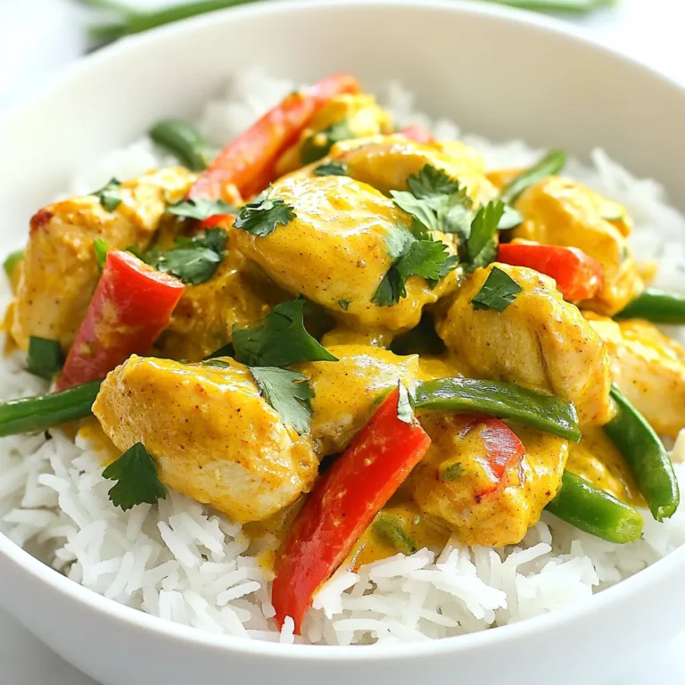 To make Coconut Curry Chicken, gather these simple ingredients: - 1 lb (450g) chicken breast, cut into bite-sized pieces - 1 can (14 oz) coconut milk - 2 tablespoons curry powder - 1 tablespoon fresh ginger, grated - 2 garlic cloves, minced - 1 medium onion, chopped - 1 red bell pepper, sliced - 1 cup green beans, trimmed - 2 tablespoons soy sauce - 1 tablespoon lime juice - 1 tablespoon vegetable oil - Salt and pepper to taste - Fresh cilantro, for garnish - Cooked jasmine rice, for serving This dish serves four and provides a good mix of protein, fats, and carbs. Each serving has about: - Calories: 400 - Protein: 30g - Fat: 20g - Carbohydrates: 30g - Fiber: 4g This balance makes it a filling meal. You can swap some ingredients if needed: - Chicken: Use tofu or chickpeas for a vegetarian option. - Coconut milk: Almond milk can work, but it will taste different. - Curry powder: Try garam masala or a mix of spices if you want a different flavor. - Green beans: Snap peas or broccoli are good alternatives. These changes keep the dish tasty while fitting your needs. {{ingredient_image_1}} Start by gathering all your ingredients. You will need: - 1 lb chicken breast, cut into bite-sized pieces - 1 can coconut milk - 2 tablespoons curry powder - 1 tablespoon fresh ginger, grated - 2 garlic cloves, minced - 1 medium onion, chopped - 1 red bell pepper, sliced - 1 cup green beans, trimmed - 2 tablespoons soy sauce - 1 tablespoon lime juice - 1 tablespoon vegetable oil - Salt and pepper to taste - Fresh cilantro for garnish - Cooked jasmine rice for serving Make sure to wash and chop the veggies first. This step keeps your cooking smooth and fun. Heat the vegetable oil in a large skillet over medium heat. Add the chopped onion and sauté it until it looks clear, about 3-4 minutes. Next, stir in the minced garlic and grated ginger. Cook for 1 more minute to bring out their smells. Then, add the chicken pieces to the pan. Cook them until golden brown on all sides, about 5-7 minutes. Sprinkle the curry powder over the chicken. Mix it well to coat each piece. Let it cook for a couple of minutes to blend the flavors. Now, pour in the coconut milk, soy sauce, and lime juice. Stir everything together. Bring the mix to a gentle simmer. Add the sliced red bell pepper and green beans. Let it simmer for 10-15 minutes. Ensure the chicken is fully cooked, and the veggies are tender. Season with salt and pepper to taste. You can also adjust the lime juice or soy sauce if you want more flavor. Serve this coconut curry chicken over a bed of fluffy jasmine rice. This dish is best with freshly chopped cilantro on top. The cilantro adds a nice aroma and freshness. You can also pair it with a side of naan or crispy poppadoms for extra texture. Enjoy your vibrant and tasty meal! To cook Coconut Curry Chicken, I like using a large skillet or saucepan. This allows even heat and good mixing. Start on medium heat to get the oil hot. Sauté the onion first for the best flavor. This step builds the base of the dish. Once the onion is soft, add garlic and ginger. These add a great aroma. Add the chicken next and brown it on all sides. This locks in the juices. Pour in coconut milk last for a creamy finish. Simmer gently for perfect results. You can boost flavor in this dish easily. Try adding a touch of brown sugar for sweetness. It balances the curry powder. A dash of fish sauce can deepen the taste too. If you love spice, add red pepper flakes or fresh chili. Fresh lime juice brightens the dish at the end. Always taste and adjust flavors as you go. Fresh cilantro on top adds aroma and color. This makes the dish more appealing. One common mistake is overcooking the chicken. It can become dry and tough. Cook just until it’s no longer pink. Another mistake is not seasoning enough. Salt and pepper are key for flavor. Also, don’t skip the lime juice. It adds a nice zing. Lastly, avoid cooking on too high heat. This can scorch the coconut milk. Keep it low and let it simmer gently. These tips will help you make a perfect Coconut Curry Chicken. Pro Tips Use Fresh Ingredients: Fresh ginger and garlic will enhance the flavor of your curry significantly compared to dried spices. Adjust Spice Level: If you prefer a spicier dish, consider adding a pinch of red pepper flakes or a diced chili pepper when you sauté the onions. Thicken the Sauce: For a thicker curry, let the sauce simmer longer or stir in a tablespoon of cornstarch mixed with water towards the end of cooking. Garnish Wisely: Fresh cilantro not only adds color but also a fresh flavor. For an extra touch, try adding a squeeze of lime just before serving. {{image_2}} You can easily make a vegetarian version of coconut curry. Replace the chicken with chickpeas or tofu. Both options add great texture and protein. Use the same amount of coconut milk and spices. You can also add extra veggies like carrots or sweet potatoes. These will add more flavors and nutrients. This version is just as creamy and delicious as the original. If you like heat, consider adding chili peppers. You can use fresh jalapeños or a pinch of red pepper flakes. Start with a small amount and adjust to your taste. Another option is to add a spoonful of curry paste. This will give your dish a deeper flavor and more spice. Just be careful not to overpower the other tastes. Feel free to swap out ingredients based on what you have. For example, you can use vegetable broth instead of soy sauce for a gluten-free option. You can also use different veggies like zucchini or snap peas. If you don't have ginger, try using a bit of ground ginger instead. These swaps keep the dish fresh and exciting every time you make it. You can store leftover coconut curry chicken in the fridge. Place it in an airtight container. It should stay fresh for up to three days. When you’re ready to eat, check for any signs of spoilage. Always trust your senses! If it smells off, toss it out. To freeze your coconut curry chicken, let it cool first. Then, transfer it to a freezer-safe bag or container. Make sure to remove as much air as possible. This helps prevent freezer burn. It will keep well for up to three months. When you’re ready to enjoy it again, thaw it in the fridge overnight. Reheating is easy! For the best results, use a skillet. Heat it over medium heat and add a splash of water or coconut milk. Stir gently until it’s hot all the way through. You can also use the microwave if you’re in a rush. Just cover the dish and heat in short bursts, stirring in between. Enjoy your meal! Yes, you can make Coconut Curry Chicken ahead. This dish tastes even better after sitting. The flavors mix well when it cools. Cook it, let it cool, and store it in the fridge. It stays fresh for about three days. You can also freeze it for longer. Just thaw it in the fridge before you reheat. Coconut Curry Chicken pairs well with many sides. I recommend serving it over jasmine rice. The rice soaks up the tasty sauce. You can also add naan bread for a fun twist. Fresh salads or steamed veggies balance the meal nicely. For a crunch, try some crispy papadums on the side. To make Coconut Curry Chicken milder, use less curry powder. Also, add more coconut milk for creaminess. If you like it spicy, add red pepper flakes. Fresh chilies can also boost the heat. Taste as you cook. This way, you can find the perfect spice level for you. This guide covered the key ingredients, cooking steps, and helpful tips for Coconut Curry Chicken. We explored variations and how to store your dish. You now have the knowledge to create this meal with ease. Whether you prefer vegetarian options or want to adjust the spice, options abound. Keep these tips in mind to avoid common mistakes. Enjoy making and sharing your tasty curry! Cooking can be fun and rewarding. Happy cooking!