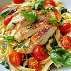 - 2 boneless, skinless chicken breasts - 8 oz. fettuccine pasta - 2 cups fresh spinach - 1 cup cherry tomatoes, halved - 1 cup shredded mozzarella cheese - 2 tablespoons olive oil - 2 cloves garlic, minced - 1 teaspoon dried basil - 1 teaspoon dried oregano - Salt and pepper to taste - Fresh basil leaves for garnish These main ingredients create a tasty and comforting dish. The chicken provides protein, while the pasta gives you that satisfying base. Fresh spinach adds a nice crunch, and cherry tomatoes bring sweetness. Of course, mozzarella cheese ties everything together with its creamy goodness. - Red pepper flakes for heat - Parmesan cheese for extra flavor - Lemon juice for brightness Feel free to add red pepper flakes if you like some spice. A sprinkle of Parmesan cheese can enhance the flavor. A splash of lemon juice also brightens the dish nicely. These options let you customize your Chicken Mozzarella Pasta. - Large pot for boiling pasta - Large skillet for sautéing - Cutting board and knife for prep - Slotted spoon for serving You will need a large pot to boil the pasta. A large skillet is essential for cooking the chicken and veggies together. A cutting board and knife help with ingredient prep. A slotted spoon makes serving the dish easy. Having the right tools will make cooking more enjoyable. {{ingredient_image_1}} Start by boiling a pot of water. Make sure to add salt; this helps the pasta taste better. Once the water is boiling, add the fettuccine. Cook it according to the package instructions until it is al dente, which means it should still have a bit of bite. This usually takes about 8-10 minutes. After cooking, drain the pasta in a colander. Save about ½ cup of the pasta water; you might need it later. While the pasta cooks, get your chicken ready. Season both sides of the chicken breasts with salt, pepper, dried basil, and oregano. These spices add great flavor. In a large skillet, heat 2 tablespoons of olive oil over medium-high heat. When the oil is hot, place the chicken breasts in the skillet. Cook them for about 6-7 minutes on each side. You want them to be golden brown and cooked through. The chicken is done when it reaches an internal temperature of 165°F. Once cooked, remove the chicken from the skillet and let it rest on a plate. In the same skillet, add 2 cloves of minced garlic. Sauté it for about 30 seconds until you smell its lovely aroma. Next, add 1 cup of halved cherry tomatoes. Cook them for 2-3 minutes until they soften. Then, toss in 2 cups of fresh spinach. Stir until the spinach wilts down. Now, slice the cooked chicken into strips and return it to the skillet with the veggies. Add the drained pasta and mix everything well. If the mixture looks dry, pour in some of that reserved pasta water until you get a nice, smooth sauce. Finally, sprinkle 1 cup of shredded mozzarella cheese on top. Stir gently until the cheese melts and blends in. To cook chicken well, start with good quality meat. Choose fresh, boneless, skinless chicken breasts. Season them with salt, pepper, dried basil, and oregano. This adds flavor right away. Heat olive oil in a skillet over medium-high heat. Cook the chicken for about 6-7 minutes on each side. Look for a nice golden brown color. Check the internal temperature; it should reach 165°F. Let the chicken rest for a few minutes before slicing. This keeps it juicy and tender. When cooking pasta, always use a big pot of salted water. Salt helps bring out the pasta's flavor. Bring the water to a rolling boil before adding the fettuccine. Follow the package instructions for timing. Cook it until it's al dente, which means firm to the bite. After cooking, drain the pasta but keep some water. This water adds moisture later when mixing everything together. Cheese is key to making this dish creamy and rich. Use fresh mozzarella, as it melts beautifully. Add the shredded mozzarella last, after combining chicken and vegetables. Stir gently until the cheese melts into the pasta. This creates a wonderful texture. For an extra touch, garnish with fresh basil leaves. They add color and a fresh taste that brightens the dish. Pro Tips Cook Chicken Evenly: Make sure to pound the chicken breasts to an even thickness to ensure they cook uniformly and stay juicy. Reserve Pasta Water: Always reserve some pasta water before draining. This starchy water can be used to adjust the sauce's consistency, adding creaminess without thinning it out. Fresh Herbs Make a Difference: Using fresh basil as a garnish not only adds flavor but also enhances the presentation of the dish. Melt Cheese Thoroughly: After adding mozzarella, cover the skillet for a minute to trap heat and help the cheese melt evenly throughout the dish. {{image_2}} You can switch the chicken with other proteins. Try shrimp for a seafood twist. Cook the shrimp until pink, about 2-3 minutes per side. You can also use turkey or even diced pork. Just make sure to cook them until they are fully done. This keeps the dish tasty and fun. If you want a meat-free meal, replace the chicken with tofu or tempeh. Tofu absorbs flavors well and cooks quickly. Cut it into cubes and sauté until golden. You can also add more veggies. Consider bell peppers, zucchini, or mushrooms. They add texture and color, making your dish vibrant and healthy. Mozzarella is great, but many cheeses work well too. Try using gouda or provolone for a unique flavor. Cheddar gives a sharp taste that many love. For a creamy touch, use cream cheese or ricotta. Feel free to mix cheeses for a delicious blend. Just remember to adjust the amount to keep it cheesy and delightful! To store your Chicken Mozzarella Pasta, let it cool. Place it in an airtight container. Make sure the lid seals well. You can keep it in the fridge for about 3 to 4 days. If you want to keep it longer, freezing is a great option! When you are ready to eat your leftovers, take them out of the fridge. You can reheat them in the microwave. Use a microwave-safe dish and cover it loosely with a lid or wrap. Heat for about 1-2 minutes. Stir halfway to ensure even heating. You can also use a skillet. Heat it over medium-low heat. Add a splash of water to keep it moist. Stir often until hot. To freeze the pasta, store it in a freezer-safe container. Make sure to leave some space at the top. This allows for expansion. It keeps well in the freezer for up to 2 months. When you're ready to eat, thaw it in the fridge overnight. Reheat as mentioned before. Enjoy your cheesy delight even later! Yes, you can make Chicken Mozzarella Pasta ahead of time. Just follow the recipe and let it cool. Store it in an airtight container in the fridge. It will stay fresh for up to three days. When you are ready to eat, reheat it on the stove or in the microwave. Add a splash of water if it seems dry. If you don’t have fettuccine, you can use other pasta types. Penne, spaghetti, or even whole wheat pasta work well. Each type gives a different texture. Just make sure to cook it according to package directions. This way, your pasta stays al dente and delicious. To make this dish healthier, you can make a few simple swaps. Use whole grain pasta for more fiber. You can also add more vegetables like bell peppers or zucchini. Reducing the cheese can lower calories too. Lastly, grilled chicken can be a leaner option than pan-fried. This blog post shared the main ingredients and cooking steps for Chicken Mozzarella Pasta. I showed you how to cook pasta, chicken, and vegetables. You learned tips for perfect chicken and pasta flavor. I also offered variations and storage tips for leftovers. In conclusion, this dish is easy to make and very tasty. You can customize it to fit your taste. Enjoy your cooking!