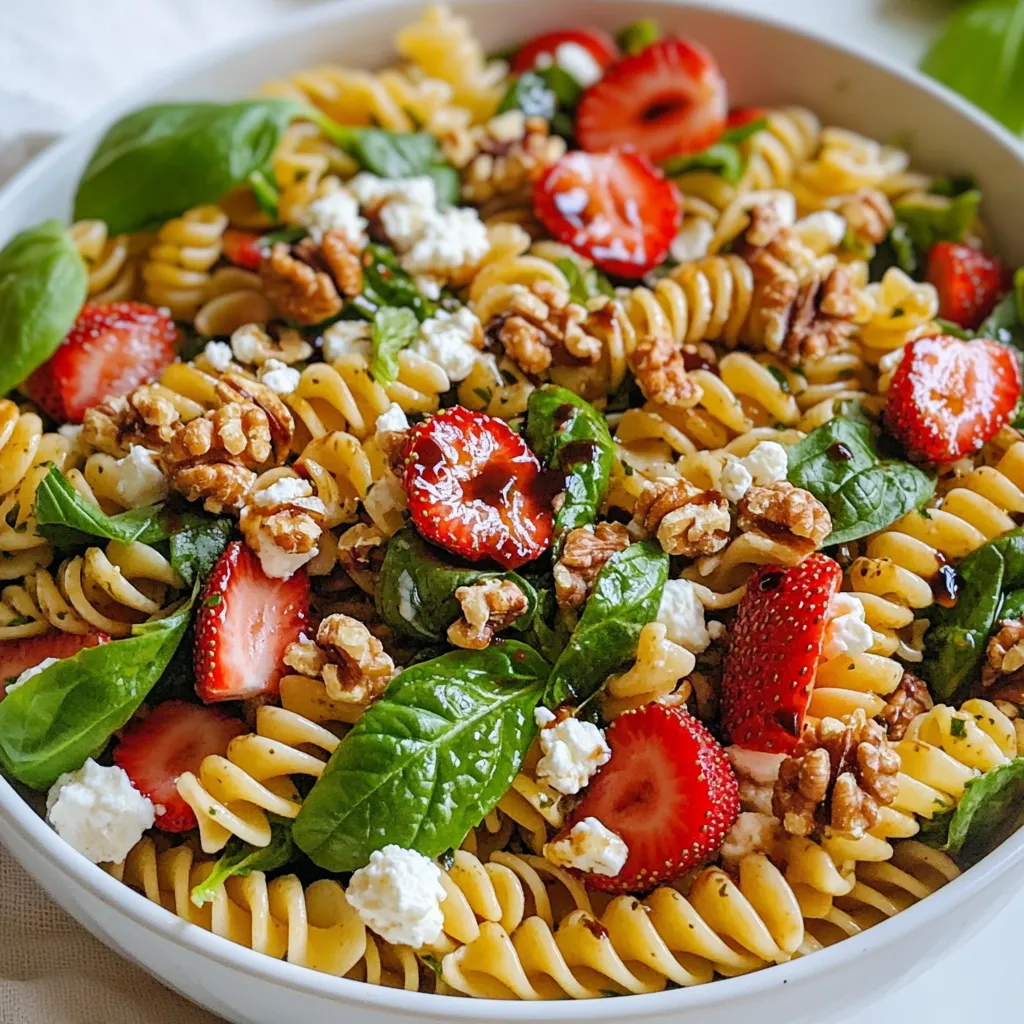 To make a Strawberry Spinach Pasta Salad, you need a few simple ingredients. Each one adds flavor and nutrition. Here’s what you’ll need: - 8 oz rotini pasta - 4 cups fresh spinach, washed and dried - 1 cup strawberries, sliced - ½ cup feta cheese, crumbled - ¼ cup walnuts, roughly chopped - 3 tablespoons olive oil - 2 tablespoons balsamic vinegar - 1 tablespoon honey - Salt and pepper to taste - Fresh basil leaves for garnish Each ingredient plays a key role. The rotini pasta gives a nice bite. Fresh spinach adds a crisp green touch. Strawberries bring a sweet burst of flavor. Feta cheese adds a creamy, salty taste that balances the salad. Walnuts provide crunch and healthy fats. The dressing brings it all together. Olive oil and balsamic vinegar create a tangy mix. Honey adds a hint of sweetness, while salt and pepper enhance the flavors. Basil leaves are a fresh finish that makes the salad pop. Using fresh ingredients makes this dish shine. You can easily find them at your local market. Feel free to adjust any ingredient to suit your taste. Add more strawberries for sweetness or extra walnuts for crunch. This recipe is all about enjoying fresh, vibrant flavors! {{ingredient_image_1}} - Boiling Salted Water: Start by filling a large pot with water. Add a good amount of salt. This helps flavor the pasta as it cooks. Bring the water to a rolling boil. - Cooking Time for Rotini: Add the rotini pasta to the boiling water. Check the package for the recommended cooking time. Usually, it takes about 8 to 10 minutes for al dente. Stir occasionally to prevent sticking. - Rinsing Pasta: Once cooked, drain the pasta in a colander. Rinse it under cold water. This stops the cooking process and cools the pasta for your salad. - Ingredients for Dressing: Gather your dressing items. You need olive oil, balsamic vinegar, honey, salt, and pepper. - Whisking Instructions: In a small bowl, combine the olive oil, balsamic vinegar, honey, and a pinch of salt and pepper. Use a whisk to mix until smooth and well blended. - Mixing the Salad Components: In a large mixing bowl, add the cooled rotini pasta. Then, toss in the fresh spinach, sliced strawberries, crumbled feta cheese, and chopped walnuts. - Dressing Application: Pour the dressing over the salad mixture. Make sure to coat everything evenly for the best flavor. - Tossing the Salad: Gently toss the salad to mix all the ingredients well. Taste and adjust the seasoning with more salt and pepper if needed. Best Refrigeration Practices Store your strawberry spinach pasta salad in an airtight container. This keeps it fresh longer. You can enjoy it for up to three days. How to Keep Fresh Ingredients Crisp To keep spinach crisp, add it just before serving. This prevents it from wilting. Also, avoid mixing in the dressing until you're ready to eat. Ideal Serving Dishes A large, shallow bowl works best for your salad. This allows the bright colors to shine. You can also use a platter for a more festive look. Complementary Dishes This salad pairs well with grilled chicken or fish. You can also serve it alongside crusty bread for a complete meal. Balancing Sweetness and Tang If you want more sweetness, add a bit more honey. For extra tang, try a splash of lemon juice. Taste as you go to find the perfect mix. Customizing with Extra Ingredients You can add other fruits like blueberries or peaches. Try different nuts like pecans for a new crunch. Get creative and make it your own! Pro Tips Perfect Pasta: Make sure to cook the rotini pasta al dente for the best texture. It will hold up better in the salad and not become mushy. Fresh Ingredients: Use the freshest spinach and strawberries you can find to enhance the flavor and nutritional value of your salad. Customize Your Nuts: Feel free to substitute walnuts with your favorite nuts, like pecans or almonds, for a different flavor profile. Flavor Boost: For an extra kick, add a pinch of red pepper flakes to the dressing or toss in some sliced red onions for added crunch and flavor. {{image_2}} - Alternative Pasta Choices You can swap rotini for other pasta types. Try bowtie, penne, or even whole wheat pasta. Each will give a new twist to your salad. - Different Cheeses Feta cheese adds a salty kick, but you can use goat cheese or mozzarella instead. Both bring unique flavors that blend well with the other ingredients. - Other Nut Options If walnuts are not your favorite, try pecans or almonds. They provide a nice crunch and add different tastes to your salad. - Vegan Options To make this salad vegan, skip the cheese. You can add avocado for creaminess and maybe some nutritional yeast for a cheesy flavor. - Gluten-Free Alternatives Use gluten-free pasta if you need a gluten-free dish. Many brands offer great options that taste just as good. - Seasonal Fruits In summer, use peaches or blueberries instead of strawberries. In fall, consider adding apples or pears to keep the salad fresh and exciting. - Herb Variations Fresh herbs like mint or cilantro can elevate your salad. They add brightness and a fresh taste that complements the strawberries and spinach. - Total Calories: This salad has about 300 calories per serving. - Fats: It contains around 18 grams of fat, mostly from walnuts and olive oil. - Proteins: You get about 8 grams of protein mainly from feta cheese and walnuts. - Carbs: The salad has around 30 grams of carbs, thanks to the pasta and fruits. - Spinach: Spinach is rich in vitamins A, C, and K. It helps with eye health and boosts your immune system. - Strawberries: These berries are full of antioxidants. They help fight inflammation and support heart health. - Walnuts: Walnuts provide healthy fats and protein. They also support brain health and can lower cholesterol. This combination of ingredients makes the Strawberry Spinach Pasta Salad not only tasty but also nutritious. Enjoying this salad gives you a healthy dose of vitamins while satisfying your taste buds. Yes, you can use frozen strawberries. However, fresh strawberries taste better. Frozen berries release more juice. This can make the salad watery. If you use frozen ones, let them thaw first. Drain any excess juice before adding them to your salad. The salad lasts for about 3 days in the fridge. Keep it in a sealed container. Over time, the spinach may wilt. The strawberries might lose their texture too. For best taste, eat it within the first two days. You can make the salad ahead of time. Just keep the dressing separate. Mix it in just before serving. This way, the salad stays fresh and crisp. It’s perfect for meal prep or gatherings. The dressing in this recipe is perfect. It uses olive oil, balsamic vinegar, and honey. This mix gives a nice sweet and tangy flavor. You can also try a light vinaigrette or a yogurt-based dressing for a twist. Yes, this salad is great for meal prep. It holds up well in the fridge. Just keep the dressing separate until you are ready to eat. This keeps everything fresh and tasty. This blog post covered a delightful salad made from rotini pasta, fresh spinach, strawberries, and other tasty ingredients. You learned how to cook the pasta, make the dressing, and combine it all into a refreshing dish. We explored tips for storage, serving, and adjusting flavors to fit your taste. Variations and substitutions make this recipe adaptable for many diets. Enjoy this salad for its flavor and health benefits! It’s simple, fresh, and perfect for any meal. Try it and make it your own!