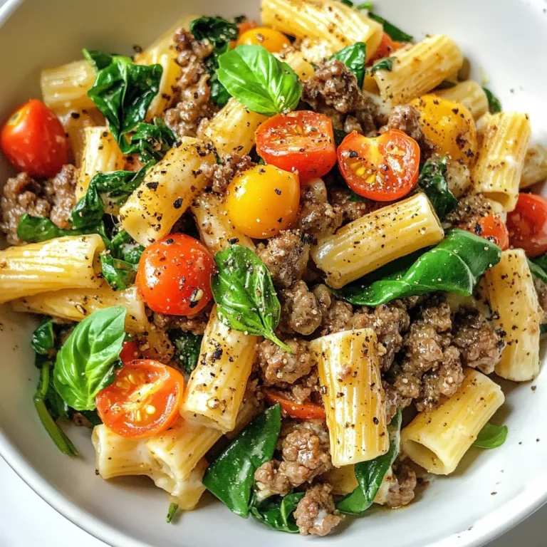 - 8 oz whole wheat pasta - 1 lb lean ground beef - 1 cup low-fat cottage cheese - 1/2 cup Greek yogurt - 1 cup spinach, chopped - 1/2 cup cherry tomatoes, halved - 1 small onion, finely chopped - 2 cloves garlic, minced - 1 teaspoon Italian seasoning - 1/2 teaspoon red pepper flakes (optional) - 1 tablespoon olive oil - Salt and pepper to taste - Fresh basil leaves for garnish Gather all these items before you start cooking. Using whole wheat pasta boosts fiber and makes it filling. Lean ground beef packs protein, making this dish healthy and hearty. Low-fat cottage cheese and Greek yogurt create that creamy texture without too many calories. The veggies add color, nutrients, and flavor. Spinach is a great choice for vitamins. Cherry tomatoes give a sweet burst with each bite. Your onion and garlic will add depth to every mouthful. Italian seasoning brings warmth, while red pepper flakes can add a kick if you like heat. Don’t forget olive oil for cooking, and season with salt and pepper to enhance the dish. Fresh basil at the end adds a pop of freshness. This combination makes a tasty meal you can enjoy any night! {{ingredient_image_1}} To cook whole wheat pasta, fill a pot with water. Bring it to a boil. Add salt to the water for flavor. Drop in 8 oz of whole wheat pasta. Cook it according to the package instructions until it is al dente. This usually takes about 8 to 10 minutes. Once done, drain the pasta and set it aside. In a large skillet, add 1 tablespoon of olive oil. Heat it over medium heat. Once hot, add 1 small onion, finely chopped. Stir it for about 3 to 4 minutes until it is soft. Then, add 2 cloves of minced garlic. Cook for about 1 minute, until fragrant. Next, add 1 lb of lean ground beef to the skillet. Season it with salt, pepper, and 1 teaspoon of Italian seasoning. Cook the beef for about 7 to 8 minutes until it is browned and no longer pink. Don’t forget to drain any excess fat from the skillet. In a mixing bowl, combine 1 cup of low-fat cottage cheese and 1/2 cup of Greek yogurt. Mix them together until smooth. This will be your creamy base. Pour the creamy mixture into the skillet with the beef and vegetables. Toss in 1 cup of chopped spinach and 1/2 cup of halved cherry tomatoes. Stir everything together. Cook for 2 to 3 minutes, until the spinach wilts and the tomatoes soften. Now, gently mix in the drained whole wheat pasta. Make sure all the pasta gets coated in the creamy sauce. If you like some heat, sprinkle in 1/2 teaspoon of red pepper flakes. Let the dish cook for another 2 to 3 minutes. This will heat everything through. Taste and adjust the seasoning if necessary. Once done, remove it from heat. Let it sit for a minute, then serve in deep bowls. Garnish with fresh basil leaves for a beautiful touch. Ensuring Perfectly Cooked Pasta To get the best pasta, use plenty of water. Make sure it boils before adding the whole wheat pasta. Stir occasionally. Cook until it's al dente, or firm to the bite. This keeps it from getting mushy when mixed later. Drain the pasta well, but save a little pasta water. This water helps to adjust the sauce later if needed. Browning the Beef for Flavor Browning the lean ground beef adds rich taste to the dish. Heat olive oil in your skillet before adding the beef. Break it up with a spatula. Let it cook without stirring for a few minutes. This helps develop a nice brown color. Once browned, stir in the Italian seasoning and season with salt and pepper. Ideal Presentation Tips To serve, use deep bowls for a casual look. Add the creamy beef pasta mixture into each bowl. The deep bowls help keep the sauce contained. You can also layer the pasta and sauce for a nice view. Garnishing Options Garnish with fresh basil leaves for color and flavor. You can also sprinkle black pepper on top. If you want some heat, add red pepper flakes. These small touches make the dish look and taste gourmet. Substitutions for Dairy If you want a dairy-free option, swap the cottage cheese and Greek yogurt for vegan alternatives. Look for dairy-free yogurts made from almond or coconut. These still give a creamy texture without dairy. Lowering Caloric Content To lower calories, you can reduce the amount of olive oil. Use leaner beef or even ground turkey. Adding more vegetables like zucchini or mushrooms can also help make the dish lighter while adding flavor. Pro Tips Use lean beef: Opt for lean ground beef to keep the dish healthier without sacrificing flavor. Customize your veggies: Feel free to add more vegetables like bell peppers or zucchini for extra nutrition and color. Make it creamy: For an even creamier sauce, add a splash of milk or a dollop of cream cheese to the cottage cheese and yogurt mixture. Spice it up: Adjust the red pepper flakes to your heat preference, or add fresh chili for a bolder flavor. {{image_2}} You can switch the ground beef for ground turkey. It has less fat but still packs a protein punch. Ground turkey keeps the dish light and tasty. You can also use tofu or chickpeas for a vegetarian option. Tofu absorbs flavors well and adds a nice texture. Chickpeas are great for protein and fiber. Both options make this meal enjoyable for everyone. You can make your sauce creamier by adding more cream or different cheeses. Cream cheese or mozzarella can add a rich flavor. Mixing in some parmesan can give the dish a nice salty kick. For flavor enhancements, try adding herbs like thyme or rosemary. A splash of lemon juice can brighten the taste too. These small changes can really make the dish pop. Feel free to add other leafy greens like kale or Swiss chard. They add color and more nutrients. Seasonal vegetables like zucchini or bell peppers work great too. Just chop them up and toss them in with the beef. This way, you can customize the dish based on what you have at home. Each variation keeps your meals fresh and exciting. To store leftovers, let the creamy high protein beef pasta cool down first. Place it in an airtight container. This helps keep the flavors fresh. Store it in the fridge for up to three days. When you want to eat it again, just take it out. If you want to freeze the pasta, use a freezer-safe container. Make sure to leave some space for expansion. This meal can be frozen for up to three months. To thaw, simply move it to the fridge overnight before reheating. To keep the creaminess, use low heat when reheating. You can use a skillet or microwave. If it looks too thick, add a splash of water or broth. Stir well to mix in the added liquid. This will help bring back its creamy texture. Enjoy your meal just like the first time! You can boost the protein in this dish in a few easy ways: - Add extra lean ground beef or turkey. - Stir in some cooked lentils or chickpeas. - Mix in high-protein veggies like edamame. - Top with grated cheese, such as Parmesan or mozzarella. - Use protein-enriched pasta for a tasty twist. These options will make your meal even more filling while keeping it delicious. Yes, you can easily make this dish gluten-free. Here are some options: - Swap whole wheat pasta for gluten-free pasta made from rice or corn. - Choose lentil or chickpea pasta for added flavor and nutrients. - Check labels for gluten-free versions of Greek yogurt and cottage cheese. These changes ensure everyone can enjoy this tasty meal without gluten. This creamy high-protein beef pasta is packed with nutrients. Here’s a quick breakdown: - Protein: Lean beef, cottage cheese, and Greek yogurt provide lots of protein. - Fiber: Whole wheat pasta and spinach add fiber for good digestion. - Vitamins: Spinach and tomatoes offer vitamins A and C for immune support. - Calcium: Cottage cheese and yogurt give you calcium for strong bones. Together, these nutrients make this dish a healthy choice for any meal! This blog post provides a clear guide for making a delicious and healthy pasta dish. You learned about key ingredients, cooking steps, and easy tips to enhance flavor. I shared ways to adjust the recipe for dietary needs and variations you can try. Remember, cooking is all about creativity, so don’t hesitate to experiment. Enjoy your meal prep! It's a tasty experience that promotes health and brings joy to your table.