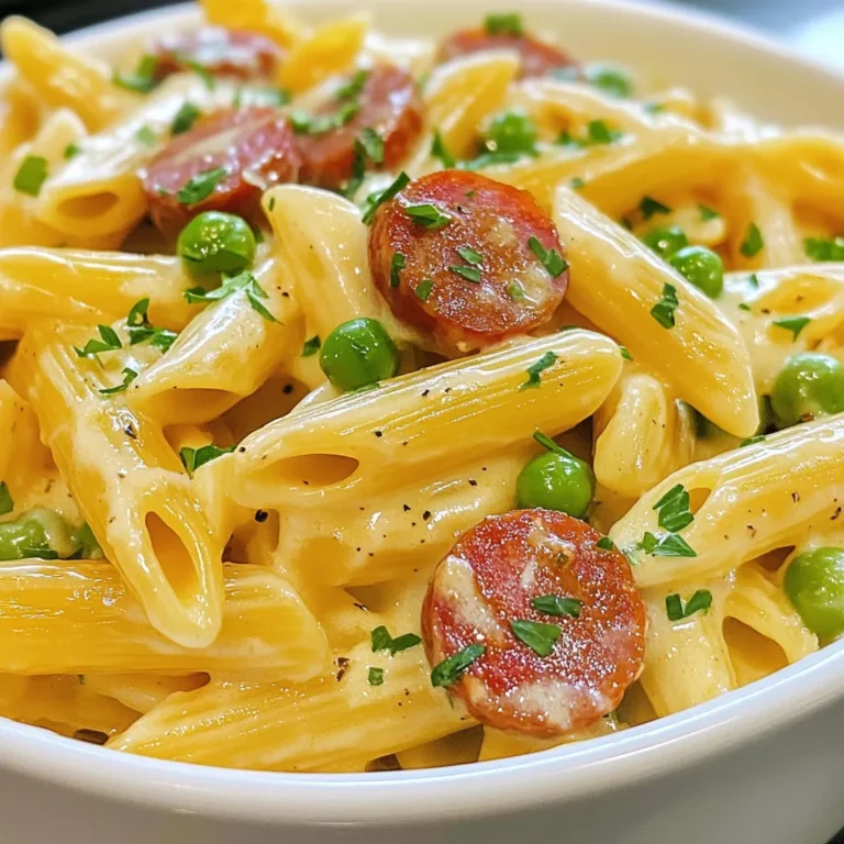 - 8 ounces penne pasta - 1 pound kielbasa sausage, sliced - 1 tablespoon olive oil - 1 medium onion, diced - 3 cloves garlic, minced - 1 cup heavy cream - 1 cup chicken broth - 1 cup frozen peas - 1 tablespoon Dijon mustard - 1 teaspoon garlic powder - 1 teaspoon Italian seasoning - Salt and pepper to taste - 1/2 cup grated parmesan cheese - Fresh parsley, chopped (for garnish) When I prepare creamy kielbasa pasta, I gather all my ingredients first. This way, I can work smoothly and enjoy the cooking process. I always use penne pasta because its shape holds the creamy sauce well. The kielbasa sausage adds a rich, smoky flavor. You want slices that are not too thick, so they cook evenly. Having olive oil on hand helps in browning the sausage. I love using onion and garlic as my base. They add so much flavor and aroma to the dish. The heavy cream and chicken broth create that luscious creamy sauce. I like to add Dijon mustard for a hint of tang. The garlic powder and Italian seasoning enhance the flavor profile. Don’t forget to season with salt and pepper to taste. For the final touch, I often sprinkle grated parmesan cheese on top. It melts beautifully into the sauce. I finish with fresh parsley for a pop of color and freshness. These ingredients work together to make a delightful dish. You’ll find creamy kielbasa pasta perfect for any weeknight dinner. {{ingredient_image_1}} Start by boiling 8 ounces of penne pasta in a large pot of salted water. This step is key for great flavor. Cook the pasta according to the package instructions, usually about 10-12 minutes. You want it to be al dente, which means it should have a slight bite. To check, taste a piece a minute or two before the time is up. When it's done, drain the pasta and set it aside. Next, heat 1 tablespoon of olive oil in a large skillet over medium heat. Add 1 pound of sliced kielbasa sausage. Cook it for about 5-7 minutes until it turns golden brown. This adds a nice flavor to the dish. You can use a non-stick skillet for even cooking. After the kielbasa is browned, toss in 1 medium diced onion and 3 cloves of minced garlic. Sauté these for an additional 3-4 minutes. The onion should be soft and fragrant before you move on. Now, let’s make the sauce. Pour in 1 cup of chicken broth into the skillet, bringing it to a gentle simmer. Then, stir in 1 cup of heavy cream. Add 1 tablespoon of Dijon mustard, 1 teaspoon of garlic powder, and 1 teaspoon of Italian seasoning. Season with salt and pepper to taste. Let the sauce simmer for about 5 minutes. This step allows all the flavors to blend nicely. Stir occasionally to keep the sauce smooth. Add 1 cup of frozen peas to the sauce and stir until they are warmed through. Then, toss the drained pasta into the skillet. Mix it all well so the pasta is fully coated with the creamy sauce. Remove the skillet from heat and stir in 1/2 cup of grated parmesan cheese. This cheese adds creaminess and a rich flavor. Serve immediately and enjoy your creamy kielbasa pasta! To get the right creamy sauce, start with the heavy cream. If your sauce feels too thick, add some chicken broth. This will help thin it out. If you want more flavor, try adding spices. A pinch of smoked paprika or a dash of red pepper flakes can really boost the taste. When it comes to kielbasa, I prefer using brands like Hillshire Farm or Johnsonville. They have great flavor and quality. Cook the kielbasa until it gets nice and brown, about 5 to 7 minutes. This brings out the best taste and texture. For side dishes, a simple salad or garlic bread pairs well with creamy kielbasa pasta. You could also serve steamed broccoli for some crunch. For drinks, a chilled white wine or sparkling water complements the creamy dish perfectly. Pro Tips Use High-Quality Kielbasa: Choosing a good quality kielbasa will enhance the flavor of your dish significantly. Look for natural casings and minimal additives for the best taste. Customize Your Veggies: Feel free to add more vegetables like bell peppers or spinach to the dish for added nutrition and flavor. Just sauté them alongside the onion. Adjust the Creaminess: If you prefer a lighter dish, you can reduce the amount of heavy cream and substitute with half-and-half or even milk for a lower-fat option. Leftover Tips: This pasta dish stores well in the fridge for up to 3 days. Reheat gently on the stove, adding a splash of chicken broth to loosen the sauce. {{image_2}} You can swap kielbasa with other meats or plant-based options. Chicken or turkey works well if you prefer leaner meats. For a vegetarian dish, try using meat alternatives like tempeh or seitan. If you're looking for a lighter option, consider low-calorie cream. You can use unsweetened almond milk or light coconut milk. These swaps keep the dish tasty while making it healthier. To boost flavor, add vegetables. Bell peppers bring a sweet crunch, while spinach adds a nice touch of color and nutrition. Simply sauté them with the onion and garlic for a few minutes. For a flavor kick, try smoked paprika or chili flakes. A pinch of smoked paprika adds depth, while chili flakes give it a nice heat. Adjust the amounts to fit your taste. You don’t need to stick with penne. Fusilli, rigatoni, or farfalle can change the dish's look and feel. Each shape holds the sauce differently and offers a unique texture. Keep in mind that cooking times can change. Smaller shapes like fusilli cook faster, while larger ones like rigatoni need a bit more time. Always check the package for exact cooking instructions. To keep creamy kielbasa pasta fresh, store it in an airtight container. This method helps prevent drying out or picking up other food odors. Place the container in the fridge. When stored this way, the dish stays good for about three to four days. After that, the flavors may fade, and the texture may change. Always check for any off smells or changes before eating. If you want to freeze creamy kielbasa pasta, start by letting it cool completely. Then, transfer it to a freezer-safe container or bag. Be sure to remove as much air as possible to prevent freezer burn. This dish can be frozen for up to three months. When you're ready to eat, thaw it in the fridge overnight. To reheat, warm it gently on the stove over low heat. Add a splash of chicken broth or cream if it seems too thick. Stir well until heated through, and enjoy your delicious meal again! Yes, you can make creamy kielbasa pasta ahead of time. Store it in an airtight container. It stays fresh in the fridge for up to three days. When you are ready to eat, reheat it on the stove over low heat. Add a splash of chicken broth to help revive the creaminess. Stir gently until heated through. To add heat to your creamy kielbasa pasta, consider these options: - Add red pepper flakes while cooking the onions and garlic. - Stir in diced jalapeños or other hot peppers. - Use spicy kielbasa for an extra kick. These tweaks can make your dish more exciting and flavorful. Creamy kielbasa pasta pairs well with several side dishes: - A simple green salad with a light vinaigrette. - Garlic bread for a crunchy texture. - Steamed broccoli or green beans for added nutrition. These sides balance the richness of the pasta and enhance your meal. You can make a vegetarian version by replacing kielbasa with: - Sliced mushrooms for a meaty texture. - Plant-based sausage for a similar taste. To maintain creaminess, use a non-dairy cream or cashew cream. This way, you keep the rich flavor while making it plant-based. This blog post covered creamy kielbasa pasta, highlighting key ingredients and steps. You learned how to cook penne and kielbasa, create a creamy sauce, and assemble the dish. I shared tips to enhance flavors and offered variations to fit your tastes. In closing, this recipe is simple and versatile. Whether you use kielbasa, chicken, or veggies, you can enjoy a delicious meal. Don’t hesitate to try different shapes of pasta or add extra spices. Enjoy your cooking journey!