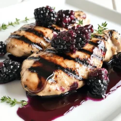 To make Blackberry Balsamic Glazed Chicken, you need a few simple ingredients. Here’s the list: - 4 boneless, skinless chicken breasts - 1 cup fresh blackberries - 1/2 cup balsamic vinegar - 1/4 cup honey - 2 tablespoons olive oil - 2 cloves garlic, minced - Salt and pepper to taste - Fresh thyme leaves for garnish Each ingredient plays a key role in the dish. The chicken breasts provide a juicy base. Fresh blackberries add a sweet and tart flavor. Balsamic vinegar brings depth and acidity. Honey balances the tartness with its sweetness. Olive oil ensures the chicken stays moist. Garlic adds a nice kick, while salt and pepper enhance all the flavors. Lastly, fresh thyme leaves brighten up the dish when you garnish it. {{ingredient_image_1}} First, gather your ingredients. In a small saucepan, put the blackberries, balsamic vinegar, honey, minced garlic, and a pinch of salt and pepper. Cook this mixture over medium heat. Use a fork to mash the blackberries gently as they cook. This helps release their juicy flavor. Keep cooking until the mixture thickens slightly, about 10-12 minutes. Once done, remove it from heat and set it aside. Next, we need to grill the chicken. Preheat your grill or grill pan to medium-high heat. While it heats, brush the chicken breasts with olive oil. Season both sides with salt and pepper. This adds flavor and helps keep the chicken moist as it cooks. When your grill is hot, place the chicken on it. Cook for about 6-7 minutes on each side. You want the internal temperature to reach 165°F (75°C). This ensures your chicken is safe to eat. For the last minute, brush the blackberry balsamic glaze generously over the chicken. This step lets the glaze caramelize and adds a tasty finish. Once cooked, remove the chicken from the grill. Let it rest for 5 minutes to keep it juicy. Before serving, drizzle any remaining glaze over the chicken. Garnish with fresh thyme leaves for a nice touch. Enjoy your delicious Blackberry Balsamic Glazed Chicken! To get the right thickness for your glaze, cook it slowly. You want the blackberries to break down well. Keep an eye on it for about 10-12 minutes. Stir often to avoid burning. Balancing sweetness and acidity is key. The honey adds sweetness, while balsamic vinegar brings tang. Taste the glaze as it cooks. If it’s too sweet, add a little more vinegar. If it’s too tart, add more honey. For tender chicken, start with room temperature breasts. This helps them cook evenly. Brush them with olive oil for a nice sear. Don’t press down on the chicken while grilling. This keeps the juices inside. To check doneness, use a meat thermometer. The chicken should reach 165°F (75°C). If you don’t have a thermometer, cut into the thickest part. The meat should be white and juices should run clear. For plating, use a large white plate. This makes the colors pop. Place the chicken in the center and drizzle with glaze. Arrange fresh thyme around the chicken for a pop of green. For garnishing, add a few whole blackberries on the side. They look great and add flavor. You can also sprinkle some extra thyme leaves on top. This makes the dish look fresh and inviting. Pro Tips Use Fresh Blackberries: Fresh blackberries will provide the best flavor and sweetness for your glaze. If using frozen, be sure to thaw and drain excess liquid. Marinate for Extra Flavor: For even more depth of flavor, marinate the chicken in olive oil, salt, and pepper for 30 minutes before grilling. Check Internal Temperature: Use a meat thermometer to ensure chicken is cooked through; the safe internal temperature is 165°F (75°C). Rest Before Serving: Allow the grilled chicken to rest for 5 minutes after cooking to retain moisture and enhance tenderness. {{image_2}} You can switch up the blackberries for other berries. Raspberries and blueberries work great. They add unique flavors. You can also try seasonal fruits like peaches or figs. These fruits can give your dish a fresh twist. If you want to bake or roast the chicken, it’s simple! Preheat your oven to 400°F. Place the seasoned chicken in a baking dish. Bake for about 25-30 minutes. Brush on the glaze in the last five minutes. This method keeps the chicken juicy. For a slow cooker version, combine chicken and glaze ingredients. Cook on low for 6-8 hours. This way, the flavors meld beautifully. The chicken will be very tender. To make the dish even better, try adding herbs and spices. Fresh thyme is a great choice. You could also add rosemary or basil. These herbs add depth to the flavor. Don’t be afraid to experiment with vinegar types. Try apple cider vinegar for a fruity twist. Red wine vinegar can add a nice tang. Each option changes the taste, so have fun with it! Store leftover blackberry balsamic glazed chicken in the fridge. Use an airtight container. It keeps well for up to three days. For longer storage, freeze the chicken. Wrap each piece tightly in plastic wrap, then put them in a freezer bag. This way, they last for about three months. To reheat, use the oven or a skillet. The oven keeps the chicken juicy. Preheat it to 350°F (175°C). Place the chicken in a baking dish. Cover it with foil to keep moisture in. Heat for about 15-20 minutes. If using a skillet, add a splash of water. Cook on low heat until warmed through. This helps keep the flavor and glaze intact. Leftovers last three days in the fridge. If you freeze them, they last up to three months. Look for signs of spoilage. If the chicken smells off or has a strange color, don't eat it. Always trust your senses to ensure food safety. To check chicken doneness, use a meat thermometer. The safe internal temperature for chicken is 165°F (75°C). Insert the thermometer into the thickest part of the chicken. If it reads 165°F, your chicken is ready to eat. Always check in multiple spots to ensure even cooking. Yes, you can use frozen chicken for this recipe. Just remember to thaw it first. The best way to thaw chicken is in the fridge overnight. If you need it fast, you can use cold water. Place the chicken in a sealed bag and submerge it in cold water for about 1-2 hours. Make sure to cook it right after thawing. Several side dishes work well with Blackberry Balsamic Glazed Chicken. Here are some tasty ideas: - Steamed green beans - Roasted sweet potatoes - Quinoa salad - Garlic mashed potatoes - Mixed greens with vinaigrette These sides balance the sweet and tangy flavors of the chicken perfectly. This blog post covered an easy and tasty Blackberry Balsamic Glazed Chicken recipe. You learned about the key ingredients, simple steps to prepare the dish, and many helpful tips. I shared ways to adjust flavors, use different fruits, and store leftovers. Try this recipe for a fun meal that impresses. Enjoy your cooking and happy eating!