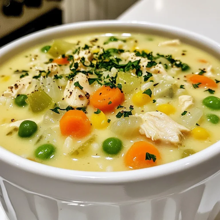 To make creamy chicken and rice soup, you will need the following ingredients: - 1 tablespoon olive oil - 1 medium onion, diced - 2 cloves garlic, minced - 2 carrots, diced - 2 celery stalks, diced - 1 pound boneless, skinless chicken breasts, cut into bite-sized pieces - 6 cups chicken broth - 1 cup long-grain white rice - 1 teaspoon dried thyme - 1/2 teaspoon dried rosemary - 1 cup heavy cream - 1 cup frozen peas - Salt and pepper to taste - Fresh parsley, chopped (for garnish) You can swap some ingredients if you need to. Here are some easy swaps: - Use vegetable oil instead of olive oil for cooking. - If you don’t have fresh garlic, use garlic powder (1/4 teaspoon = 1 clove). - Swap chicken breasts for thighs if you prefer darker meat. - You can replace heavy cream with half-and-half or whole milk for a lighter soup. - If you want a different grain, use quinoa or brown rice instead of white rice. Herbs can add more flavor to your soup. Here are some great choices: - Fresh thyme works well if you have it. Use about 1 tablespoon chopped. - Fresh parsley is perfect for garnish and adds color. - For a twist, try adding fresh dill for a bright taste. - If you prefer dried herbs, stick to thyme and rosemary. They are classic choices. Using the right ingredients can make your soup taste amazing. Get creative with what you have on hand! {{ingredient_image_1}} To make creamy chicken and rice soup, start by heating olive oil in a large pot. Add diced onion and cook until it turns soft. This takes about 3 to 4 minutes. Add minced garlic, carrots, and celery next. Cook these veggies for 5 minutes. They should start to soften. Now, add chicken pieces and cook until they are no longer pink. This will take about 5 to 7 minutes. Next, pour in the chicken broth. Add rice, thyme, and rosemary. Stir well and bring it to a boil. Once it's boiling, lower the heat and cover the pot. Let it simmer for 15 to 20 minutes. - Heating Oil: Use medium heat to avoid burning the oil. - Cooking Onion: Stir often to ensure even cooking. - Adding Veggies: Make sure the garlic does not burn; add it after the onion. - Cooking Chicken: Cut chicken into small pieces for quick cooking. - Simmering: Keep the lid on to trap steam and cook the rice evenly. - Prep Time: 15 minutes. This includes chopping the veggies and chicken. - Cooking Time: 25 minutes. This covers cooking the onion, garlic, chicken, and bringing the soup to a boil. - Simmering Time: 15 to 20 minutes. This allows the rice to cook and flavors to blend. This simple method creates a warm, tasty soup that you can enjoy with your loved ones. To make your soup creamier, use heavy cream. This gives it a rich flavor. You can also blend part of the soup. Just take out a cup, blend it, and stir it back in. This adds smoothness without extra fat. If you like, try adding cream cheese or sour cream. These options add flavor and creaminess too. Using leftover chicken is a great time saver. Just shred your cooked chicken and add it to the pot. Rotisserie chicken works well too. It adds flavor and cuts down cooking time. Just make sure to remove the skin and bones first. This way, you get tender meat in every bite. Store the soup in airtight containers. It stays fresh in the fridge for about three days. If you want to keep it longer, freeze it. Use freezer-safe containers or bags. When reheating, do it slowly on the stove. Add a splash of chicken broth if it’s too thick. This helps regain the creamy texture. Enjoy your soup warm, just like fresh! Pro Tips Use Fresh Herbs: Fresh thyme and rosemary can elevate the flavor of your soup significantly. Add them just before serving for a vibrant taste. Choose the Right Rice: Long-grain white rice works best for this soup as it cooks evenly and absorbs the flavors without becoming mushy. Adjust Creaminess: If you prefer a lighter soup, substitute half of the heavy cream with milk. This keeps the flavor rich while reducing calories. Leftover Love: This soup keeps well in the refrigerator for up to 3 days. Reheat gently on the stove and add a splash of broth if it thickens too much. {{image_2}} You can easily change the soup by adding other vegetables. Try corn for a sweet crunch. Spinach gives a nice color and boosts nutrients. These veggies cook quickly. Add them during the last five minutes of cooking. This way, they stay bright and fresh. You can also use green beans or peas. Each choice adds flavor and texture. If you like heat, add red pepper flakes. A pinch will do, but you can add more if you want. Stir them in while cooking the onions and garlic. This will let the spice mix with the other flavors. You can also use hot sauce for a different kick. Adjust the spice level to fit your taste. To make this soup gluten-free, swap the rice for cauliflower rice. This keeps it light and healthy. Cook the soup as usual, but add the cauliflower rice in the last ten minutes. It cooks fast and blends well. You’ll still get a creamy texture without the carbs. Enjoy a comforting bowl without worry! Store your creamy chicken and rice soup in an airtight container. This keeps it fresh and safe. Let the soup cool before sealing it. You can keep it in the fridge for up to three days. If you're planning to eat it later, freezing works great too. To freeze the soup, use freezer-safe containers. Leave some space at the top. The soup will expand as it freezes. You can freeze it for up to three months. Make sure to label the container with the date. This helps you track how long it’s been stored. To thaw the soup, move it from the freezer to the fridge. Let it sit overnight. This is the safest way to thaw it. If you're in a hurry, you can use the microwave. Heat it on low power. Stir it often to help it heat evenly. When reheating, use a pot on low heat. Stir it often to avoid sticking. If the soup is too thick, add a little broth or water. Heat until it’s warm throughout, and then enjoy! Creamy Chicken and Rice Soup stays fresh for about 3 to 4 days in the fridge. Make sure to store it in an airtight container. If you notice any off smells or changes in color, it’s best to throw it out. I always recommend labeling your containers with the date. This way, you can keep track of how long it has been there. Yes, you can use a lighter option. Half-and-half works well for a creamier soup without all the fat. You can also use milk, but the soup may be less rich. If you want to keep it creamy, you can add a bit of flour to thicken it. Remember, the flavor will change slightly, but it will still taste good. Absolutely! You can make this soup in a slow cooker. Start by sautéing the onion, garlic, carrots, and celery in a pan. Then, add all the ingredients into the slow cooker. Cook on low for about 6-8 hours or on high for 3-4 hours. Add the heavy cream and peas during the last 30 minutes of cooking. This method lets the flavors meld together beautifully. This blog post covers everything you need for a great creamy chicken and rice soup. We talked about key ingredients, cooking steps, and tips to boost flavor. I also shared ways to store leftovers and answered common questions. With these ideas, you can make a delicious soup tailored to your taste. Experiment, enjoy, and remember that every bowl can be better with personal twists. Your soup journey starts now!