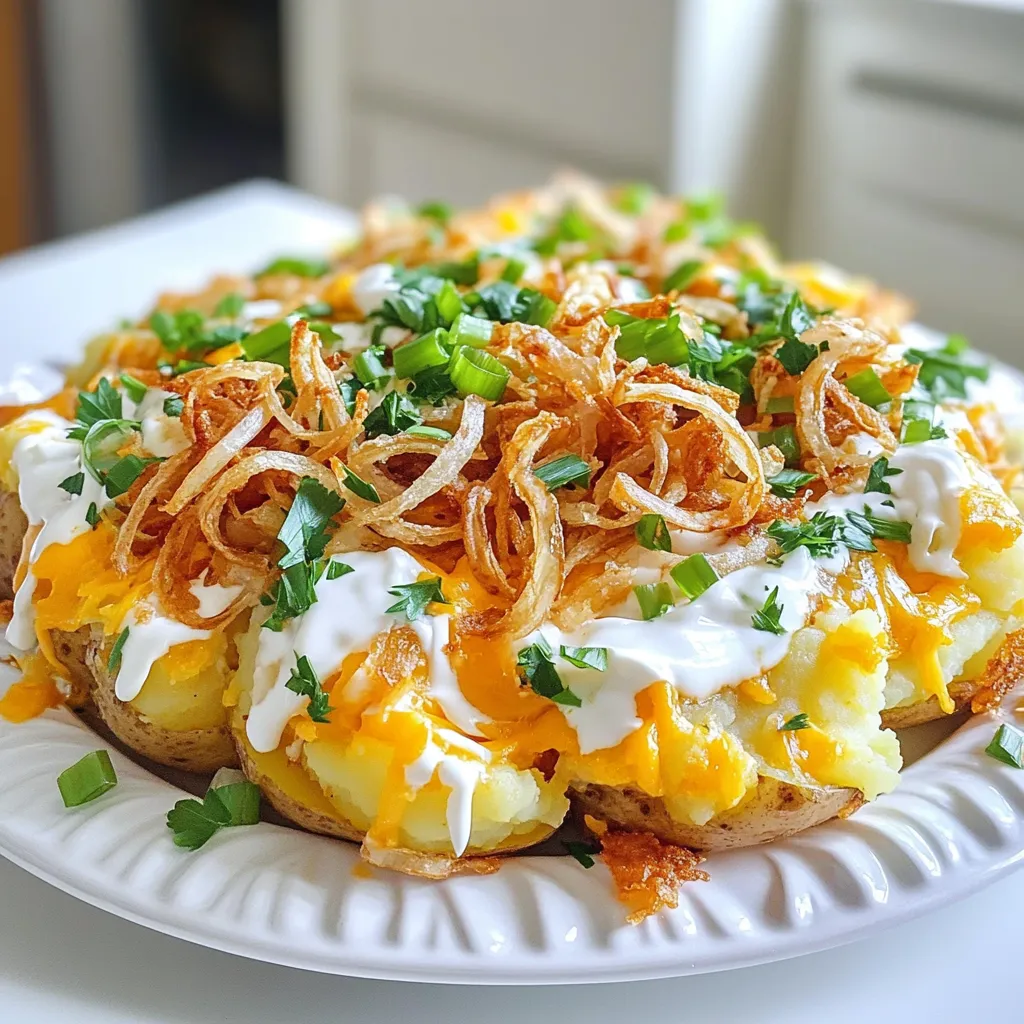 - 2 pounds baby potatoes - 1 teaspoon garlic powder - 1 teaspoon onion powder - ½ teaspoon smoked paprika - Salt, to taste - Freshly ground black pepper, to taste - 4 tablespoons olive oil - 1 cup shredded cheddar cheese - ½ cup sour cream - 4 green onions, sliced - ½ cup crispy fried onions (for garnish) - Fresh parsley, chopped (for garnish) Loaded smash potatoes start with baby potatoes. These small potatoes are perfect for this dish. They cook quickly and have a nice texture. You will need about two pounds for a good serving size. For seasoning, I love to use garlic powder, onion powder, and smoked paprika. These spices add layers of flavor. Don’t forget salt and black pepper to taste. This is where you can make it your own. You will need four tablespoons of olive oil. This helps crisp the potatoes while baking. Now, let’s talk toppings. Shredded cheddar cheese is a must for that gooey goodness. Sour cream adds a creamy element. Green onions give freshness, while crispy fried onions add crunch. Finally, fresh parsley is a great garnish for color and flavor. With these ingredients, you’ll create a dish that is both fun and delicious. First, preheat your oven to 425°F (220°C). This temperature helps the potatoes get nice and crispy. Next, put the baby potatoes in a large pot. Cover them with water and add a pinch of salt. Bring the pot to a boil and cook for about 15-20 minutes. You know the potatoes are ready when a fork easily goes in. Once the potatoes are tender, drain them and let them cool a bit. When they're cool enough to handle, place the potatoes on a parchment-lined baking sheet. Use the bottom of a glass or a potato masher to gently smash each potato. Aim to flatten them without breaking them apart completely. Now it’s time to add some flavor! In a small bowl, mix together 4 tablespoons of olive oil, 1 teaspoon of garlic powder, 1 teaspoon of onion powder, ½ teaspoon of smoked paprika, salt, and freshly ground black pepper. Brush this tasty mixture all over the smashed potatoes. This step adds a wonderful flavor and a crisp texture when baked. Place the baking sheet in the preheated oven. Bake for 20-25 minutes. You want the edges to turn golden and crispy. This is when the magic happens! After baking, take the potatoes out of the oven. Sprinkle 1 cup of shredded cheddar cheese on top of each smashed potato. Then return them to the oven for an extra 5 minutes. You’ll know they are done when the cheese is melted and bubbly. Once they're out, drizzle ½ cup of sour cream over the potatoes. Top them with sliced green onions and crispy fried onions for crunch. Finish with a sprinkle of fresh parsley for a pop of color. Enjoy your loaded smash potatoes! Choosing the right potatoes For the best smash potatoes, use baby potatoes. They cook evenly and give a nice texture. Red or yellow baby potatoes work great. They have a creamy inside and hold their shape well. Techniques for smashing without breaking To smash without breaking, first boil the potatoes until fork-tender. Once cooked, let them cool slightly. Place a potato on a baking sheet and gently press down with a glass or potato masher. Aim for a flat but not completely broken potato. This helps create crispy edges while keeping the center soft. Ideas for additional seasoning Beyond the basic garlic and onion powder, try adding chili powder for heat. You can also use fresh herbs like thyme or rosemary for a fragrant touch. Mix these into the oil before brushing on the potatoes. Recommended garnishes for presentation Garnishing makes your dish pop! Consider adding crispy fried onions for crunch. Fresh parsley adds a lovely green color. For a touch of brightness, top with sliced green onions. These not only taste great but also look beautiful on the plate. {{image_2}} You can mix things up with cheese. Try mozzarella for a stretchy, gooey texture. Feta adds a tangy kick. Or, use pepper jack for a spicy twist. Each choice gives you a new taste. For toppings, think beyond the usual. Add crispy bacon bits for crunch. Sautéed mushrooms bring earthy flavors. You could even use jalapeños for heat. Experiment with different herbs like thyme and rosemary to change the flavor profile. If you want to make it lighter, swap regular sour cream for Greek yogurt. It keeps the creaminess but lowers the fat. Use low-fat cheese to cut calories without losing flavor. For a vegan option, try cashew cream instead of sour cream. Nutritional yeast can replace cheese, giving a cheesy flavor without dairy. You can enjoy loaded smash potatoes while keeping it healthy and plant-based. To keep your loaded smash potatoes fresh, follow these easy steps. First, let the leftovers cool down. Place them in an airtight container. Keep them in the fridge for up to three days. If you want to save them longer, you can freeze them. To freeze loaded smash potatoes, wrap each potato in plastic wrap. Then place them in a freezer bag. Remove as much air as you can before sealing. They can stay in the freezer for up to three months. When it's time to enjoy your leftovers, reheating is key. You can use the oven for great results. Preheat your oven to 350°F (175°C). Place the potatoes on a baking sheet. Heat them for about 15-20 minutes or until hot. If you need a quicker way, you can use the microwave. Place the potatoes on a microwave-safe plate. Cover them loosely with a damp paper towel. Heat in short bursts of 1-2 minutes, checking often. This method keeps them moist and tasty. How can I make loaded smash potatoes ahead of time? You can prepare the potatoes in advance. Boil them and smash them. Then, keep them in the fridge for up to two days. When you’re ready, season and bake them. This saves time while still giving you that fresh taste. Can I use larger potatoes instead of baby potatoes? Yes, you can use larger potatoes. Just cut them into smaller pieces to make boiling easier. After boiling, smash them down like the baby potatoes. They will take longer to cook, so adjust your boiling time. What other ingredients can I add to loaded smash potatoes? You can get creative with toppings! Try adding cooked bacon bits or jalapeños for heat. Different cheeses like mozzarella or feta can also work. Feel free to mix in herbs like thyme or rosemary for extra flavor. Loaded smash potatoes are a tasty treat made with baby potatoes, seasonings, and toppings. You learned how to prepare, season, and bake them for a crispy, delicious result. Remember to choose the right potatoes and explore various toppings to make them your own. Store leftovers correctly to enjoy them later. With these tips and tricks, you can create a dish that's satisfying and fun. Experiment with flavors and have fun making loaded smash potatoes your way!