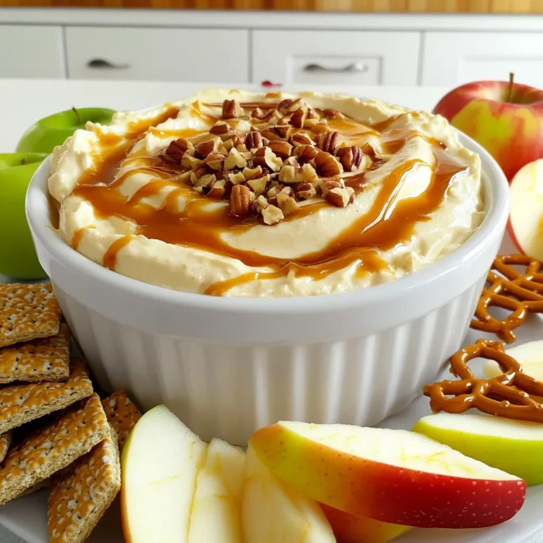 To make this tasty dip, you will need a few simple items. Here’s what you need: - 8 oz cream cheese, softened - 1 cup powdered sugar - 1 teaspoon vanilla extract - 1/2 cup caramel sauce, plus extra for drizzling - 1/2 teaspoon cinnamon - 2 large apples (Granny Smith or Honeycrisp), cored and sliced These ingredients come together to create a creamy and sweet base for your dip. When serving this dip, you want to have the right dippers. I suggest using: - Graham crackers - Pretzels These crunchy options pair nicely with the smooth dip. You can also try slicing some more apples to add variety. To make your dip even better, consider adding some toppings. You might enjoy: - Chopped nuts (like walnuts or pecans) Sprinkling these on top adds a nice crunch. You can also drizzle extra caramel sauce for a sweet finish. This dip is all about layers of flavor and fun textures. Start with 8 ounces of softened cream cheese. Use an electric mixer to beat it until smooth. This step takes about one to two minutes. Next, add 1 cup of powdered sugar. Mix until it’s fluffy and well combined. Then, stir in 1 teaspoon of vanilla extract. Finally, add 1/2 teaspoon of cinnamon. Mix again to blend the flavors well. Now, it’s time for the fun part: adding the caramel! Pour in 1/2 cup of caramel sauce. Reserve a bit for drizzling later. Gently fold the caramel into the cream cheese mixture. Be careful not to mix too much. You want to keep some swirls of caramel visible. This gives the dip a lovely look. Transfer your dip into a nice serving dish. Smooth the top with a spatula for a clean finish. Drizzle the reserved caramel sauce on top. This adds extra sweetness and a beautiful touch. Next, sprinkle chopped nuts over the caramel. Walnuts or pecans work great. Finally, serve your dip with sliced apples, graham crackers, or pretzels. Enjoy this tasty treat! To soften cream cheese fast, cut it into small cubes. Place the cubes in a bowl. Microwave them for about 10 to 15 seconds. Check if it is soft enough to mix. If not, heat it for a few more seconds. This method works well and saves time. To get that pretty swirl in your dip, mix carefully. After adding the caramel sauce, gently fold it into the cream cheese. Use a spatula and make slow movements. Don’t stir too much. You want to see both the cream cheese and caramel. This makes your dip look nice and inviting. Yes, you can make this dip ahead of time. Prepare the dip and store it in the fridge. Keep it in an airtight container. It stays fresh for about two days. When ready to serve, drizzle extra caramel on top. This adds a fresh touch and looks great. {{image_2}} If you want a lighter dip, try Greek yogurt. It adds a creamy texture without all the fat. Just mix 8 oz of plain Greek yogurt with the powdered sugar. You can keep the vanilla and cinnamon for flavor. This swap makes it healthier but still tasty. Want to make your dip even better? You can add fun mix-ins! Chocolate chips bring sweetness, while toffee bits add crunch. Just fold in about 1/2 cup of either before serving. These extras make the dip even more exciting and fun to eat. You can change the flavor with the seasons. In fall, add pumpkin spice to give it a cozy taste. Just mix in 1 teaspoon of pumpkin spice with the other ingredients. This adds warmth and makes it perfect for autumn gatherings. To keep your caramel apple cream cheese dip fresh, store it in an airtight container. This prevents air from getting in and keeps the dip from drying out. Place a piece of plastic wrap directly on the dip before sealing the lid. This extra layer helps to keep it creamy and delicious. When stored properly, this dip lasts about three to five days in the fridge. I always recommend eating it sooner for the best taste and texture. If you notice any changes in color or smell, it’s best to toss it out. Freezing this dip is not ideal. The cream cheese can change texture when thawed, making it grainy. If you must freeze it, store it in a freezer-safe container. Use it within a month for the best quality. When ready to eat, thaw it in the fridge overnight, then mix it well before serving. For this dip, I recommend using Granny Smith or Honeycrisp apples. Granny Smith apples add a nice tartness. They balance the sweetness of the caramel and cream cheese. Honeycrisp apples are sweet and crisp, making them great for dipping. Their texture holds up well, so you get a satisfying crunch. Yes, you can use store-bought caramel sauce. It saves time and still tastes great. Just look for a high-quality brand for the best flavor. You can drizzle extra caramel on top for a nice touch. If you want to make your own, it’s simple, but store-bought works perfectly. Yes, this recipe can be gluten-free. The dip itself is gluten-free since it uses cream cheese and sugar. Just choose gluten-free dippers. You can use fresh apple slices or gluten-free graham crackers. Pretzels can also be gluten-free. Always check labels to be sure. Caramel apple cream cheese dip is a fun and tasty treat. We covered key ingredients like cream cheese and caramel, plus tasty accessories and dips. I shared easy steps to make the dip and tips for softening cream cheese. You can even try healthier versions or seasonal flavors. Remember to store leftovers properly for the best taste. This dip is perfect for gatherings or a cozy snack. Enjoy every creamy, sweet bite!