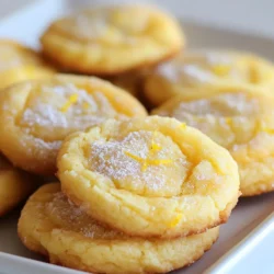 To make these tasty cookies, gather the following key ingredients: - 2 ½ cups all-purpose flour - 1 teaspoon baking powder - ½ teaspoon baking soda - ½ teaspoon salt - 1 cup unsalted butter, softened - 1 cup granulated sugar - 1 tablespoon lemon zest (from about 1 large lemon) - 1 tablespoon fresh lemon juice - 1 large egg - 1 teaspoon vanilla extract - ½ cup powdered sugar (for dusting) These ingredients create a soft and chewy texture. The lemon zest and juice give bright flavor. The butter adds richness and moisture. You can play with flavors by adding a few optional ingredients: - ½ teaspoon almond extract for a nutty note - 1 cup white chocolate chips for sweetness - 1 tablespoon poppy seeds for crunch These tweaks can enhance your cookies. Feel free to mix and match based on your taste. To make this recipe, use these tools: - Mixing bowls for combining ingredients - Electric mixer for creaming butter and sugar - Cookie scoop or tablespoon for portioning dough - Baking sheets lined with parchment paper - Wire rack for cooling the cookies Having the right tools makes baking easier. This helps you create perfect cookies every time. {{ingredient_image_1}} Start by getting your kitchen ready. Preheat your oven to 350°F (175°C). This step warms the oven for even baking. Next, line two baking sheets with parchment paper. This keeps the cookies from sticking. Make sure you have enough space to work. It helps to have all your ingredients close by. In a medium bowl, mix the dry ingredients. Combine 2 ½ cups of flour, 1 teaspoon of baking powder, ½ teaspoon of baking soda, and ½ teaspoon of salt. Whisk them together well and set this bowl aside. In a large bowl, cream 1 cup of softened butter with 1 cup of granulated sugar. Use an electric mixer for about 2-3 minutes. This step makes the mixture light and fluffy. After that, add 1 tablespoon of lemon zest, 1 tablespoon of fresh lemon juice, 1 large egg, and 1 teaspoon of vanilla extract. Mix until everything is well combined. Now, gradually add the dry mix to the wet mix. Stir gently until just combined. Avoid overmixing. This keeps the cookies soft and chewy. Using a cookie scoop or tablespoon, drop rounded balls of dough onto the prepared sheets. Space them about 2 inches apart for room to spread. Bake in your preheated oven for 10-12 minutes. Watch for the edges to set while the centers stay soft. After baking, let the cookies cool on the sheets for 5 minutes. Then, transfer them to a wire rack to cool completely. This cooling step helps them firm up. Once cooled, dust them with ½ cup of powdered sugar for a sweet finish. Enjoy your delightful lemon cookies! To get that soft and chewy texture, follow these steps closely. First, use room temperature butter. This helps the butter blend well with sugar, making the cookies light. Next, do not overmix the dough. Stir until just combined. This keeps the cookies soft. Baking time is key too. Take them out when the edges set but the centers are soft. You can boost the lemon flavor easily. Add more lemon zest or juice for a brighter taste. Try mixing in some chopped nuts or white chocolate chips for extra crunch and sweetness. If you want a twist, replace lemon with lime or orange. These changes keep the recipe fresh and fun. Watch out for these common mistakes. First, avoid using cold butter. Cold butter makes cookies hard. Always measure your flour correctly. Too much flour leads to dry cookies. Lastly, don’t skip the cooling step. Letting cookies cool on the baking sheet helps them firm up without getting too hard. Pro Tips Chill the Dough: For even softer cookies, chill the dough for 30 minutes before baking. This helps the flavors meld and prevents spreading. Fresh Ingredients: Use fresh lemon juice and zest for a vibrant flavor. Old or bottled juice can lack the brightness of fresh citrus. Watch the Baking Time: Keep an eye on the cookies while they bake. They should be just set around the edges with a soft center for that chewy texture. Perfect Powdered Sugar Dusting: Use a fine mesh sieve to evenly dust the cookies with powdered sugar for a beautiful finish. {{image_2}} You can easily add fun flavors to your lemon cookies. Lavender gives a floral touch. Use about 1-2 teaspoons of dried lavender buds. Mix them in when you add the lemon zest. Coconut adds a tropical twist. Try shredded coconut, about ½ cup. Just fold it in with the dry mix for a chewy bite. These flavors blend well with the lemon, making your cookies unique. If you prefer bars over cookies, this recipe works great too. Just spread the dough into a greased baking pan, about 9x13 inches. Bake for 15-20 minutes at the same temperature. Check for a light golden color on the edges. Once cooled, cut into squares. Dust with powdered sugar for a lovely finish. Lemon bars offer the same soft and chewy texture, with a fun twist. You can make these cookies gluten-free easily. Substitute the all-purpose flour with a 1:1 gluten-free blend. This keeps the texture soft. For a vegan option, swap the butter for coconut oil or vegan butter. Use a flax egg instead of a regular egg. To make a flax egg, mix 1 tablespoon of flaxseed meal with 2.5 tablespoons of water. Let it sit for 5 minutes to thicken. These swaps keep the cookies delicious while fitting different diets. Store your cookies in an airtight container. This keeps them soft. Use parchment paper between layers to avoid sticking. Keep the cookies at room temperature. They will stay fresh for about a week. To keep your cookies fresh, do not stack them right after baking. Let them cool fully first. Add a slice of bread to the container. This slice will help keep the cookies moist. You can freeze these cookies for later. First, let them cool completely. Place them in a freezer-safe bag. Remove as much air as you can. They will stay good for about three months. To eat, just thaw them at room temperature. Enjoy the soft, chewy goodness! You can tell when the cookies are done by looking at the edges. They should be set and slightly golden. The centers will look soft and a bit puffy. Take them out of the oven when the edges feel firm. If you wait too long, they will become hard. Yes, you can use coconut oil or margarine as a substitute for butter. Keep in mind that the taste will change slightly. The texture may also differ. If you want a dairy-free option, coconut oil works well. Leftover lemon zest is great for adding flavor to many dishes. You can mix it into yogurt, sprinkle it on pancakes, or use it in salad dressings. It also makes a tasty addition to marinades. You can freeze it for later use too. These cookies stay fresh for about a week when stored in an airtight container. If you want them to last longer, you can freeze them. Just make sure to separate layers with parchment paper to avoid sticking. Yes, you can freeze the cookie dough. Scoop the dough onto a baking sheet and freeze until firm. Then, transfer the balls to a freezer bag. When you're ready to bake, just add a couple of minutes to the baking time. You learned how to make soft, chewy lemon cookies from scratch. We covered essential ingredients, mixing methods, and baking tips. I shared tricks to avoid common mistakes and ideas for fun variations. You can explore new flavors or try gluten-free options. Lastly, proper storage methods help keep your cookies fresh. With these steps, you can enjoy delicious cookies anytime. Happy baking!