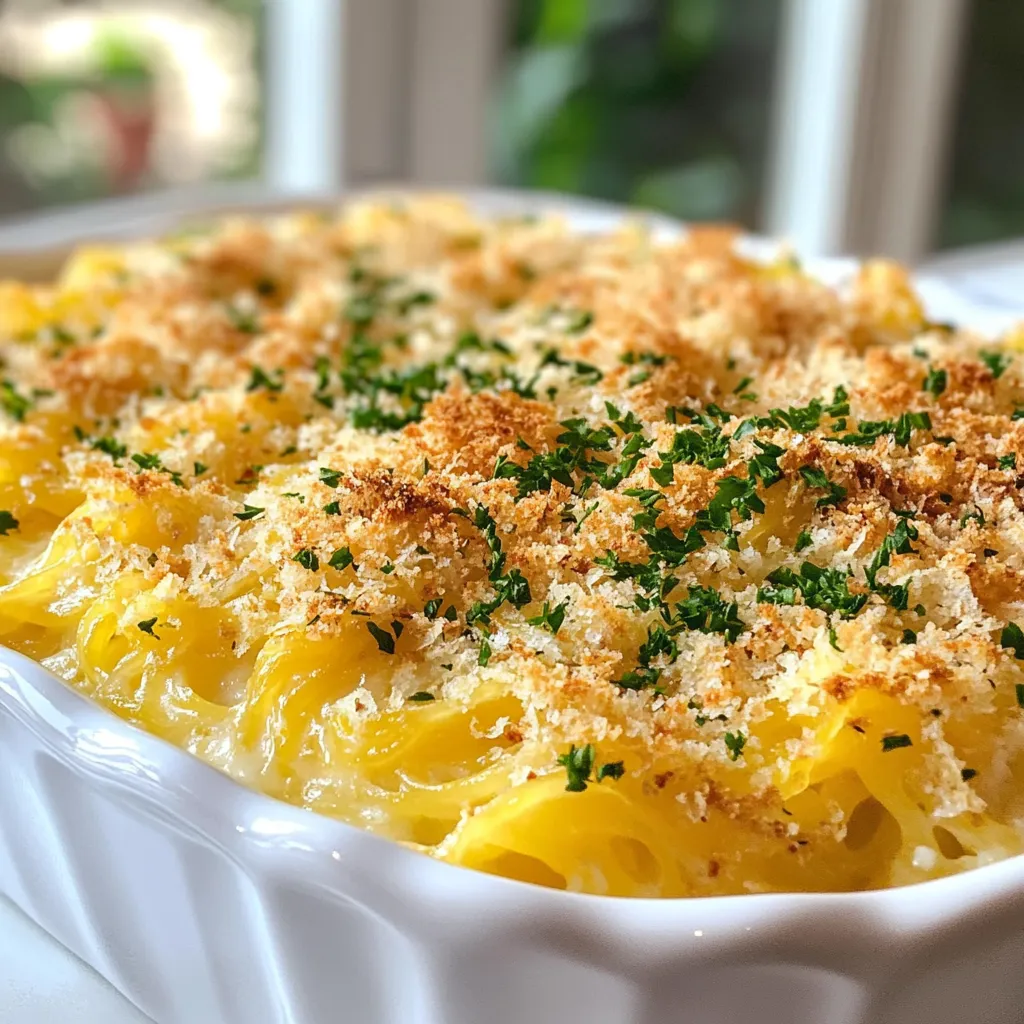 For the best Spaghetti Squash Au Gratin, gather these items: - 1 medium spaghetti squash - 1 cup heavy cream - 1 cup grated Gruyère cheese - 1/2 cup grated Parmesan cheese - 2 cloves garlic, minced - 1/2 teaspoon nutmeg - 1 tablespoon olive oil - Salt and pepper to taste - 1/2 cup breadcrumbs - Fresh parsley, chopped (for garnish) Using fresh and high-quality ingredients makes a big difference. Choose a firm spaghetti squash with a smooth skin. The cream should be rich and thick. I always prefer using Gruyère cheese for its great flavor. Freshly grated cheese melts better than pre-packaged options. Also, buy fresh garlic for a stronger taste. You can swap some ingredients if needed. For a lighter dish, use half-and-half instead of heavy cream. Any melty cheese works well. Try cheddar or mozzarella if you want a different flavor. If you need a dairy-free option, use coconut cream and a dairy-free cheese. You can skip the breadcrumbs for a lower-carb option. Just top with extra cheese instead. {{ingredient_image_1}} First, preheat your oven to 375°F (190°C). This step is key for even cooking. Next, take a medium spaghetti squash. Cut it in half lengthwise. Use a spoon to scoop out the seeds. Drizzle olive oil inside each half. Season with salt and pepper. Place the squash cut-side down on a baking sheet. Roast it in the oven for about 30-40 minutes. Check for tenderness; the flesh should pull into strands easily. While the squash roasts, grab a medium saucepan. Heat it on medium heat. Add minced garlic and sauté for about one minute until fragrant. Pour in one cup of heavy cream, stirring gently. Bring this mixture to a simmer. Add a pinch of nutmeg and season with salt and pepper. Reduce the heat and mix in one cup of grated Gruyère cheese. Stir until it melts. Then add half a cup of grated Parmesan cheese. Make sure everything blends well. Once the squash cools, use a fork to scrape the flesh into spaghetti-like strands. In a large mixing bowl, combine these strands with the creamy cheese mixture. Mix it all well. Transfer the combined mixture to a greased baking dish. Top with breadcrumbs and the rest of the Parmesan cheese. Bake in the oven for 20-25 minutes. Look for a golden, bubbling top. Once done, let it cool slightly. Garnish with chopped parsley before serving. Enjoy your scrumptious spaghetti squash au gratin! To roast spaghetti squash well, first, cut it in half. Use a sharp knife for safety. Scoop out the seeds with a spoon. Then, drizzle the inside with olive oil. Add salt and pepper for taste. Place the squash cut-side down on a baking sheet. Roast it at 375°F (190°C) for 30 to 40 minutes. You know it's done when you can easily pull the flesh into strands with a fork. You can change the flavor of your dish easily. Add more garlic for a stronger taste. A pinch of red pepper flakes gives a nice kick. Want a sweeter touch? Add a little maple syrup or honey. For a fresh taste, mix in some lemon juice. Always taste your mixture before baking. Adjust the seasonings to match your preference. To make this dish, you will need a few key tools. Here’s a list to help you prepare: - Sharp knife - Spoon for scooping seeds - Baking sheet - Medium saucepan - Mixing bowl - Fork for shredding squash - Greased baking dish These tools will help you create a delicious spaghetti squash au gratin with ease. Having the right equipment makes cooking more fun and less stressful. Pro Tips Choosing the Right Squash: Look for a spaghetti squash that feels heavy for its size with a firm skin, indicating freshness and good flavor. Enhancing Flavor: For an extra flavor kick, consider adding diced onion or a pinch of cayenne pepper to the cheese sauce. Breadcrumb Alternatives: If you prefer a gluten-free option, substitute regular breadcrumbs with crushed gluten-free crackers or almond flour. Serving Suggestions: This dish pairs beautifully with a simple green salad or roasted vegetables for a complete meal. {{image_2}} To make this dish vegetarian, simply keep the cheese. For a vegan version, swap the heavy cream with coconut cream or cashew cream. Use a plant-based cheese that melts well. Nutritional yeast can add a cheesy flavor too. You can also add in some cooked veggies like spinach or mushrooms for extra nutrients. These swaps keep the dish creamy and delicious. Cheese choices can change the taste of your dish. Instead of Gruyère, try cheddar or fontina for a sharper flavor. A mix of cream cheese and mozzarella gives a rich texture. If you want something tangy, goat cheese works great. Just remember to adjust the amount based on how strong you want the flavor. For a heartier meal, add protein to your au gratin. Cooked chicken or turkey can blend well. You can also use cooked sausage or bacon for a smoky flavor. If you prefer plant-based options, try adding lentils or chickpeas. They add protein without changing the creamy texture. Adjust your cooking time based on the protein you choose to ensure everything cooks through. To keep your Spaghetti Squash Au Gratin fresh, store it in an airtight container. I recommend letting it cool first. This helps avoid steam buildup. Place the leftovers in the fridge. Use them within three days for the best taste. When you’re ready to enjoy your leftovers, preheat your oven to 350°F (175°C). Transfer the dish to an oven-safe dish. Cover it with foil to keep moisture in. Heat for about 15-20 minutes. You can also use a microwave. Just heat in short bursts, checking often. If stored properly in the fridge, your Spaghetti Squash Au Gratin lasts up to three days. If you want to keep it longer, consider freezing it. In the freezer, it can last for about two months. Just make sure to label it with the date. Spaghetti Squash Au Gratin is a creamy, cheesy dish. It uses roasted spaghetti squash as a base. The squash gets mixed with heavy cream, Gruyère, and Parmesan cheese. Then, you top it with breadcrumbs for a crunchy finish. This dish is rich in flavor and texture. It's a great way to enjoy vegetables in a comforting style. Yes, you can make this dish ahead of time. Prepare the spaghetti squash and cheese mix. Then, store them in the fridge. When ready to bake, combine them and add breadcrumbs. Bake as you normally would. This method saves time on busy days. Just remember to adjust the baking time if the dish is cold from the fridge. You know the spaghetti squash is done when it is tender. When you poke it with a fork, it should feel soft. You can also pull the strands easily from the shell. This usually takes about 30-40 minutes in the oven at 375°F. If you see a little browning on the edges, that’s a good sign too! We covered how to make a delicious Spaghetti Squash Au Gratin. I shared the key ingredients, tips for quality, and substitution ideas. You learned step-by-step instructions for cooking and baking. I included useful tricks for perfect roasting and flavor adjustments. We also explored variations, storage, and reheating tips. This dish is easy to make and can fit many diets. Enjoy experimenting with flavors and alternatives to make it your own!