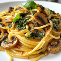 To make Vegan Spinach Mushroom Pasta, gather these ingredients: - 8 oz spaghetti or any pasta of choice - 2 tablespoons olive oil - 1 medium onion, finely chopped - 3 cloves garlic, minced - 8 oz mushrooms, sliced (cremini or button) - 4 cups fresh spinach, roughly chopped - 1 teaspoon soy sauce - 1 teaspoon nutritional yeast (optional, for a cheesy flavor) - 1/2 teaspoon smoked paprika - Salt and pepper to taste - Fresh basil or parsley, for garnish These ingredients work together to create a tasty and healthy dish. The mushrooms and spinach bring rich flavors and nutrients. Each ingredient in this pasta plays a role in health: - Spinach: This leafy green is full of vitamins A and C. It also has iron and calcium, which help your body stay strong. - Mushrooms: They provide fiber, protein, and important minerals like selenium. They add a meaty texture without meat. - Olive Oil: This healthy fat contains antioxidants. It helps support heart health. - Garlic: Garlic is known for boosting the immune system. It adds a wonderful flavor too. - Nutritional Yeast: This ingredient gives a cheesy taste. It is also a good source of B vitamins. Each bite of this pasta not only satisfies your taste buds but also nourishes your body. If you have dietary needs, don't worry! You can swap out some ingredients: - Pasta: Use gluten-free pasta if you avoid gluten. Zucchini noodles are also a great option. - Olive Oil: You can use avocado oil or coconut oil instead. Both add healthy fats. - Mushrooms: Try using eggplant or zucchini if you dislike mushrooms. They offer different textures. - Soy Sauce: Use tamari for a gluten-free option or coconut aminos for a sweeter taste. - Nutritional Yeast: If you don't have it, skip it. The dish will still taste great. Feel free to make the recipe your own! {{ingredient_image_1}} Start by boiling water in a large pot. Add a good pinch of salt to the water. This adds flavor to the pasta. Once the water is boiling, add your pasta. I usually use spaghetti, but any pasta works. Cook the pasta according to the package instructions until it is al dente. This means it should be firm but not hard. When done, save half a cup of pasta water. This helps with the sauce later. Drain the pasta and set it aside while you prepare the veggies. Grab a large skillet and heat two tablespoons of olive oil over medium heat. Once it’s hot, add one finely chopped onion. Sauté it until it becomes soft and slightly clear, about five minutes. Then, add three minced garlic cloves to the skillet. Cook this mixture for about one minute. The garlic will make your kitchen smell amazing! Next, increase the heat to medium-high. Add eight ounces of sliced mushrooms. Cook these for five to seven minutes. Stir them often until they soften and turn golden brown. Finally, toss in four cups of roughly chopped spinach. Cook it for two to three minutes, just until it wilts down. Now it’s time to add flavor. Stir in one teaspoon of soy sauce, along with one teaspoon of nutritional yeast if you like a cheesy flavor. Add half a teaspoon of smoked paprika, salt, and pepper to taste. Mix everything well to combine the flavors. If it looks dry, pour in some of that reserved pasta water. This will help create a light sauce. Next, add the drained pasta to the skillet. Toss everything together gently. Make sure the pasta is coated with your tasty vegetable mix. Now, serve it hot and garnish with fresh basil or parsley for a colorful finish. Enjoy your meal! To get the best flavor, heat the olive oil in a large skillet. Use medium heat for the onions. This helps them cook evenly and become sweet. Cook the onions until they are soft and clear, which takes about five minutes. Then, add the garlic. This step gives the dish a strong aroma. Stir it around for about one minute. Be careful not to burn the garlic, as it can taste bitter. Next, raise the heat to medium-high. Add the sliced mushrooms. Cook them for five to seven minutes. Stir occasionally to help them brown. This browning adds depth to your dish. When they soften, you’re ready for the next step. If you want a creamier sauce, try adding a splash of plant-based milk. Almond or coconut milk works well. After adding the spinach, pour in about half a cup. This will make your pasta smooth and rich. It also gives a nice contrast to the earthiness of the mushrooms. You can also mix in a spoonful of vegan cream cheese for added creaminess. To achieve al dente pasta, cook it in a large pot of boiling, salted water. Follow the package instructions closely. Usually, this means cooking for about eight to ten minutes. Al dente means the pasta will still have a slight bite. To know when it’s ready, taste a piece before draining. If it’s firm but not hard, you nailed it! Remember to save half a cup of pasta water. This water helps bind the sauce later on. Pro Tips Use Fresh Ingredients: Fresh spinach and mushrooms will enhance the flavor and texture of your pasta dish, making it more vibrant and delicious. Adjust the Spice: Feel free to add red pepper flakes or your favorite spices to the sautéed vegetables for an extra kick of heat. Experiment with Pasta: Try different types of pasta, like whole wheat or gluten-free, to suit your dietary preferences without compromising taste. Make it Creamy: For a creamier sauce, consider adding a splash of plant-based cream or a dollop of vegan sour cream before mixing in the pasta. {{image_2}} You can easily make this dish gluten-free. Choose gluten-free pasta made from rice, quinoa, or lentils. These options cook well and taste great. Always check the package for cooking times. Gluten-free pasta may need less time than regular pasta. This lets you enjoy the same flavors without worries. Need protein? Add beans or tofu to the dish. Chickpeas work well and add a nutty taste. For a meatier texture, use firm tofu. First, press and cube the tofu. Then, sauté it with the onions until golden. This not only boosts protein but also makes the meal more filling. Feel free to add more veggies for extra flavor and nutrients. Bell peppers, zucchini, or sun-dried tomatoes can enhance the dish. If you like spice, try adding red pepper flakes. Mix and match your favorite veggies. This keeps the dish fresh and exciting every time you make it. After you enjoy your vegan spinach mushroom pasta, store the leftovers in a sealed container. Make sure the pasta cools down first. This helps keep it fresh and tasty. Place it in the fridge. It will last for about three to four days. If you want to keep it longer, freezing is a great option. When you’re ready to eat your leftovers, reheat them on the stove for the best taste. Add a splash of water or vegetable broth to help bring back moisture. Heat on low, stirring often. You can also microwave it in a bowl. Cover it with a damp paper towel. Heat in short bursts, stirring in between. This keeps the pasta soft and prevents it from drying out. To freeze your vegan spinach mushroom pasta, place it in an airtight container or a freezer bag. Make sure to remove as much air as possible. Label the bag with the date. It can stay in the freezer for up to three months. When you’re ready to eat, thaw it in the fridge overnight. Reheat it as mentioned earlier for the best results. This way, you can enjoy this flavorful dish anytime! Yes, you can use frozen spinach. It saves time and is easy to find. Just thaw the spinach first and drain any excess water. This step helps avoid a watery dish. Frozen spinach often has a similar flavor to fresh spinach. It is a great way to enjoy this meal even when fresh spinach is not available. You can serve this pasta with a fresh salad or garlic bread. A simple green salad adds crunch and freshness. Garlic bread pairs well and is easy to make. Just spread vegan butter on bread, sprinkle garlic powder, and toast until golden. For extra flavor, try adding some roasted vegetables on the side. Nutritional yeast is not necessary, but it adds a nice cheesy flavor. If you want that taste, I recommend using it. If you do not have it, the dish will still taste great. You can also try other seasonings to enhance flavors. Just adjust according to your taste. This blog post covered everything you need for Vegan Spinach Mushroom Pasta. We explored key ingredients, their health benefits, and substitutions. I shared step-by-step cooking instructions for perfect pasta and veggies. You also learned tips for better sautéing and a creamier sauce. We looked at gluten-free options and how to add protein and extra veggies. Finally, I gave storage tips to keep leftovers fresh. Try these ideas, and enjoy creating a tasty meal that fits your needs!