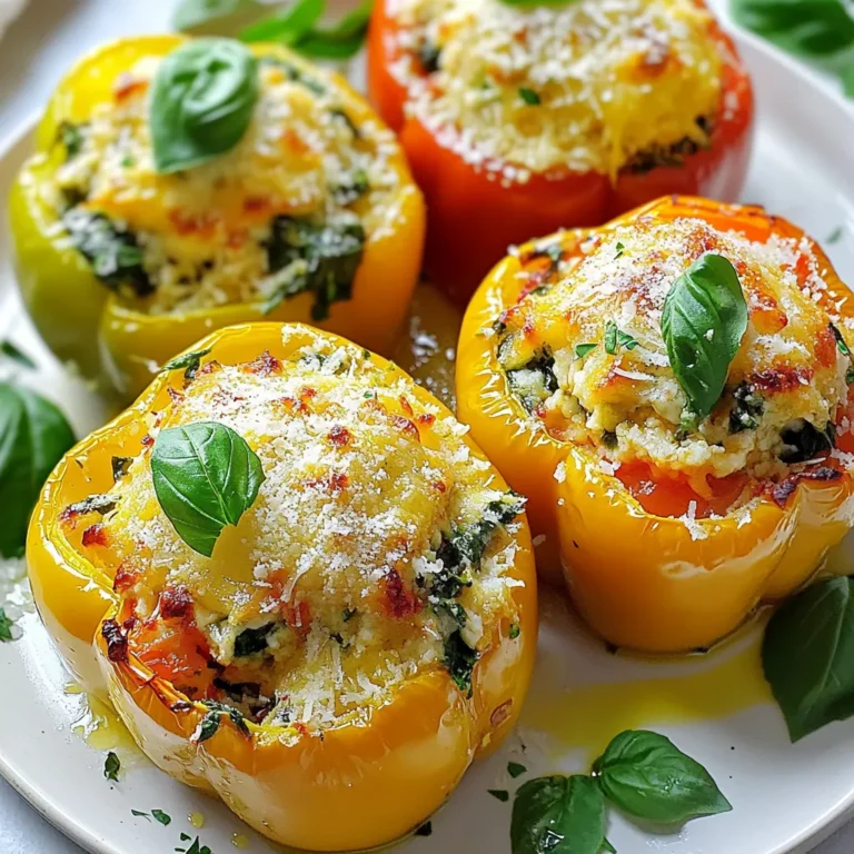 For this dish, you will need: - 4 large bell peppers (red, yellow, or orange) - 1 cup ricotta cheese - 2 cups fresh spinach, chopped - 1 cup cooked quinoa - 1/2 cup grated Parmesan cheese - 1 teaspoon garlic powder - 1 teaspoon onion powder - Salt and pepper to taste - 1/4 teaspoon red pepper flakes (optional for a kick) - 1 tablespoon olive oil - Fresh basil leaves for garnish - Bell Peppers: Rich in vitamin C and antioxidants. They help boost your immune system. - Ricotta Cheese: A great source of protein and calcium. It adds creaminess to the dish. - Spinach: Packed with iron, vitamins A and K. It supports your overall health. - Quinoa: High in protein and fiber. It makes this meal filling and nutritious. - Parmesan Cheese: Adds flavor and calcium but use in moderation due to sodium. If you want to make changes, here are some ideas: - Dairy-Free: Use tofu or a cashew-based cheese instead of ricotta. - Gluten-Free: Quinoa is already gluten-free. No need for changes. - Vegan: Replace ricotta with a plant-based cheese and skip the Parmesan. - Spicy: Add diced jalapeños or hot sauce for extra heat. Feel free to mix and match to fit your taste and dietary needs! {{ingredient_image_1}} Start by preheating your oven to 375°F (190°C). This ensures even cooking. Next, take your large bell peppers and cut off the tops. Remove the seeds and membranes inside. Set them aside on a plate. In a large bowl, mix ricotta cheese, chopped spinach, cooked quinoa, and grated Parmesan cheese. Add garlic powder, onion powder, salt, and pepper. If you want a bit of heat, toss in red pepper flakes. Combine all the ingredients well. Drizzle olive oil over the insides of the peppers. This adds flavor and helps them cook better. Fill each pepper with the spinach and ricotta mixture. Make sure to pack it in tightly. Place the stuffed peppers upright in a baking dish. If they wobble, slice a small piece off the bottom. This gives them a flat base. Cover the dish with aluminum foil. Bake in the oven for 25 minutes. After 25 minutes, take off the foil. Bake for another 15 minutes. You want the peppers to be tender and the cheese lightly golden. Always wash your hands before cooking. Use a cutting board for chopping and mixing. When handling hot dishes, use oven mitts to protect your hands. Be careful when removing the foil; steam can cause burns. Let the peppers cool for a few minutes before serving. Enjoy your healthy and tasty meal! When choosing bell peppers, look for ones that are firm. They should feel heavy for their size. Bright colors mean freshness. Avoid any that have soft spots or wrinkles. Red, yellow, and orange peppers are sweeter than green ones, so pick your favorite! To make the filling creamier, add a bit more ricotta cheese. You can also mix in a splash of milk or cream. For a richer taste, blend in some cream cheese. This change makes the filling smooth and dreamy, perfect for your peppers. If your oven runs hot, check the peppers early. You may need to reduce the time. For convection ovens, lower the temperature by about 25°F. If using a toaster oven, watch closely, as they can cook faster. Always ensure your peppers are tender and the cheese is golden. Pro Tips Choose Colorful Peppers: Use a mix of red, yellow, and orange bell peppers for a vibrant presentation and a range of flavors. Make Ahead: You can prepare the filling and stuff the peppers a day in advance. Just cover and refrigerate, then bake when ready to serve. Don’t Overcook: Keep an eye on your peppers while baking to ensure they remain tender but not mushy. A slight crunch adds great texture! Experiment with Cheese: Feel free to substitute or mix in other cheeses like mozzarella or feta for a different flavor profile. {{image_2}} You can add protein to the spinach ricotta mix. Chicken or tofu works well. If you choose chicken, use cooked and shredded chicken breast. For tofu, use firm tofu. Press it to remove extra water, then crumble it. Mix your choice into the filling for added flavor and nutrition. Spices and herbs can make your dish pop. Try adding a pinch of nutmeg for warmth. Fresh herbs like parsley or thyme can brighten the taste. You can also add Italian seasoning for a classic touch. Adjust the spices based on your taste. A little tweak can change the whole dish! If you're watching carbs, make some easy swaps. Instead of quinoa, use cauliflower rice. It has fewer carbs and adds a nice texture. You can also skip the cheese or use a low-fat version. These changes keep the flavor but lower the carbs. Enjoy the stuffed peppers without worry! To store leftover stuffed peppers, let them cool first. Place them in an airtight container. They will stay fresh in the fridge for up to three days. Label the container with the date for easy tracking. This way, you know when to use them. If you want to freeze stuffed peppers, prepare them as usual but do not bake them yet. Wrap each pepper in plastic wrap, then place them in a freezer-safe bag. They can stay in the freezer for up to three months. When you're ready to eat, just thaw them in the fridge overnight. To reheat stuffed peppers, preheat your oven to 350°F (175°C). Place the peppers on a baking sheet and cover them with foil. Bake for about 20 minutes, or until heated through. If you want a crispy top, remove the foil for the last five minutes. Enjoy the warm, cheesy goodness! Yes, you can use frozen spinach. Just thaw it first. Squeeze out any extra water. This way, your filling stays creamy and not soggy. The stuffed peppers last about three to four days. Store them in an airtight container. This keeps them fresh and tasty for your next meal. I love to serve these peppers with a side salad. A light vinaigrette pairs well. You can also add some crusty bread or a grain like quinoa for a full meal. Absolutely! Grilling adds a nice smoky flavor. Just wrap them in foil and place them on the grill. Cook for about 20 minutes, or until they're tender. Enjoy the outdoor twist! Spinach ricotta stuffed peppers combine ripe bell peppers, creamy filling, and key nutrients. I shared steps to prepare, bake, and store this dish. Tips on selecting peppers and making your filling even richer were included. Variations let you customize it with proteins or spices. In the end, these stuffed peppers are tasty, fun, and easy to make. Whether for a weeknight meal or a gathering, they will impress. Enjoy putting your spin on this recipe!