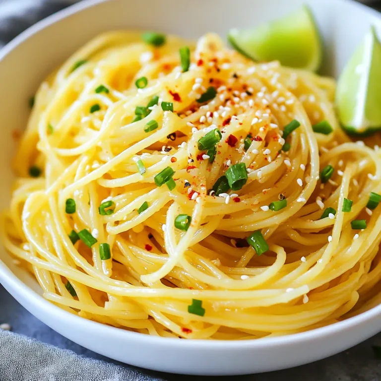 - 8 oz (225 g) spaghetti or rice noodles - 4 tablespoons olive oil - 6 garlic cloves, minced - 1 teaspoon red pepper flakes (adjust to taste) - 2 tablespoons soy sauce or tamari These main ingredients are key to making your vegan garlic noodles shine. The noodles serve as the base. You can use either spaghetti or rice noodles based on your preference. Olive oil provides richness and helps sauté the garlic. Garlic brings strong flavor, while red pepper flakes add just the right amount of heat. Soy sauce or tamari gives the dish a savory depth. - 1 tablespoon maple syrup - 1 tablespoon sesame oil - 4 green onions, chopped - 1 tablespoon sesame seeds - Fresh cilantro for garnish (optional) - Lime wedges for serving To boost flavor, add maple syrup for a hint of sweetness. Sesame oil adds a nutty taste that pairs well with the garlic. Chopped green onions and sesame seeds add crunch and freshness. Fresh cilantro gives a bright finish, while lime wedges add zest and balance the dish. These elements turn simple noodles into a vibrant meal. {{ingredient_image_1}} To start, cook your spaghetti or rice noodles. Follow the package directions for best results. Once done, drain them well. Rinsing under cold water is key. This stops the noodles from cooking more and helps keep them firm. Next, heat olive oil in a large skillet over medium heat. Add minced garlic and red pepper flakes. Stir gently as the garlic cooks. Watch closely so it does not burn. Cook for about two minutes until it smells great. The garlic should turn golden but not brown. Now, pour soy sauce, maple syrup, and sesame oil into the skillet. Stir well to mix the flavors. Let it cook for one to two minutes. Then, add your cooked noodles to the skillet. Toss them gently to coat with the sauce. Heat everything for two to three minutes until warm. Remove from heat and mix in chopped green onions and sesame seeds. For a pop of color, add fresh cilantro if you like. Serve the noodles in bowls and include lime wedges on the side. The lime will add a bright touch to the dish. To adjust the spice level, start with one teaspoon of red pepper flakes. If you want more heat, add a bit more. Taste as you go. Balancing flavors is key. You can add more soy sauce for saltiness or maple syrup for sweetness. Also, consider adding veggies like bell peppers or spinach. They add texture and nutrients. For making garlic noodles, you need a large skillet or wok. A non-stick surface helps prevent sticking. Heat your pan over medium heat before adding olive oil. This helps the oil spread evenly. When sautéing garlic, keep the heat moderate. Too high, and it burns. A golden color is what you want. To serve your noodles, use a large bowl. Twirl the noodles for a nice look. Top with green onions and sesame seeds for color. Try adding sliced radishes for crunch. If you want more flavor, drizzle with extra sesame oil. It adds a rich finish. Using lime wedges on the side gives a fresh pop. Pro Tips Fresh Garlic is Key: Always use fresh garlic for the best flavor. Pre-minced garlic can lose its pungency, resulting in a milder taste. Adjust Spice Level: Feel free to adjust the amount of red pepper flakes based on your heat preference. Start with less and add more if needed. Use Quality Soy Sauce: Choose a high-quality soy sauce or tamari for a richer taste. Low-sodium options can also help control the salt level. Customize Your Noodles: Experiment with different types of noodles like udon or soba for a unique twist on this classic dish. {{image_2}} If you want to make vegan garlic noodles gluten-free, use gluten-free noodles. You can find rice noodles or gluten-free spaghetti at most stores. Check the package to ensure they are truly gluten-free. This way, you can still enjoy the dish without worry. Adjust the cooking time based on your noodle choice. Always rinse them after cooking to stop the cooking process. You can easily add plant-based protein to this dish. Tofu and tempeh are great options. Simply cube tofu and sauté it until golden. For tempeh, steam it first to soften, then sauté it with the garlic. You can also toss in veggies like broccoli or bell peppers. This adds color and nutrition, making your meal more balanced. Feel free to explore different sauces for more flavor. Try teriyaki for a sweet touch or chili soy for a kick. You can also swap out herbs to change the taste. Fresh basil or mint can make the dish feel new. Experiment with these options to find your favorite flavor profile. To store leftover garlic noodles, place them in an airtight container. This helps keep them fresh and tasty. Let the noodles cool down first before sealing them tight. You can keep them in the fridge for up to four days. After that, they may lose flavor or texture. When reheating garlic noodles, use a skillet for the best results. Heat a little olive oil in the pan, then add the noodles. Stir them gently to warm up. This method keeps the flavor strong and the noodles nice. Avoid the microwave if you can, as it can make the noodles mushy. If you must use it, heat in short bursts and add a splash of water to help. Yes, you can make this recipe oil-free. Here are some great alternatives to oil: - Use vegetable broth to sauté garlic. - Try water or a splash of vinegar for cooking. - You can also use unsweetened applesauce in some dishes. These swaps will keep your noodles tasty without the oil. Many options work as soy sauce replacements. Here are a few: - Tamari is a good gluten-free choice. - Coconut aminos offer a sweeter flavor. - Liquid aminos can add a similar taste. - For a homemade option, mix water with miso paste. All these choices will keep your dish flavorful. Want to spice things up? Here are some suggestions: - Add more red pepper flakes to the sauce. - Include chopped fresh chili peppers for heat. - Try a splash of hot sauce during cooking. - Use spicy sesame oil for an extra kick. Feel free to adjust the heat to match your taste! This blog post covers how to make delicious garlic noodles. You learned about key ingredients like spaghetti or rice noodles and essential flavors from garlic and soy sauce. I shared step-by-step instructions for cooking and mixing, plus tips for enhancing taste and presentation. You also discovered variations, gluten-free options, and how to store leftovers. Garlic noodles are easy and fun to prepare. With the right techniques, you can impress anyone with this dish. Enjoy experimenting with different flavors and make it your own!